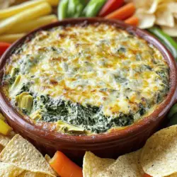 To make a tasty creamy spinach and artichoke dip, you need fresh and simple ingredients. Here’s the detailed list: - 2 cups fresh spinach, chopped - 1 (14 oz) can artichoke hearts, drained and roughly chopped - 1 cup cream cheese, softened - 1/2 cup sour cream - 1/2 cup mayonnaise - 1 cup grated Parmesan cheese - 1 cup shredded mozzarella cheese - 2 cloves garlic, minced - 1/2 teaspoon onion powder - Salt and pepper to taste - 1/4 teaspoon crushed red pepper flakes (optional for heat) You can add your favorite extras to change the flavor: - Cooked and crumbled bacon for a smoky taste - Fresh herbs like parsley or basil for freshness - A squeeze of lemon juice for brightness Using the right mix of ingredients makes the dip rich and creamy. The combination of cheeses adds depth, while spinach and artichokes provide a lovely texture. This dip is not just easy to make, but also fun to customize! For the complete recipe, check the Full Recipe section. To make this creamy spinach and artichoke dip, start by gathering your ingredients. You will need fresh spinach, canned artichoke hearts, cream cheese, sour cream, mayonnaise, Parmesan cheese, mozzarella cheese, garlic, onion powder, and some spices. 1. Mix the Creamy Base: In a large bowl, combine the softened cream cheese, sour cream, and mayonnaise. Use a mixer or a sturdy spoon to blend until smooth. This step is key for a creamy dip. 2. Add the Good Stuff: Fold in the chopped spinach and artichoke hearts. Add the minced garlic and half of the mozzarella cheese. Mix gently to keep the spinach and artichokes intact. 3. Season It Up: Sprinkle in the onion powder, salt, pepper, and crushed red pepper flakes if you like some heat. Mix everything until well combined. This adds flavor and richness. 4. Transfer to Dish: Scoop the mixture into a baking dish. Spread it evenly to ensure even cooking. Top it with the remaining mozzarella cheese for that gooey, melty finish. 1. Preheat the Oven: Set your oven to 350°F (175°C). This allows for even baking and helps the cheese melt perfectly. 2. Bake the Dip: Place the dish in the oven. Bake it for 25 to 30 minutes. You know the dip is ready when it bubbles and the top turns golden brown. 3. Cool and Serve: Once baked, take the dip out. Let it cool for a few minutes before diving in. This dip pairs well with tortilla chips, toasted bread, or fresh veggies. For the full recipe, check out the Creamy Spinach & Artichoke Delight section. Enjoy creating this creamy treat! To make a smooth and creamy dip, start with softened cream cheese. If it’s too cold, it might clump. Mix it well with sour cream and mayonnaise until it’s smooth. Add your spinach and artichokes gently. Be careful not to over-mix. This keeps the chunks of artichoke intact for a nice bite. Avoid common mistakes. Do not skip the garlic; it adds a nice flavor. Too much salt can ruin your dip, so add it slowly. If you want heat, try crushed red pepper flakes, but not too much. You can serve this dip with many sides. Tortilla chips are a classic choice. They add a nice crunch. Toasted bread or baguette slices also work well. For a healthy option, try fresh vegetable sticks like carrots or celery. When it comes to drinks, think about pairing. A crisp white wine goes great with this dip. If you prefer non-alcoholic drinks, try sparkling water with lemon. Both options balance the rich flavor of the dip well. For the complete recipe, check the Full Recipe section. {{image_2}} You can easily change this recipe. Try adding different cheeses for a unique taste. Cheddar cheese adds a sharp flavor. Creamy goat cheese can make it rich. Mix in a bit of feta for a tangy twist. You can also play with spices. A pinch of smoked paprika gives it a warm kick. For a zesty option, add some lemon zest. Feel free to include other vegetables, too. Chopped bell peppers add color and crunch. Mushrooms can give a nice earthy flavor. You can even throw in some sun-dried tomatoes for a burst of sweetness. The more you mix it up, the more fun it becomes! If you want a lighter dip, there are great swaps. Use low-fat cream cheese or Greek yogurt. These keep the creaminess while cutting calories. For a vegan version, replace cream cheese and sour cream with cashew cream or tofu. Nutritional yeast can add a cheesy taste without dairy. When it comes to serving, you can keep it gluten-free. Use corn tortilla chips or veggie sticks. Fresh cucumbers or carrot sticks work well. This way, everyone can enjoy the dip, regardless of diet. To keep your creamy spinach and artichoke dip fresh, store it in an airtight container. This helps keep out moisture and air. You can refrigerate it for up to four days. If you want to save some for later, freezing is a great option. Use a freezer-safe container and leave some space at the top, as the dip may expand when frozen. When you want to eat it again, just thaw it in the fridge overnight. To reheat the dip, place it in an oven-safe dish. Cover it with foil to keep the moisture in. Heat it at 350°F (175°C) for about 15-20 minutes. This will help it warm up without drying out. You can also use the microwave, but be careful to stir it often. This helps it heat evenly. In the fridge, your creamy spinach and artichoke dip will last about four days. If you freeze it, expect it to stay fresh for up to three months. Just remember, the taste and texture may change a bit after freezing. For the best flavor, try to eat it within a month. What can I use instead of cream cheese? You can use Greek yogurt or ricotta cheese. Both will give a creamy texture. They also add a nice flavor to the dip. Can this dip be made ahead of time? Yes! You can prepare the dip a day before. Just cover it and store it in the fridge. When ready, bake it as the recipe shows. How do I make the dip spicier? Add crushed red pepper flakes or diced jalapeños. You can also use pepper jack cheese for a spicy kick. What are the best substitutes for sour cream? Plain yogurt works well. You can also use cashew cream for a dairy-free option. Both keep the dip rich and creamy. Can I bake this dip in a slow cooker? Absolutely! Just mix all the ingredients and place them in the slow cooker. Cook on low for about 2-3 hours. Stir occasionally and enjoy the warm dip. For the full recipe, check out the detailed instructions above. This blog post covered everything you need to make a great creamy spinach and artichoke dip. You learned about the ingredients, preparation steps, and baking tips to ensure tasty results. We discussed essential tips for the best flavor and texture. Plus, we explored fun variations and health-conscious options. Don’t forget how to store leftovers for later enjoyment. With these ideas, you'll impress everyone at your next gathering. Now, get in the kitchen and create your perfect dip!