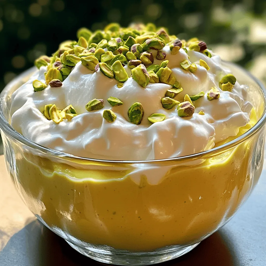 - 1 cup shelled pistachios (unsalted) - 2 ½ cups whole milk - ¾ cup granulated sugar - 1/4 cup cornstarch - 1/4 teaspoon salt - 2 teaspoons vanilla extract - 3 tablespoons unsalted butter - Whipped cream (for serving) - Chopped pistachios (for garnish) When you measure the pistachios, make sure they are unsalted. This keeps the pudding sweet and creamy. For the milk, use whole milk for the best taste. If you want a richer flavor, you can substitute half-and-half. The sugar adds sweetness, but you can adjust it based on your taste. Cornstarch thickens the pudding, so use it carefully. If you want a smoother finish, sift it before using. If you are allergic to nuts, try using sunflower seeds instead of pistachios. For a dairy-free version, use almond milk or coconut milk. You can also swap the butter for a vegan butter alternative. If you don’t have vanilla extract, use almond extract for a different twist. These swaps can change the flavor but still keep the creamy texture you want. To start, you need to grind the pistachios. Place one cup of shelled, unsalted pistachios in a food processor. Pulse them until you get a fine grind. Be careful not to turn them into a paste. Set aside one tablespoon for a tasty garnish later. Next, grab a medium saucepan. In it, whisk together the ground pistachios, sugar, cornstarch, and salt. Mix these well. Slowly pour in 2 ½ cups of whole milk, whisking as you go. This helps prevent lumps. Now, turn on the heat to medium. Stir the mixture constantly. Watch as it thickens over about 8-10 minutes. You want it to reach a pudding-like texture. Once it's thick enough, take it off the heat. Stir in 2 teaspoons of vanilla extract and 3 tablespoons of unsalted butter until they melt and blend in. Pour the pudding into serving dishes or a big bowl. Let it cool to room temperature. Cover it with plastic wrap, pressing it right onto the surface. This stops a skin from forming. Chill it in the fridge for at least 2 hours. When you're ready to serve, add a dollop of whipped cream on top. Finish with a sprinkle of the reserved chopped pistachios for that extra crunch. For the full recipe, check the linked details. Enjoy your delicious pistachio pudding! When making pistachio pudding, avoid a few common errors. First, do not over-process the pistachios. You want them finely ground, but not a paste. This gives your pudding the right texture. Second, be careful with the heat. If it’s too high, your pudding may burn. Stir constantly to keep it smooth. Lastly, don’t skip chilling. This step helps the flavors develop and gives the pudding the right consistency. To get your pudding super creamy, use whole milk. The fat content in whole milk helps create a rich mouthfeel. Another trick is to whisk the mixture well while it cooks. This keeps it smooth and free of lumps. If you want an even creamier pudding, add an extra tablespoon of butter at the end. This simple addition makes a big difference. Serving pistachio pudding can be fun! Top your pudding with a generous dollop of whipped cream. This adds sweetness and lightness. Sprinkle chopped pistachios on top for a nice crunch. You can also serve it in clear cups to show off that beautiful green color. For a special touch, add a drizzle of chocolate sauce. It pairs well with the nuttiness of the pistachios. Remember, this creamy delight is best enjoyed chilled! For the full recipe, check out the [Full Recipe]. {{image_2}} You can easily change the flavor of your pistachio pudding. Adding chocolate gives it a rich taste. Just melt some dark chocolate and mix it in when the pudding thickens. For an almond twist, add almond extract instead of vanilla. This change brings a lovely nutty flavor that pairs well with pistachios. You can even blend in other nuts. Hazelnuts or walnuts can add a fun crunch and new taste. If you want a dairy-free or vegan option, I have you covered. Use almond milk or coconut milk in place of whole milk. This swap keeps the pudding creamy and delicious. For a vegan option, replace butter with coconut oil. You can also use a plant-based sweetener instead of granulated sugar. These changes make the pudding friendly for various diets. How you serve your pistachio pudding can make a big difference. Use clear cups or jars to show off the rich green color. Top each serving with a dollop of whipped cream for a nice contrast. A sprinkle of chopped pistachios adds texture and looks pretty. You can even layer the pudding with crushed cookies for a fun dessert. For a festive touch, add fresh mint leaves or edible flowers on top. This makes your creamy delight not only tasty but also beautiful to look at. After you enjoy your pistachio pudding, store any leftovers in the fridge. Use an airtight container to keep it fresh. It will taste best if eaten within three days. Press plastic wrap directly onto the pudding's surface to avoid a skin forming. You can freeze pistachio pudding if you need to save it longer. Pour the pudding into a freezer-safe container, leaving space at the top for expansion. Seal it tightly and label it with the date. It can last for up to two months in the freezer. To enjoy it later, thaw it in the fridge overnight. If you want to enjoy your pudding warm, heat it gently. Place it in a saucepan over low heat. Stir it often to keep it smooth. If it seems too thick, add a splash of milk to loosen it. Never heat it too fast, or it might clump. Pistachio pudding lasts about 3 to 5 days in the fridge. To keep it fresh, store it in an airtight container. Make sure to cover the surface with plastic wrap to avoid a skin forming. This keeps the creamy texture you love. Yes, you can use other nuts! Almonds or hazelnuts work great. Just grind them finely, like the pistachios. Adjust the sugar based on the nut type, as some are sweeter. This adds a fun twist to your pudding. You can get creative with leftover pudding! Use it as a filling for cakes or pastries. Top it on pancakes or waffles for a sweet breakfast. You could also mix it into smoothies for a nutty flavor. Enjoy every last bite! This article covered the best ingredients and simple steps for making pistachio pudding. We discussed tips to avoid mistakes and how to achieve the best texture. You can even customize flavors or make it dairy-free. Proper storage keeps your pudding fresh longer. I hope you feel ready to make this yummy treat. Enjoy your pistachio pudding!