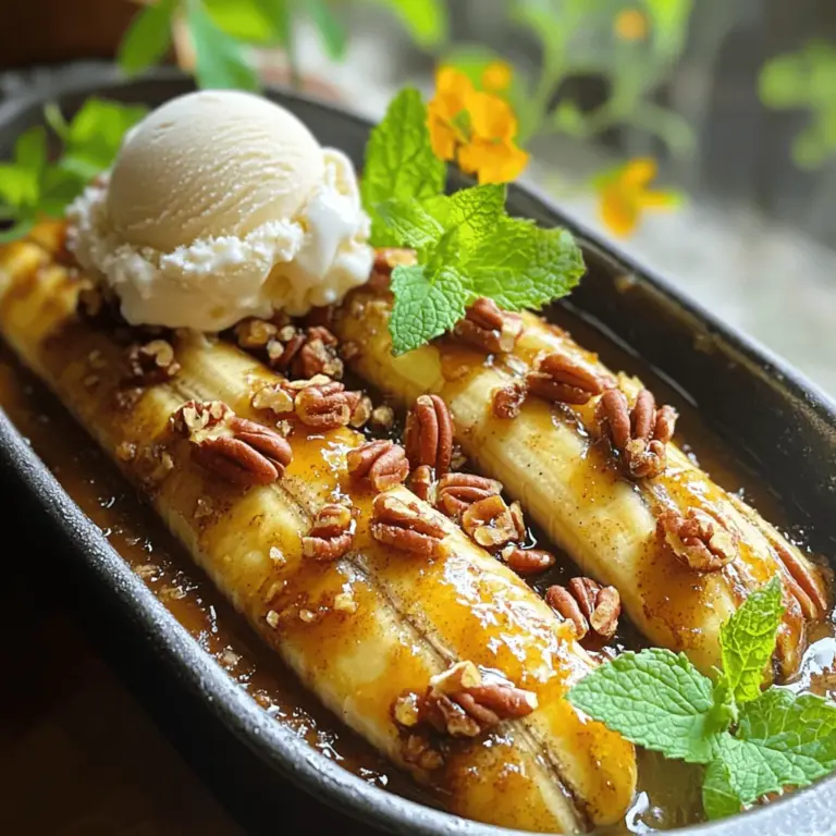 To make Southern Bananas Foster, you need simple ingredients. You will blend sweet bananas with rich butter and brown sugar. This dessert cooks quickly and serves four people. It's a warm treat perfect for any occasion. Here’s what you need to gather: - 4 ripe bananas, sliced lengthwise - 1/2 cup brown sugar - 1/4 cup unsalted butter - 1 teaspoon ground cinnamon - 1/2 teaspoon vanilla extract - 1/4 cup chopped pecans (or walnuts) - Vanilla ice cream, for serving These ingredients work together to create a sweet, caramelized sauce. The bananas soak up all that goodness. The brown sugar and cinnamon add depth to the dish. While the dessert is tasty on its own, you can add some fun extras: - Fresh mint leaves, for garnish Mint adds a nice pop of color and freshness. You can also sprinkle more nuts on top if you like. These garnishes make your dessert look great and taste even better. For the full recipe, check our guide! Begin with the right ingredients. Gather these items for your Southern Bananas Foster: - 4 ripe bananas, sliced lengthwise - 1/2 cup brown sugar - 1/4 cup unsalted butter - 1 teaspoon ground cinnamon - 1/2 teaspoon vanilla extract - 1/4 cup chopped pecans or walnuts - Vanilla ice cream, for serving - Fresh mint leaves, for garnish Make sure your bananas are ripe. This ensures they are sweet and soft. The butter should be unsalted for a perfect balance of flavors. Now, let’s cook! Start by melting the butter in a large skillet over medium heat. Wait until it is foamy but not browned. Add the brown sugar and cinnamon. Stir until the sugar dissolves. You want the mixture to bubble gently. Next, gently place the sliced bananas into the skillet. Turn them to coat in the caramel sauce. Cook for about 1-2 minutes until they are warmed through. Stir in the vanilla extract and chopped nuts. Let everything combine and heat for another minute. This creates a lovely blend of flavors. Time to serve! Take a scoop of vanilla ice cream and place it in a bowl. Spoon the warm banana mixture generously over the ice cream. The contrast of warm and cold is magical. For a beautiful finish, garnish with fresh mint leaves. Serve immediately to enjoy the warm sauce. Drizzle any extra sauce over the ice cream for an extra treat. Enjoy your delightful dessert! For Bananas Foster, use ripe bananas. They should be yellow with a few brown spots. These bananas taste sweeter and have a softer texture. Avoid green bananas; they are too firm and not sweet enough. The perfect banana adds flavor and helps the dish shine. You can adjust the sweetness to fit your taste. If you like it sweeter, add more brown sugar. Start with a tablespoon more and taste as you go. If it’s too sweet, add a pinch of salt. Salt balances the sweetness and enhances flavors. Flaming the dish adds a fun touch. To do this safely, add rum after cooking the bananas. Let it warm for a moment, then carefully ignite it. Stand back and let the flames dance. This creates a show and adds deep flavor. Remember to keep a fire extinguisher nearby for safety. Enjoy the experience and thrill of making this dessert! For more details, check the Full Recipe. {{image_2}} To make a nut-free Bananas Foster, simply skip the pecans or walnuts. You can still enjoy the dish without the crunch. Use the same recipe as before. The bananas, butter, and brown sugar bring all the flavor you need. The ice cream also adds great creaminess. This keeps it safe for those with nut allergies. Want to jazz things up? Try adding a splash of rum or whiskey. This gives your dessert a warm kick. You can also add a hint of coconut for a tropical twist. Just mix in some coconut milk or shredded coconut. These flavors blend well with the sweet bananas. Feel free to experiment with spices, too. A pinch of nutmeg can add depth to your dish. If you want a vegan version, swap the butter with coconut oil or vegan butter. Use a dairy-free ice cream to serve. Almond or coconut ice cream works great. For the brown sugar, make sure it’s vegan-friendly. This way, you can enjoy a delicious dessert while staying true to your diet. The flavors remain rich and delightful. You won’t miss the dairy at all. For the full recipe, check out the main article. Enjoy these variations, and make them your own! To store leftover Southern Bananas Foster, let it cool first. Place it in an airtight container. Make sure to seal it tightly. You can keep it in the fridge for up to three days. This helps retain the flavor and texture. If you notice any liquid, that’s normal. It’s the sauce that has separated a bit. When you are ready to enjoy your leftovers, reheat them gently. Use a small pot on low heat. Stir often to avoid burning. You can also use the microwave. Place the mixture in a microwave-safe bowl. Heat it in short bursts, about 30 seconds at a time. Check often to ensure it’s warm but not hot. You can freeze Southern Bananas Foster, but be aware it may change texture. To freeze, place it in a freezer-safe container. Make sure to leave space at the top for expansion. It can last in the freezer for about two months. When ready to eat, thaw it overnight in the fridge. Reheat as mentioned before for the best results. Enjoy this delightful dessert anytime! No, you should not make Bananas Foster ahead of time. This dessert tastes best when served fresh. The bananas can turn mushy and lose flavor when stored. If you want to prep, slice the bananas and keep them in lemon juice. This helps prevent browning. When you're ready, just cook the sauce and add the bananas. If you don’t have rum, you can use other options. Try whiskey or brandy for a similar flavor. You can also skip the alcohol altogether. Just add a splash of orange juice or extra vanilla extract. This will keep the taste bright and delicious. Yes, you can use other fruits for a twist! Pineapples and peaches work great. Slice them like you would the bananas. Just keep an eye on cooking time since different fruits soften at different rates. You can also mix fruits for a fun flavor blend. You learned how to make delicious Southern Bananas Foster, step by step. We covered the key ingredients, cooking methods, and helpful tips to get it just right. There are also variations to suit your taste and storing advice for leftovers. With a little practice, you can make this dessert shine at any gathering. Enjoy impressing friends with your culinary skills while serving a classic dish that warms hearts and satisfies cravings. Happy cooking!