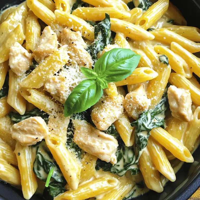 - 1 pound boneless, skinless chicken breasts, diced - 2 cups penne pasta - 4 cups chicken broth - 1 cup heavy cream - 1 cup grated Parmesan cheese - 2 tablespoons olive oil - 3 cloves garlic, minced - 1 teaspoon dried Italian seasoning - 1 teaspoon salt - ½ teaspoon black pepper - 2 cups fresh spinach - Fresh basil for garnish (optional) - Calories: Approximately 600 per serving - Protein: 40 grams - Carbohydrates: 50 grams - Fats: 25 grams - Fiber: 3 grams In this Instant Pot creamy chicken pasta recipe, fresh ingredients shine. The chicken adds protein and flavor. The penne pasta cooks perfectly in the broth. Heavy cream makes the sauce rich and smooth. Grated Parmesan cheese gives a nice salty bite. I love using olive oil to sauté the chicken. It helps to brown the meat and adds a lovely flavor. Garlic brings warmth and depth. I often use dried Italian seasoning for that classic taste. Salt and black pepper balance all the flavors. Fresh spinach adds a pop of color and nutrients. You can also add fresh basil for a lovely finish. Tracking nutritional information is key. This dish is hearty but still offers a good balance of nutrients. You can adjust ingredients based on your needs. For example, you could use less cream for a lighter meal. This recipe offers a complete meal in one pot. It’s easy to make and full of flavor. Don't forget to check the Full Recipe for detailed steps! - Set your Instant Pot to the sauté function. - Add 2 tablespoons of olive oil. - Once hot, add 1 pound of diced chicken. - Cook for 5-7 minutes until the chicken is browned. - Add 3 cloves of minced garlic. - Sauté for 1-2 minutes until fragrant. - Pour in 4 cups of chicken broth. - Add 2 cups of penne pasta and stir well. - Mix in 1 teaspoon of dried Italian seasoning. - Add 1 teaspoon of salt and ½ teaspoon of black pepper. - Stir everything together. - Close the lid and set the valve to sealing. - Cook on high pressure for 4 minutes. - Once done, perform a quick release by turning the valve to venting. - Open the lid and stir in 1 cup of heavy cream. - Add 1 cup of grated Parmesan cheese and mix until smooth. - Fold in 2 cups of fresh spinach until wilted. - Your meal is ready to serve, and it looks amazing! You can find the full recipe to guide you through each step! To make your pasta just right, avoid overcooking it. The Instant Pot cooks pasta fast. Use the timing in the recipe for best results. If you use a different pasta type, adjust the liquid. Some pasta absorbs more water. Keep an eye on your liquid levels as you cook. Boost the taste of your dish by adding extra herbs or spices. Italian seasoning works great, but feel free to experiment. Fresh herbs like thyme or rosemary can add depth. You can also toss in some vegetables. Spinach is a great choice, but you can add bell peppers or peas too. Pair your creamy chicken pasta with simple side dishes. A fresh salad or garlic bread complements it well. For wine lovers, a light white wine is perfect. A Sauvignon Blanc or Pinot Grigio can enhance the meal. Enjoy the flavors together for a delightful dining experience. {{image_2}} You can easily change the protein in this dish. Use shrimp for a seafood twist. Shrimp cooks quickly and adds a fresh taste. You can also try sausage for a heartier flavor. Sausage brings a nice spice that works well with the cream sauce. If you want a lighter option, substitute turkey for chicken. Turkey is lean and packed with protein. For a plant-based choice, use tofu. Tofu absorbs flavors well and makes the meal filling. If you need gluten-free options, select gluten-free pasta. Many brands offer pasta that cooks just like regular penne. This way, you can enjoy the same creamy goodness without gluten. For those avoiding dairy, try coconut milk or cashew cream. Both give a rich texture without the dairy. You can also use nutritional yeast as a cheese substitute. It adds a cheesy flavor without any dairy. Want to enhance the taste? Add sun-dried tomatoes for a burst of flavor. Their sweetness pairs beautifully with the cream. You might also enjoy the briny taste of olives. They add a Mediterranean twist to your dish. For a bright touch, squeeze in some lemon juice or add lemon zest. This small addition lifts the dish and adds a refreshing element. These simple changes can make your creamy chicken pasta even more exciting. For the full recipe, check out the details above. To store your leftovers, first let the pasta cool down. Then, place it in an airtight container. This will keep it fresh. You can store it in the fridge for up to three days. Make sure to label the container with the date you made it. For longer storage, freezing is a great option. Divide the pasta into single servings. Use freezer-safe containers or bags. Squeeze out as much air as you can to prevent freezer burn. You can freeze the pasta for up to three months. When you are ready to eat it, thaw it overnight in the refrigerator. This helps keep the texture nice. You can also thaw it in the microwave if you're in a hurry. To reheat your pasta, use a microwave or a stovetop. If using a microwave, place the pasta in a bowl and add a splash of water or cream. This helps keep it moist. Cover the bowl with a lid or a paper towel. Heat it in short intervals, stirring in between. Aim for a temperature of 165°F to ensure it is hot all the way through. If reheating on the stovetop, add a bit of broth or cream in a pan. Heat over low until warm. Stir often to keep it from sticking. Enjoy your creamy chicken pasta just like the first time! The total cooking time is about 30 minutes. This includes a 10-minute prep time and 20 minutes for cooking. You can enjoy a delicious meal in no time! Yes, you can use frozen chicken breasts. Just add an extra 2-3 minutes to the cooking time. Make sure to check that the chicken reaches a safe internal temperature of 165°F. You can serve this dish with many sides. Here are some popular choices: - Garlic bread - Caesar salad - Steamed broccoli - Roasted vegetables Garnishing with fresh basil adds a nice touch, too! Yes, you can easily double this recipe. Just make sure your Instant Pot is large enough. Adjust the ingredients accordingly, but the cooking time stays the same. Enjoy more of this creamy goodness! This blog post covered a tasty creamy chicken pasta recipe. We went through key ingredients and their nutritional value. I shared step-by-step instructions for making this dish in an Instant Pot. You also learned tips for perfecting the pasta, serving suggestions, and fun variations. Now, it’s time to get cooking and enjoy this simple and delicious meal. With a few adjustments, you can make it your own. Bon appétit!