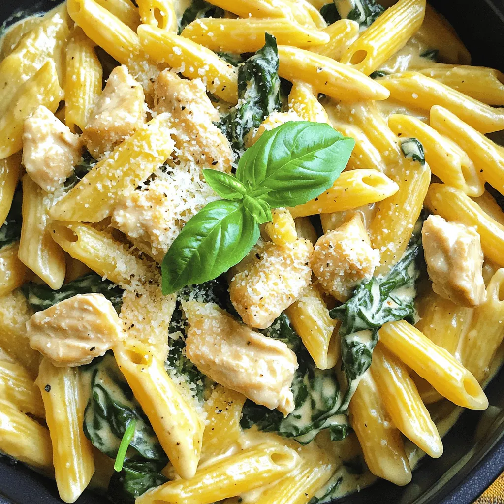 - 1 pound boneless, skinless chicken breasts, diced - 2 cups penne pasta - 4 cups chicken broth - 1 cup heavy cream - 1 cup grated Parmesan cheese - 2 tablespoons olive oil - 3 cloves garlic, minced - 1 teaspoon dried Italian seasoning - 1 teaspoon salt - ½ teaspoon black pepper - 2 cups fresh spinach - Fresh basil for garnish (optional) - Calories: Approximately 600 per serving - Protein: 40 grams - Carbohydrates: 50 grams - Fats: 25 grams - Fiber: 3 grams In this Instant Pot creamy chicken pasta recipe, fresh ingredients shine. The chicken adds protein and flavor. The penne pasta cooks perfectly in the broth. Heavy cream makes the sauce rich and smooth. Grated Parmesan cheese gives a nice salty bite. I love using olive oil to sauté the chicken. It helps to brown the meat and adds a lovely flavor. Garlic brings warmth and depth. I often use dried Italian seasoning for that classic taste. Salt and black pepper balance all the flavors. Fresh spinach adds a pop of color and nutrients. You can also add fresh basil for a lovely finish. Tracking nutritional information is key. This dish is hearty but still offers a good balance of nutrients. You can adjust ingredients based on your needs. For example, you could use less cream for a lighter meal. This recipe offers a complete meal in one pot. It’s easy to make and full of flavor. Don't forget to check the Full Recipe for detailed steps! - Set your Instant Pot to the sauté function. - Add 2 tablespoons of olive oil. - Once hot, add 1 pound of diced chicken. - Cook for 5-7 minutes until the chicken is browned. - Add 3 cloves of minced garlic. - Sauté for 1-2 minutes until fragrant. - Pour in 4 cups of chicken broth. - Add 2 cups of penne pasta and stir well. - Mix in 1 teaspoon of dried Italian seasoning. - Add 1 teaspoon of salt and ½ teaspoon of black pepper. - Stir everything together. - Close the lid and set the valve to sealing. - Cook on high pressure for 4 minutes. - Once done, perform a quick release by turning the valve to venting. - Open the lid and stir in 1 cup of heavy cream. - Add 1 cup of grated Parmesan cheese and mix until smooth. - Fold in 2 cups of fresh spinach until wilted. - Your meal is ready to serve, and it looks amazing! You can find the full recipe to guide you through each step! To make your pasta just right, avoid overcooking it. The Instant Pot cooks pasta fast. Use the timing in the recipe for best results. If you use a different pasta type, adjust the liquid. Some pasta absorbs more water. Keep an eye on your liquid levels as you cook. Boost the taste of your dish by adding extra herbs or spices. Italian seasoning works great, but feel free to experiment. Fresh herbs like thyme or rosemary can add depth. You can also toss in some vegetables. Spinach is a great choice, but you can add bell peppers or peas too. Pair your creamy chicken pasta with simple side dishes. A fresh salad or garlic bread complements it well. For wine lovers, a light white wine is perfect. A Sauvignon Blanc or Pinot Grigio can enhance the meal. Enjoy the flavors together for a delightful dining experience. {{image_2}} You can easily change the protein in this dish. Use shrimp for a seafood twist. Shrimp cooks quickly and adds a fresh taste. You can also try sausage for a heartier flavor. Sausage brings a nice spice that works well with the cream sauce. If you want a lighter option, substitute turkey for chicken. Turkey is lean and packed with protein. For a plant-based choice, use tofu. Tofu absorbs flavors well and makes the meal filling. If you need gluten-free options, select gluten-free pasta. Many brands offer pasta that cooks just like regular penne. This way, you can enjoy the same creamy goodness without gluten. For those avoiding dairy, try coconut milk or cashew cream. Both give a rich texture without the dairy. You can also use nutritional yeast as a cheese substitute. It adds a cheesy flavor without any dairy. Want to enhance the taste? Add sun-dried tomatoes for a burst of flavor. Their sweetness pairs beautifully with the cream. You might also enjoy the briny taste of olives. They add a Mediterranean twist to your dish. For a bright touch, squeeze in some lemon juice or add lemon zest. This small addition lifts the dish and adds a refreshing element. These simple changes can make your creamy chicken pasta even more exciting. For the full recipe, check out the details above. To store your leftovers, first let the pasta cool down. Then, place it in an airtight container. This will keep it fresh. You can store it in the fridge for up to three days. Make sure to label the container with the date you made it. For longer storage, freezing is a great option. Divide the pasta into single servings. Use freezer-safe containers or bags. Squeeze out as much air as you can to prevent freezer burn. You can freeze the pasta for up to three months. When you are ready to eat it, thaw it overnight in the refrigerator. This helps keep the texture nice. You can also thaw it in the microwave if you're in a hurry. To reheat your pasta, use a microwave or a stovetop. If using a microwave, place the pasta in a bowl and add a splash of water or cream. This helps keep it moist. Cover the bowl with a lid or a paper towel. Heat it in short intervals, stirring in between. Aim for a temperature of 165°F to ensure it is hot all the way through. If reheating on the stovetop, add a bit of broth or cream in a pan. Heat over low until warm. Stir often to keep it from sticking. Enjoy your creamy chicken pasta just like the first time! The total cooking time is about 30 minutes. This includes a 10-minute prep time and 20 minutes for cooking. You can enjoy a delicious meal in no time! Yes, you can use frozen chicken breasts. Just add an extra 2-3 minutes to the cooking time. Make sure to check that the chicken reaches a safe internal temperature of 165°F. You can serve this dish with many sides. Here are some popular choices: - Garlic bread - Caesar salad - Steamed broccoli - Roasted vegetables Garnishing with fresh basil adds a nice touch, too! Yes, you can easily double this recipe. Just make sure your Instant Pot is large enough. Adjust the ingredients accordingly, but the cooking time stays the same. Enjoy more of this creamy goodness! This blog post covered a tasty creamy chicken pasta recipe. We went through key ingredients and their nutritional value. I shared step-by-step instructions for making this dish in an Instant Pot. You also learned tips for perfecting the pasta, serving suggestions, and fun variations. Now, it’s time to get cooking and enjoy this simple and delicious meal. With a few adjustments, you can make it your own. Bon appétit!