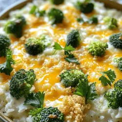 To make a delightful Cheesy Broccoli Rice Casserole, gather these simple ingredients: - 2 cups cooked white or brown rice - 2 cups fresh broccoli florets (or frozen, thawed) - 1 cup shredded cheddar cheese - ½ cup cream cheese, softened - 1 cup vegetable or chicken broth - 1 cup milk - 1 teaspoon garlic powder - 1 teaspoon onion powder - ½ teaspoon paprika - ¼ teaspoon black pepper - ¼ teaspoon salt (adjust to taste) - 1 cup breadcrumbs (optional, for topping) - 2 tablespoons olive oil (for the topping) These ingredients work together to create a creamy, cheesy dish. The rice and broccoli form a hearty base. The cheeses add richness and flavor. The spices give it a nice kick. Cream cheese makes the casserole smooth and soft. Broth and milk keep it moist. If you like a crunchy top, add breadcrumbs mixed with olive oil. This will make the dish even more appealing. Trust me, using fresh or frozen broccoli is easy. Each option brings a lovely green color and taste. I recommend using quality cheddar cheese for the best flavor. You can try different cheeses if you’d like. Just keep the cream cheese for that creamy texture. For a complete recipe, check out the Full Recipe. - Preheat your oven to 350°F (175°C). - If you use fresh broccoli, steam it for 3-4 minutes. It should be bright green and slightly tender. If you choose frozen broccoli, make sure it is thawed and drained. - In a large bowl, combine the cooked rice, broccoli, ½ cup of cheddar cheese, cream cheese, broth, milk, garlic powder, onion powder, paprika, black pepper, and salt. - Stir until everything is mixed well. - Pour the mixture into a greased 9x13-inch baking dish. Spread it out evenly. - In a small bowl, mix breadcrumbs with olive oil until well coated. This step adds a nice crunch. - Sprinkle the breadcrumb mix on top, then add the remaining ½ cup of cheddar cheese. - Bake for 30-35 minutes, or until the top is golden brown and bubbly. This Cheesy Broccoli Rice Casserole is so comforting. For the full recipe, check out the earlier section. To get the best cheesiness and creaminess in your casserole, use a mix of cheeses. I love using sharp cheddar for flavor and cream cheese for a smooth texture. Combine them well with the other ingredients for a rich taste. Also, let the casserole cool for about 5-10 minutes before serving. This helps it set and makes serving easier. You’ll enjoy the full flavor when it’s not too hot. Fresh herbs can enhance the flavor of your dish. I suggest using parsley or chives. Just chop them up and sprinkle them on top. This not only adds taste but also gives the dish a beautiful look. You can also drizzle olive oil around the edges of the serving dish. It adds a nice shine and makes it more appealing. If your oven runs hot or cool, adjust your cooking time. Keep an eye on the casserole as it bakes. You want it to be bubbly and golden brown on top. For a crispy topping, try broiling it for the last few minutes. Just watch it closely to prevent burning. These small changes can make your casserole even better. For the full recipe, check out the complete guide above. {{image_2}} You can easily swap out the cheese in this casserole. If you want a vegan option, try using vegan cheese. It melts well and still gives that cheesy flavor. You can also change the rice you use. Brown rice adds a nutty taste and more fiber. Cauliflower rice can make your dish lighter and lower in carbs. Feel free to add more veggies to your casserole. Carrots, peas, or bell peppers work great. They add color and nutrition. If you want to make this dish a full meal, include some protein. Cooked chicken, turkey, or even beans can make it heartier. Just mix them in with the rice and broccoli. For gluten-free options, look for gluten-free breadcrumbs. Many brands offer great choices that taste just as good. If you need a dairy-free option, use almond milk instead of regular milk. For cream cheese, try a dairy-free cream cheese. These swaps will keep the casserole creamy and tasty! For the full recipe, check out the [Full Recipe] section. To keep your leftover Cheesy Broccoli Rice Casserole fresh, place it in an airtight container. Store it in the fridge. It will stay good for about 3 to 5 days. Make sure to let it cool before sealing the container. If you want to save some for later, freezing is a great option. First, let the casserole cool completely. Then, cut it into portions. Wrap each piece tightly in plastic wrap. Place the wrapped portions in a freezer-safe bag or container. This way, it can last for up to 3 months. When you’re ready to eat, take it out and thaw in the fridge overnight. Reheating can be done in a microwave or an oven. For the microwave, place a portion on a microwave-safe plate. Cover it with a damp paper towel. Heat for 2-3 minutes, checking halfway. For the oven, preheat it to 350°F (175°C) and place the casserole in an oven-safe dish. Cover it with foil to keep it moist. Heat for about 20 minutes. Make sure to check that it’s warm all the way through. This helps keep it from drying out. Enjoy your cheesy delight anytime! For the complete cooking method, check the Full Recipe. Yes, you can make this casserole ahead. Simply prepare it up to the baking step. Cover it well and store it in the fridge for up to 24 hours. When you are ready, bake it as directed. This method saves time on busy days. Frozen broccoli works great! It is often picked at peak ripeness and frozen quickly. This keeps the nutrients intact. Just make sure to thaw and drain it before using. This saves time and makes prep easy. To make it vegetarian, use vegetable broth instead of chicken broth. You can also swap the cream cheese for a dairy-free version. Lastly, check your cheese. Use vegetarian cheese if needed. This way, you keep all the cheesy goodness! This dish pairs well with many sides. A fresh green salad adds a nice crunch. You can also serve it with roasted vegetables for extra flavor. For a heartier meal, try it alongside grilled chicken or fish. This blog post shared a simple recipe for Cheesy Broccoli Rice Casserole with easy steps. I went over ingredients, cooking tips, and storage methods. You can customize it with different cheeses or add proteins to fit any meal. Remember to let it cool before serving for the best taste. Whether you make it for family dinner or a gathering, this dish is sure to please. Enjoy cooking and sharing this tasty casserole with your loved ones!