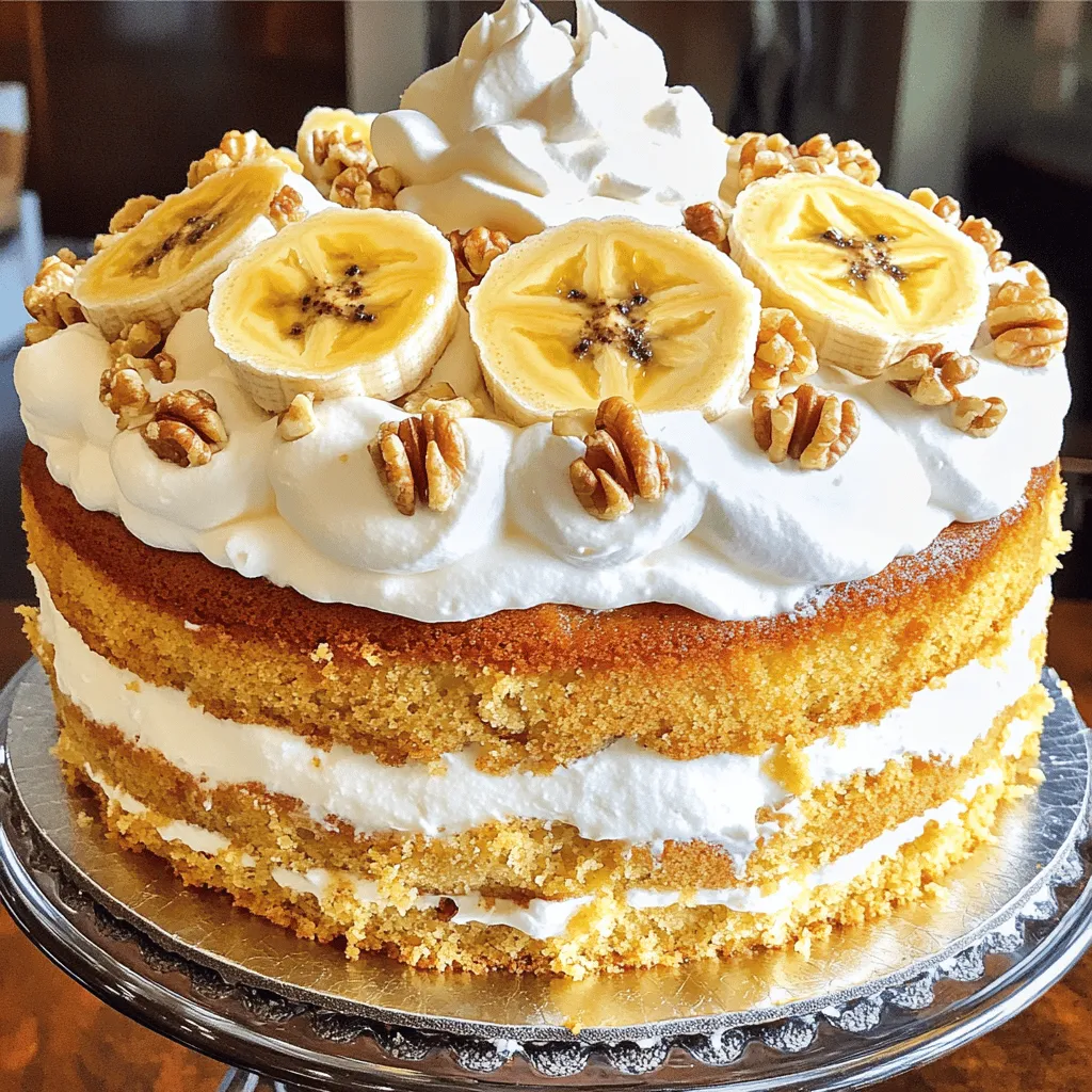 To make this Heavenly Banana Walnut Cream Cake, gather these items: - 2 ripe bananas, mashed - 1 cup granulated sugar - 1/2 cup unsalted butter, softened - 2 large eggs - 1 teaspoon vanilla extract - 1 1/2 cups all-purpose flour - 1 teaspoon baking powder - 1/2 teaspoon baking soda - 1/4 teaspoon salt - 1/2 cup buttermilk - 1 cup walnuts, chopped - 1 cup heavy cream - 2 tablespoons powdered sugar - Optional: additional walnuts or banana slices for decoration Each ingredient plays a key role in the cake’s flavor and texture: - Ripe bananas add natural sweetness and moisture. - Granulated sugar gives sweetness and helps with browning. - Unsalted butter provides richness and a soft texture. - Eggs act as a binder and help the cake rise. - Vanilla extract enhances flavor. - Flour is the backbone of the cake, giving it structure. - Baking powder and baking soda create lift for a light cake. - Salt balances sweetness and brings out flavors. - Buttermilk adds moisture and a slight tang. - Walnuts contribute a crunchy texture and nutty flavor. - Heavy cream is whipped for a rich topping. - Powdered sugar sweetens the cream, making it fluffy. Choosing the right bananas and walnuts makes a big difference: - Bananas: Look for bananas that are ripe with brown spots. They should feel soft but not mushy. The more spots, the sweeter they will be. - Walnuts: Choose fresh, unsalted walnuts. Check for any signs of rancidity or an off smell. Toasting them lightly before adding can enhance their flavor. Follow these tips to ensure your cake is both tasty and delightful! For the full recipe, check out the detailed cooking instructions. 1. First, preheat your oven to 350°F (175°C). This is key for baking. 2. Grease and flour a 9-inch round cake pan. This helps the cake to come out easily. 3. In a mixing bowl, cream together the softened butter and granulated sugar until light and fluffy. This should take about 3 minutes. 4. Next, beat in the eggs one at a time. Stir in the mashed bananas and vanilla extract until well mixed. 5. In another bowl, whisk together the flour, baking powder, baking soda, and salt. This helps the cake rise well. 6. Gradually add the dry mix to the banana mixture, alternating with the buttermilk. Mix until just combined. Don’t overmix! 7. Fold in the chopped walnuts gently. This keeps the walnuts whole for a nice crunch. 8. Pour the batter into the prepared pan and spread it evenly. 9. Bake for about 25-30 minutes. Check with a toothpick in the center. It should come out clean. 10. Once done, let the cake cool in the pan for 10 minutes. Then, transfer it to a wire rack to cool completely. 11. While the cake cools, prepare the whipped cream. In a bowl, whip the heavy cream with the powdered sugar. Whip until soft peaks form. 12. Once the cake has cooled, spread the whipped cream evenly over the top. 13. For fun, garnish with additional walnuts or banana slices. This adds a nice touch and makes it look pretty. For the complete recipe, check out the Full Recipe section. Enjoy your baking! Baking can be tricky, and I’ve seen some common mistakes. First, do not skip the buttermilk. It makes the cake moist. Second, avoid overmixing the batter. This can make your cake tough. Lastly, check your oven temperature. An oven that is too hot can burn the cake. To get that perfect texture, use ripe bananas. They add natural sweetness and moisture. Make sure to mash them well. Next, cream the butter and sugar until fluffy. This adds air and lightens the cake. When mixing, add the dry and wet ingredients alternately. This keeps the batter light. For a lovely presentation, top the cake with whipped cream. You can add banana slices on top for color. Chopped walnuts also add a nice crunch. If you like, drizzle some honey or caramel sauce. This makes the cake even more tempting. For the full recipe, check out the detailed instructions above. {{image_2}} You can switch up some ingredients in the Heavenly Banana Walnut Cream Cake to suit your taste. For example, if you prefer a sweeter cake, use brown sugar instead of granulated sugar. This swap adds a nice caramel flavor. You can also use coconut oil in place of unsalted butter for a different twist. If you want a nut-free cake, simply leave out the walnuts or replace them with sunflower seeds. To make this cake even more exciting, you can add extra flavors. Try mixing in a teaspoon of cinnamon for warmth. You could also add a splash of rum or bourbon for a richer taste. Another option is to fold in chocolate chips for a sweet surprise. You can even mix in some shredded coconut for a tropical vibe. These additions will enhance the cake’s flavor and make it your own. If you have gluten or dairy restrictions, you can still enjoy this cake. Use a gluten-free flour blend instead of all-purpose flour. Many blends work well and keep the cake moist. For a dairy-free version, replace buttermilk with almond milk mixed with a teaspoon of vinegar. This will mimic the tanginess of buttermilk. Additionally, choose coconut cream or a dairy-free whipped topping for the cake's creamy layer. These changes will help you enjoy this delightful treat without worry. For the complete recipe, check out the Full Recipe. To keep your Heavenly Banana Walnut Cream Cake fresh, store it properly. First, allow the cake to cool fully. Then, cover it with plastic wrap or foil. You can also use an airtight container. This keeps the cake moist and stops it from drying out. If you want to save it for later, refrigerate it. When stored correctly, your cake can last about 3 to 5 days in the fridge. If you freeze it, it can last up to 3 months. Just make sure to wrap it well before freezing. When you are ready to eat it, thaw it in the fridge overnight. If you want to enjoy a warm slice, you can reheat the cake. Place a slice in the microwave for about 10 to 15 seconds. This warms it up nicely without making it dry. Serve it with a dollop of whipped cream or some fresh banana slices for extra flavor. For a fun twist, try adding a sprinkle of cinnamon on top! For the full recipe, visit the Full Recipe section. Yes, you can use frozen bananas. Just thaw them first. Drain any excess liquid. Mash them well before mixing. Frozen bananas work great in baked goods. They are often sweeter and softer. This can enhance the flavor and texture of your cake. You can bake the cake a day before serving. Let it cool completely. Wrap it tightly in plastic wrap. You can also store it in an airtight container. This keeps it fresh and moist. You can whip the cream topping on the day you serve. This way, it stays fluffy and light. If you don't have buttermilk, don't worry. You can make your own. Mix one cup of milk with one tablespoon of vinegar or lemon juice. Let it sit for about five minutes. This will mimic buttermilk's tangy taste. You can also use yogurt or sour cream mixed with water. This blog post covered everything you need for a delicious cake. We explored the key ingredients and their importance. I provided step-by-step baking instructions and tips to avoid common mistakes. You learned about fun variations and how to store your cake properly. Remember, using fresh bananas and walnuts makes a big difference. Bake smart, and enjoy your creation with a tasty whipped cream topping. Now, you have all the tools to make a perfect cake!