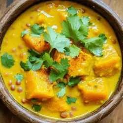 - 1 cup red lentils - 2 cups pumpkin, peeled and diced - 1 medium onion, finely chopped - 3 cloves garlic, minced - 1 tablespoon fresh ginger, grated - 2 tablespoons curry powder - 1 teaspoon turmeric - 1 teaspoon cumin - Salt and pepper to taste - 1 can (14 oz) coconut milk - 2 cups vegetable broth - 1 tablespoon olive oil - Fresh cilantro for garnish When I create my pumpkin lentil curry, I love using fresh and simple ingredients. Red lentils are my go-to because they cook fast and are packed with protein. Pumpkin adds a sweet, creamy texture. I always chop my onion finely for a smoother base. Garlic and ginger bring an aromatic punch that brightens the dish. For spices, I use curry powder, turmeric, and cumin. Each one adds warmth and depth. I adjust salt and pepper to taste, which gives the curry its unique flavor. In terms of liquids, coconut milk gives the dish a rich creaminess. I add vegetable broth to balance it out. Finally, a drizzle of olive oil adds a silky touch, and fresh cilantro on top makes it pop. This simple yet flavorful mix turns into a perfect meal. For the full recipe, check out the details above. - Heat olive oil in a pot over medium heat. - Sauté the chopped onion until it softens, about 5 minutes. - Add minced garlic and grated ginger, cooking until fragrant, about 1 minute. - Stir in curry powder, turmeric, and cumin into the pot. - Toast the spices for about 30 seconds to enhance their flavor. - Add the diced pumpkin and rinsed red lentils to the pot. - Pour in the coconut milk and vegetable broth. - Bring everything to a boil. Then, reduce the heat to a simmer. - Cover the pot and let it simmer for 20-25 minutes. - Stir occasionally until the lentils are tender and the pumpkin is soft. - Taste the curry and season with salt and pepper as needed. - If you want a thinner curry, add more vegetable broth for your desired consistency. - Let the curry sit for a few minutes before serving. - Serve hot, garnished with fresh cilantro on top. For the complete cooking process, check out the full recipe. - Use fresh spices for better taste. Fresh spices hold more oil and flavor. - Adjust seasoning to personal preference. Taste as you go to make it perfect for you. - Consider using a slow cooker for convenience. A slow cooker makes it easy to let flavors meld. - Blend for a creamier texture if desired. Blending adds smoothness and richness to the dish. - Pair with rice or naan. These sides soak up the curry well and add heartiness. - Serve with a side salad for freshness. A crisp salad balances the warm, rich flavors of the curry. {{image_2}} You can boost the protein in your pumpkin lentil curry. Adding chickpeas gives it a hearty twist. They bring a nutty flavor and extra texture. Simply stir in one can of drained chickpeas towards the end of cooking. Tofu is another great option. It absorbs flavors well. Use firm tofu, cut into cubes. Add it to the pot after the spices. This makes the dish even more filling. Feel free to get creative with your vegetables. You can swap pumpkin for other seasonal squash. Butternut squash works nicely and adds sweetness. You can also try acorn squash for a unique taste. Different leafy greens can add color and nutrition. Kale or spinach are excellent choices. Add them in the last few minutes of cooking. They wilt quickly and keep their vibrant color. Spice is a personal choice. If you love heat, add chili powder. Start with a teaspoon and adjust to taste. This can turn up the flavor without overwhelming the dish. For a milder option, use less curry powder. Mix in sweet spices like cinnamon or coriander for warmth. This keeps the dish family-friendly while still being tasty. Try these variations to make your pumpkin lentil curry your own. Enjoy experimenting with flavors and textures! For the full recipe, check out the complete list of ingredients and steps. To keep your pumpkin lentil curry fresh, store it in an airtight container. This method prevents air and moisture from spoiling the flavors. The curry lasts up to 5 days in the fridge, making it great for meal prep. If you want to save some for later, freeze it in portions. This way, you can enjoy a warm meal anytime. It stays good for up to 3 months in the freezer. When you're ready to eat, thaw it in the refrigerator overnight. This gentle method keeps it tasty. Reheat your curry gently on the stove for the best results. Stir it often to ensure even heating. Adding a splash of broth can help maintain its creamy consistency. This way, you’ll enjoy the same great flavor as when you first cooked it. Yes, but cooking times may vary. Red lentils cook faster than green or brown. If you use green or brown lentils, you may need to simmer longer. Check for doneness before serving. Yes, all ingredients are plant-based. This dish is perfect for anyone looking for vegan meals. You can enjoy it without any animal products. Add fresh chilies or more curry powder to taste. You can also try cayenne pepper for an extra kick. Adjust the spice level to fit your preference. Yes, almond milk or vegetable stock can be used for a lighter alternative. Coconut milk gives a rich flavor, but you can switch it for a different taste. Just make sure to adjust spices accordingly. Rice, naan, or a fresh salad are great accompaniments. Rice absorbs the curry's flavors well. Naan is perfect for scooping up the curry. A salad adds freshness to the meal. Follow the full recipe for optimal flavors and texture. Each step builds the dish’s taste. Use fresh ingredients for the best results. This pumpkin lentil curry recipe is simple and delicious. It offers rich flavors and is perfect for any meal. You learned how to cook it step-by-step, from aromatics to garnishing. You can make it your own by adding proteins or spices. It stores well too, lasting up to five days in the fridge or three months in the freezer. Enjoy this dish with rice, naan, or a salad, and savor the healthy goodness it brings to your table. Happy cooking!