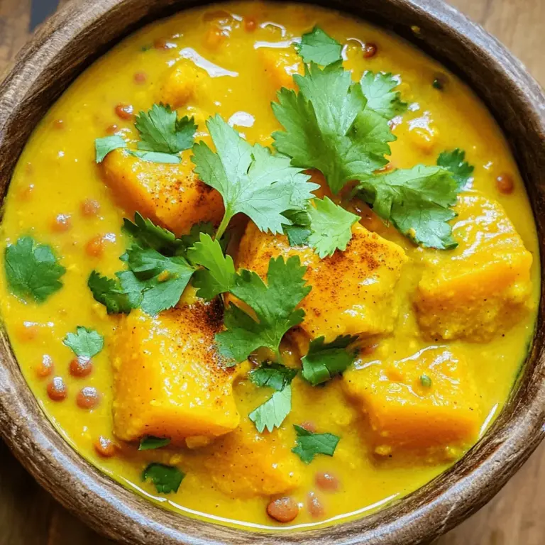 - 1 cup red lentils - 2 cups pumpkin, peeled and diced - 1 medium onion, finely chopped - 3 cloves garlic, minced - 1 tablespoon fresh ginger, grated - 2 tablespoons curry powder - 1 teaspoon turmeric - 1 teaspoon cumin - Salt and pepper to taste - 1 can (14 oz) coconut milk - 2 cups vegetable broth - 1 tablespoon olive oil - Fresh cilantro for garnish When I create my pumpkin lentil curry, I love using fresh and simple ingredients. Red lentils are my go-to because they cook fast and are packed with protein. Pumpkin adds a sweet, creamy texture. I always chop my onion finely for a smoother base. Garlic and ginger bring an aromatic punch that brightens the dish. For spices, I use curry powder, turmeric, and cumin. Each one adds warmth and depth. I adjust salt and pepper to taste, which gives the curry its unique flavor. In terms of liquids, coconut milk gives the dish a rich creaminess. I add vegetable broth to balance it out. Finally, a drizzle of olive oil adds a silky touch, and fresh cilantro on top makes it pop. This simple yet flavorful mix turns into a perfect meal. For the full recipe, check out the details above. - Heat olive oil in a pot over medium heat. - Sauté the chopped onion until it softens, about 5 minutes. - Add minced garlic and grated ginger, cooking until fragrant, about 1 minute. - Stir in curry powder, turmeric, and cumin into the pot. - Toast the spices for about 30 seconds to enhance their flavor. - Add the diced pumpkin and rinsed red lentils to the pot. - Pour in the coconut milk and vegetable broth. - Bring everything to a boil. Then, reduce the heat to a simmer. - Cover the pot and let it simmer for 20-25 minutes. - Stir occasionally until the lentils are tender and the pumpkin is soft. - Taste the curry and season with salt and pepper as needed. - If you want a thinner curry, add more vegetable broth for your desired consistency. - Let the curry sit for a few minutes before serving. - Serve hot, garnished with fresh cilantro on top. For the complete cooking process, check out the full recipe. - Use fresh spices for better taste. Fresh spices hold more oil and flavor. - Adjust seasoning to personal preference. Taste as you go to make it perfect for you. - Consider using a slow cooker for convenience. A slow cooker makes it easy to let flavors meld. - Blend for a creamier texture if desired. Blending adds smoothness and richness to the dish. - Pair with rice or naan. These sides soak up the curry well and add heartiness. - Serve with a side salad for freshness. A crisp salad balances the warm, rich flavors of the curry. {{image_2}} You can boost the protein in your pumpkin lentil curry. Adding chickpeas gives it a hearty twist. They bring a nutty flavor and extra texture. Simply stir in one can of drained chickpeas towards the end of cooking. Tofu is another great option. It absorbs flavors well. Use firm tofu, cut into cubes. Add it to the pot after the spices. This makes the dish even more filling. Feel free to get creative with your vegetables. You can swap pumpkin for other seasonal squash. Butternut squash works nicely and adds sweetness. You can also try acorn squash for a unique taste. Different leafy greens can add color and nutrition. Kale or spinach are excellent choices. Add them in the last few minutes of cooking. They wilt quickly and keep their vibrant color. Spice is a personal choice. If you love heat, add chili powder. Start with a teaspoon and adjust to taste. This can turn up the flavor without overwhelming the dish. For a milder option, use less curry powder. Mix in sweet spices like cinnamon or coriander for warmth. This keeps the dish family-friendly while still being tasty. Try these variations to make your pumpkin lentil curry your own. Enjoy experimenting with flavors and textures! For the full recipe, check out the complete list of ingredients and steps. To keep your pumpkin lentil curry fresh, store it in an airtight container. This method prevents air and moisture from spoiling the flavors. The curry lasts up to 5 days in the fridge, making it great for meal prep. If you want to save some for later, freeze it in portions. This way, you can enjoy a warm meal anytime. It stays good for up to 3 months in the freezer. When you're ready to eat, thaw it in the refrigerator overnight. This gentle method keeps it tasty. Reheat your curry gently on the stove for the best results. Stir it often to ensure even heating. Adding a splash of broth can help maintain its creamy consistency. This way, you’ll enjoy the same great flavor as when you first cooked it. Yes, but cooking times may vary. Red lentils cook faster than green or brown. If you use green or brown lentils, you may need to simmer longer. Check for doneness before serving. Yes, all ingredients are plant-based. This dish is perfect for anyone looking for vegan meals. You can enjoy it without any animal products. Add fresh chilies or more curry powder to taste. You can also try cayenne pepper for an extra kick. Adjust the spice level to fit your preference. Yes, almond milk or vegetable stock can be used for a lighter alternative. Coconut milk gives a rich flavor, but you can switch it for a different taste. Just make sure to adjust spices accordingly. Rice, naan, or a fresh salad are great accompaniments. Rice absorbs the curry's flavors well. Naan is perfect for scooping up the curry. A salad adds freshness to the meal. Follow the full recipe for optimal flavors and texture. Each step builds the dish’s taste. Use fresh ingredients for the best results. This pumpkin lentil curry recipe is simple and delicious. It offers rich flavors and is perfect for any meal. You learned how to cook it step-by-step, from aromatics to garnishing. You can make it your own by adding proteins or spices. It stores well too, lasting up to five days in the fridge or three months in the freezer. Enjoy this dish with rice, naan, or a salad, and savor the healthy goodness it brings to your table. Happy cooking!