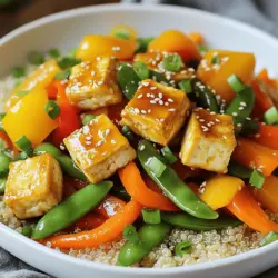 - 1 block (14 oz) firm tofu, pressed and cubed - 2 tablespoons soy sauce - 1 tablespoon sesame oil - 1 tablespoon cornstarch - 2 cups mixed vegetables (bell peppers, broccoli, snap peas, carrots) - 2 cloves garlic, minced - 1-inch piece of ginger, grated - 2 green onions, chopped - 1 tablespoon rice vinegar - 1 tablespoon sesame seeds - Cooked rice or quinoa, for serving Tofu is the star here. It gives protein and a lovely texture. Firm tofu works best. It holds its shape during cooking. Pressing it removes extra water. This makes the tofu crispier when cooked. Soy sauce adds salt and umami flavor. You can choose low-sodium soy sauce to cut back on salt. Sesame oil brings a nutty taste and richness to the dish. It’s best to use toasted sesame oil for more flavor. Mixed vegetables add color and nutrients. Bell peppers bring sweetness, while broccoli offers crunch. Snap peas add a fresh snap, and carrots give a touch of earthiness. Feel free to use your favorites. If you want a different protein, try tempeh or chickpeas. You can also skip the tofu for a veggie-only dish. For soy sauce, use tamari for a gluten-free option. If sesame oil is not available, try olive oil, but the flavor will change. You can swap the mixed vegetables with any seasonal produce you have. Zucchini, mushrooms, or cabbage can all work well. For rice vinegar, apple cider vinegar can be a good substitute. It has a similar tangy flavor. First, press the tofu. Place it between paper towels. This removes extra moisture. Let it sit for about 15 minutes. This step helps the tofu get crisp. After pressing, cut the tofu into small cubes. Aim for bite-sized pieces. This makes cooking faster and easier. Next, marinate the tofu. In a bowl, mix the cubed tofu with soy sauce and sesame oil. Let it sit for at least 10 minutes. The longer it sits, the more flavor it gains. Then, sprinkle cornstarch over the tofu cubes. Gently toss to coat them. This will help create a nice crust when you fry it. Now, it's time to cook the tofu. Heat a non-stick skillet or wok over medium-high heat. Add sesame oil to the pan. Once hot, add the tofu cubes. Cook them until they turn golden brown. This usually takes about 4 to 5 minutes. Make sure to stir occasionally. Once the tofu is crispy, transfer it to a plate and set it aside. In the same skillet, add minced garlic and grated ginger. Sauté for about 30 seconds. You want to smell that great aroma! Next, add your mixed vegetables. Stir-fry them for 4 to 5 minutes. They should be crisp and tender. After that, return the cooked tofu to the skillet. Add the leftover soy sauce and rice vinegar. Toss everything together gently. Cook for another minute to heat it through. Finally, serve the stir-fry over cooked rice or quinoa. Garnish with sesame seeds and chopped green onions. Enjoy your tasty creation! For the complete recipe, check the Full Recipe. To get crispy tofu, start with firm tofu. Press it well to remove moisture. Lay it between paper towels and place a weight on top for 15 minutes. Once dry, cut it into cubes. Coat the cubes with cornstarch. This step adds crunch when frying. Heat oil in a skillet over medium-high heat. Cook the tofu until golden brown, about 4-5 minutes. Flip the cubes gently to ensure all sides get crispy. The best veggies for stir-frying are colorful and quick-cooking. I love using bell peppers, broccoli, snap peas, and carrots. These add great flavor and texture. You can also try zucchini or mushrooms for variety. Make sure to cut them into bite-sized pieces. This helps them cook evenly and quickly. Stir-fry them until they are crisp-tender. This keeps them vibrant and fresh. If you like spice, add some heat to your stir-fry! You can include red pepper flakes or sliced jalapeños. Start with a small amount and adjust to your taste. Another option is to add sriracha or chili paste for a kick. Mix it in with the soy sauce for even flavor. This adds complexity and makes your dish exciting. Enjoy the heat with your crispy tofu and fresh veggies! For the full recipe, check out Quick Veggie Stir-Fry with Tofu. {{image_2}} You can keep this dish fully vegan with simple swaps. Use tamari instead of soy sauce for a gluten-free option. For extra flavor, add a splash of coconut aminos. If you want creaminess, toss in some avocado after cooking. Want to switch up the protein? Try chickpeas or tempeh instead of tofu. Both add great texture and taste. If you like, use edamame for a fun twist. These options are packed with protein and nutrients. Use seasonal veggies for the best flavor. In spring, add asparagus or snap peas. Summer works well with zucchini or bell peppers. In fall, consider adding squash or Brussels sprouts. Winter is perfect for hearty veggies like kale or carrots. Each season brings new colors and tastes to your stir-fry. For the full recipe, check the reference section. To store your leftover quick veggie stir-fry with tofu, let it cool first. Place the stir-fry in an airtight container. This keeps it fresh. Store it in the fridge for up to 3 days. If you want to enjoy it later, consider freezing it. When you're ready to eat the leftovers, you can reheat them easily. Use a microwave for quick heating. Place your stir-fry in a microwave-safe bowl. Heat it for 1-2 minutes, stirring halfway to warm evenly. You can also reheat it in a pan. Add a splash of water to avoid drying it out. Stir over medium heat for about 5 minutes. If you want to freeze your stir-fry, do it right after cooking. Make sure it cools completely first. Then, transfer it into freezer-safe bags or containers. Remove as much air as possible. You can freeze it for up to 3 months. When you’re ready to eat, thaw it in the fridge overnight. Reheat it as mentioned above for a tasty meal. For the full recipe, check out the earlier sections. To make this dish gluten-free, simply swap the soy sauce with gluten-free tamari. Many tamari brands offer great taste without gluten. Always check the label to be sure. Yes, you can prepare parts of this recipe in advance. You can press and cube the tofu a day ahead. You can also chop the vegetables and store them in the fridge. Just remember to cook everything fresh when you are ready to eat. This keeps your meal tasty and crisp. You can serve this stir-fry with cooked rice or quinoa for a hearty meal. You can also add a side of fresh salad or steamed dumplings. For a fun twist, try pairing it with spring rolls. If you're looking for more flavor, serve it with a drizzle of sriracha or hoisin sauce. For the full recipe, check out the earlier section! This blog post covered how to make a tasty veggie stir-fry with tofu. We explored key ingredients, cooking steps, and tips for crispiness. You learned about tasty variations and how to store your leftovers. Cooking can be fun and easy with just a few tricks. Experiment with flavors and ingredients to make it your own. Enjoy your meal and share your tasty results!