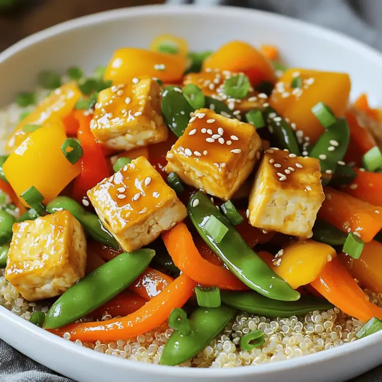 - 1 block (14 oz) firm tofu, pressed and cubed - 2 tablespoons soy sauce - 1 tablespoon sesame oil - 1 tablespoon cornstarch - 2 cups mixed vegetables (bell peppers, broccoli, snap peas, carrots) - 2 cloves garlic, minced - 1-inch piece of ginger, grated - 2 green onions, chopped - 1 tablespoon rice vinegar - 1 tablespoon sesame seeds - Cooked rice or quinoa, for serving Tofu is the star here. It gives protein and a lovely texture. Firm tofu works best. It holds its shape during cooking. Pressing it removes extra water. This makes the tofu crispier when cooked. Soy sauce adds salt and umami flavor. You can choose low-sodium soy sauce to cut back on salt. Sesame oil brings a nutty taste and richness to the dish. It’s best to use toasted sesame oil for more flavor. Mixed vegetables add color and nutrients. Bell peppers bring sweetness, while broccoli offers crunch. Snap peas add a fresh snap, and carrots give a touch of earthiness. Feel free to use your favorites. If you want a different protein, try tempeh or chickpeas. You can also skip the tofu for a veggie-only dish. For soy sauce, use tamari for a gluten-free option. If sesame oil is not available, try olive oil, but the flavor will change. You can swap the mixed vegetables with any seasonal produce you have. Zucchini, mushrooms, or cabbage can all work well. For rice vinegar, apple cider vinegar can be a good substitute. It has a similar tangy flavor. First, press the tofu. Place it between paper towels. This removes extra moisture. Let it sit for about 15 minutes. This step helps the tofu get crisp. After pressing, cut the tofu into small cubes. Aim for bite-sized pieces. This makes cooking faster and easier. Next, marinate the tofu. In a bowl, mix the cubed tofu with soy sauce and sesame oil. Let it sit for at least 10 minutes. The longer it sits, the more flavor it gains. Then, sprinkle cornstarch over the tofu cubes. Gently toss to coat them. This will help create a nice crust when you fry it. Now, it's time to cook the tofu. Heat a non-stick skillet or wok over medium-high heat. Add sesame oil to the pan. Once hot, add the tofu cubes. Cook them until they turn golden brown. This usually takes about 4 to 5 minutes. Make sure to stir occasionally. Once the tofu is crispy, transfer it to a plate and set it aside. In the same skillet, add minced garlic and grated ginger. Sauté for about 30 seconds. You want to smell that great aroma! Next, add your mixed vegetables. Stir-fry them for 4 to 5 minutes. They should be crisp and tender. After that, return the cooked tofu to the skillet. Add the leftover soy sauce and rice vinegar. Toss everything together gently. Cook for another minute to heat it through. Finally, serve the stir-fry over cooked rice or quinoa. Garnish with sesame seeds and chopped green onions. Enjoy your tasty creation! For the complete recipe, check the Full Recipe. To get crispy tofu, start with firm tofu. Press it well to remove moisture. Lay it between paper towels and place a weight on top for 15 minutes. Once dry, cut it into cubes. Coat the cubes with cornstarch. This step adds crunch when frying. Heat oil in a skillet over medium-high heat. Cook the tofu until golden brown, about 4-5 minutes. Flip the cubes gently to ensure all sides get crispy. The best veggies for stir-frying are colorful and quick-cooking. I love using bell peppers, broccoli, snap peas, and carrots. These add great flavor and texture. You can also try zucchini or mushrooms for variety. Make sure to cut them into bite-sized pieces. This helps them cook evenly and quickly. Stir-fry them until they are crisp-tender. This keeps them vibrant and fresh. If you like spice, add some heat to your stir-fry! You can include red pepper flakes or sliced jalapeños. Start with a small amount and adjust to your taste. Another option is to add sriracha or chili paste for a kick. Mix it in with the soy sauce for even flavor. This adds complexity and makes your dish exciting. Enjoy the heat with your crispy tofu and fresh veggies! For the full recipe, check out Quick Veggie Stir-Fry with Tofu. {{image_2}} You can keep this dish fully vegan with simple swaps. Use tamari instead of soy sauce for a gluten-free option. For extra flavor, add a splash of coconut aminos. If you want creaminess, toss in some avocado after cooking. Want to switch up the protein? Try chickpeas or tempeh instead of tofu. Both add great texture and taste. If you like, use edamame for a fun twist. These options are packed with protein and nutrients. Use seasonal veggies for the best flavor. In spring, add asparagus or snap peas. Summer works well with zucchini or bell peppers. In fall, consider adding squash or Brussels sprouts. Winter is perfect for hearty veggies like kale or carrots. Each season brings new colors and tastes to your stir-fry. For the full recipe, check the reference section. To store your leftover quick veggie stir-fry with tofu, let it cool first. Place the stir-fry in an airtight container. This keeps it fresh. Store it in the fridge for up to 3 days. If you want to enjoy it later, consider freezing it. When you're ready to eat the leftovers, you can reheat them easily. Use a microwave for quick heating. Place your stir-fry in a microwave-safe bowl. Heat it for 1-2 minutes, stirring halfway to warm evenly. You can also reheat it in a pan. Add a splash of water to avoid drying it out. Stir over medium heat for about 5 minutes. If you want to freeze your stir-fry, do it right after cooking. Make sure it cools completely first. Then, transfer it into freezer-safe bags or containers. Remove as much air as possible. You can freeze it for up to 3 months. When you’re ready to eat, thaw it in the fridge overnight. Reheat it as mentioned above for a tasty meal. For the full recipe, check out the earlier sections. To make this dish gluten-free, simply swap the soy sauce with gluten-free tamari. Many tamari brands offer great taste without gluten. Always check the label to be sure. Yes, you can prepare parts of this recipe in advance. You can press and cube the tofu a day ahead. You can also chop the vegetables and store them in the fridge. Just remember to cook everything fresh when you are ready to eat. This keeps your meal tasty and crisp. You can serve this stir-fry with cooked rice or quinoa for a hearty meal. You can also add a side of fresh salad or steamed dumplings. For a fun twist, try pairing it with spring rolls. If you're looking for more flavor, serve it with a drizzle of sriracha or hoisin sauce. For the full recipe, check out the earlier section! This blog post covered how to make a tasty veggie stir-fry with tofu. We explored key ingredients, cooking steps, and tips for crispiness. You learned about tasty variations and how to store your leftovers. Cooking can be fun and easy with just a few tricks. Experiment with flavors and ingredients to make it your own. Enjoy your meal and share your tasty results!