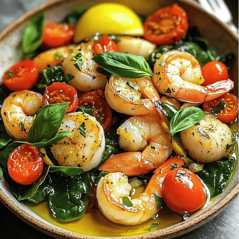 For the Tuscan shrimp and scallops, gather these fresh ingredients: - 1 lb large shrimp, peeled and deveined - 1 lb sea scallops - 2 tablespoons olive oil - 4 cloves garlic, minced - 1 cup cherry tomatoes, halved - 1 cup baby spinach - 1 teaspoon dried oregano - 1 teaspoon crushed red pepper flakes (adjust for spice preference) - Salt and pepper to taste - Zest of 1 lemon - Juice of 1 lemon - Fresh basil leaves for garnish You can swap ingredients based on what you have. Use: - Medium shrimp instead of large. - Any firm white fish for scallops. - Fresh tomatoes if cherry tomatoes are not available. - Kale or arugula instead of spinach. - Fresh herbs like parsley if you lack basil. These options keep the dish tasty while using what you have on hand. This dish is rich in protein and low in carbs. Each serving has about: - Calories: 350 - Protein: 35g - Fat: 15g - Carbohydrates: 10g - Fiber: 2g These numbers may vary based on what you use and portion sizes. Each bite of this meal not only fills you up but also provides key nutrients. You can find the full recipe for this dish to help you get started! Start by rinsing the shrimp and scallops under cool water. Pat them dry with a paper towel. This step is key for getting a nice sear. You want the seafood fresh and ready to cook. Take a large skillet and heat olive oil over medium-high heat. The oil should shimmer but not smoke. Add minced garlic to the hot oil. Sauté it for about one minute. You want it fragrant, not brown. Add the sea scallops to the skillet. Season them with salt and pepper. Let them sear for 2-3 minutes per side. They should turn a lovely golden brown. Once done, take them out and set aside. Now, add the shrimp to the skillet. Season with oregano, crushed red pepper, salt, and pepper. Cook the shrimp for 2-3 minutes. They should turn pink and opaque. Next, toss in the halved cherry tomatoes and baby spinach. Stir gently and cook until the spinach wilts. It should take about two minutes. Return the scallops to the pan. Squeeze lemon juice over the mixture. Toss everything together gently. Add lemon zest for extra flavor. Adjust the seasoning if needed. For a beautiful presentation, serve the dish in a large, shallow bowl. Garnish with fresh basil leaves. Drizzle a bit of extra olive oil on top for shine. This will make your dish pop! Enjoy your Tuscan shrimp and scallops as a flavorful dinner treat. For the complete recipe, check [Full Recipe]. To cook shrimp and scallops just right, follow these steps: - Heat your skillet well: Start with medium-high heat. This helps sear the seafood quickly. - Do not overcrowd the pan: Cook in batches if needed. This ensures even cooking. - Check for doneness: Shrimp should turn pink and opaque. Scallops need a golden crust. Each takes about 2-3 minutes per side. - Rest your seafood: Let it sit for a minute after cooking. This helps keep it juicy. Adding layers of flavor makes your dish shine. Here are some ideas: - Fresh herbs: Basil and parsley add bright notes. - Citrus zest: Lemon zest brightens the dish and enhances flavor. - Spices: Use crushed red pepper for heat. Adjust it to your taste. - Wine pairing: A crisp white wine like Pinot Grigio works well with seafood. Avoid these common pitfalls for the best results: - Not thawing seafood properly: Always thaw shrimp and scallops in the fridge overnight. - Cooking too long: Overcooked seafood can become rubbery. Keep an eye on the time. - Skipping seasoning: Season your seafood well with salt and pepper. It truly makes a difference. - Neglecting to taste: Always taste your dish before serving. Adjust seasoning as needed. For the full recipe, check out the Tuscan Shrimp and Scallops Delight 🦐🥘. {{image_2}} If you want a meat-free dish, try using mushrooms instead of seafood. Portobello or shiitake mushrooms work well. They have a nice texture and soak up flavors. You can also add zucchini or bell peppers. These will add color and nutrients. For protein, consider chickpeas or tofu. Both can take on the Tuscan flavors nicely. Use the same cooking steps for these veggies. You can mix up the seafood in this dish. Try using only shrimp, or swap in fish like halibut or cod. These fish will cook quickly, just like the shrimp and scallops. You can also add clams or mussels for a more coastal taste. Just be sure to adjust cooking times so everything is cooked well. Each seafood option brings its unique flavor to the dish. Want to change the heat? You can easily adjust the spice level. If you love heat, add more crushed red pepper flakes. For a milder dish, reduce or leave them out. You can also use sweet paprika for a warm flavor without spice. Another option is to add a pinch of cayenne pepper for a different kick. Just remember to taste as you go, so you get it just right. Once you finish your Tuscan shrimp and scallops, let them cool. Place leftovers in an airtight container. Store them in the fridge for up to three days. This dish tastes great the next day, too! To reheat, use a skillet over medium heat. Add a splash of olive oil to keep the shrimp and scallops moist. Heat for about 5 minutes, stirring gently. You can also use a microwave. Heat in 30-second bursts until warm. Just be careful not to overcook. If you want to save some for later, you can freeze it. Cool the dish completely. Transfer it to a freezer-safe container. It can last up to three months in the freezer. To reheat, let it thaw in the fridge overnight before warming it up. For the best taste, enjoy it fresh! For the complete cooking process, refer to the Full Recipe. The best way to season shrimp and scallops is simple. Use salt and black pepper. Add dried oregano for flavor. Crushed red pepper gives a nice kick. You can also squeeze fresh lemon juice. This brightens the dish and enhances the seafood's taste. Always taste as you go. Adjust the seasoning to your liking. Fresh herbs like basil can add a nice finish. To make this recipe healthier, use less olive oil. You can reduce it to one tablespoon. Add more veggies like zucchini or bell peppers for extra fiber. Use whole grain pasta instead of white pasta if you serve it with pasta. Swap out scallops for shrimp only, reducing calories. You can also skip the extra oil drizzle at the end. These small changes keep flavors while lowering fat content. Yes, you can make Tuscan Shrimp and Scallops ahead of time. Cook the seafood and veggies and let them cool. Store in the fridge for up to two days. When you're ready to serve, reheat gently in a skillet. Add a splash of lemon juice to freshen it up. Avoid cooking it too long to keep the seafood tender. This makes it a great dish for meal prep. Several sides pair well with Tuscan Shrimp and Scallops. Here are some ideas: - Garlic bread for a crunchy side. - Steamed asparagus for a light touch. - Quinoa or brown rice for extra fiber. - Mixed greens salad with a lemon vinaigrette for freshness. These sides will balance the dish and offer variety. Enjoy experimenting with different combinations! This blog covered the key steps to making Tuscan shrimp and scallops. We explored ingredients, cooking methods, and helpful tips. You learned how to prepare seafood, enhance flavors, and avoid common mistakes. We also offered variations for different diets and storage advice. In the end, cooking should be fun and tasty. Enjoy experimenting with flavors and techniques as you make this dish your own!