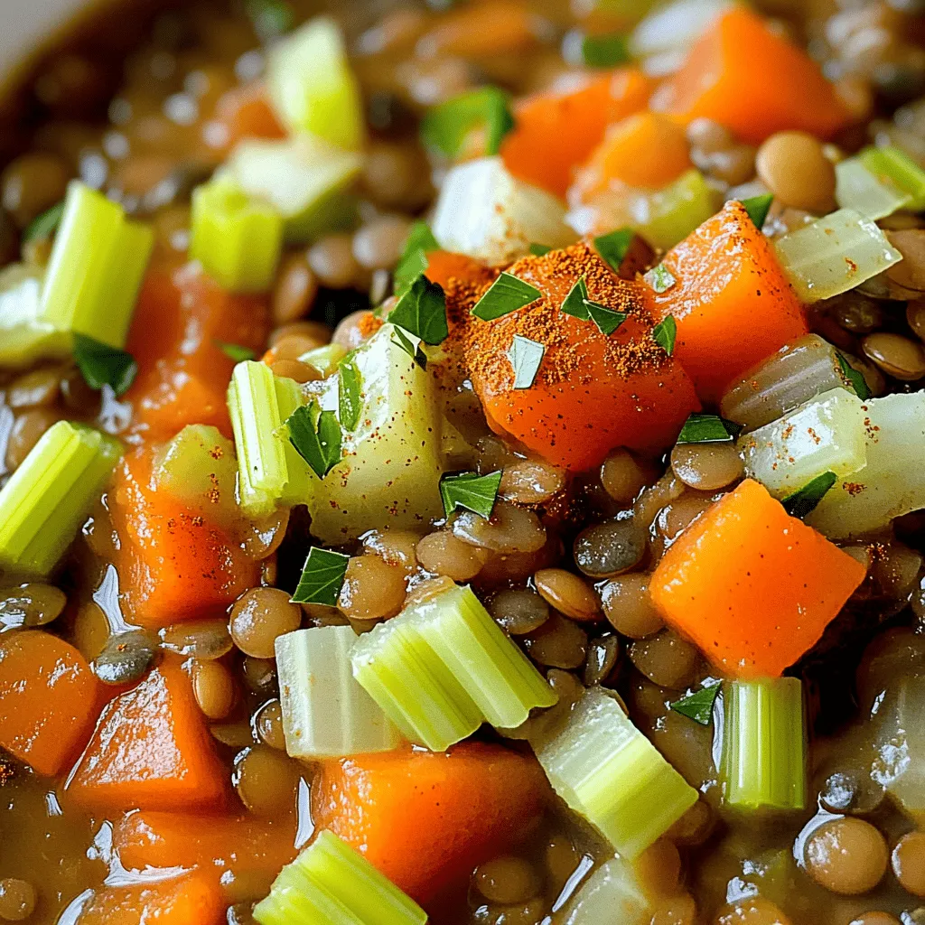 - Lentils and Vegetables - 1 cup green or brown lentils, rinsed - 1 medium onion, diced - 2 carrots, diced - 2 celery ribs, diced - 3 cloves garlic, minced I love lentils because they pack a punch of protein and fiber. They also soak up flavors well. For the veggies, I use onion, carrots, and celery. They bring sweetness and depth to the stew. Garlic adds a nice kick. - Spices and Seasonings - 1 can (14 oz) diced tomatoes - 4 cups vegetable broth - 1 teaspoon ground cumin - 1 teaspoon smoked paprika - 1 teaspoon dried thyme - Salt and pepper to taste The spices are key to a rich flavor. Cumin adds warmth, while smoked paprika gives a hint of smokiness. Thyme brings an earthy note. The tomatoes add acidity and sweetness. - Optional Garnishes - Fresh parsley for garnish Garnishing with parsley adds a fresh touch. It brightens the dish and adds color. If you want, you can also sprinkle some cheese on top. For the full recipe, check out the Easy Lentil Stew. Each ingredient plays a role in creating a comforting stew that warms you up from the inside out. Prepping the Vegetables First, wash and peel the carrots. Dice them into small pieces. Next, take the onion and chop it finely. For the celery, remove the ends and cut them into small bits, too. This mix of veggies adds great flavor. Rinsing the Lentils Grab your lentils and pour them into a fine mesh strainer. Rinse them under cold water. Check for any small stones or bad lentils. You want only the good ones for your stew. Measuring Ingredients Now, gather all your ingredients. You need one cup of lentils, two diced carrots, one chopped onion, and two celery ribs. Don’t forget the garlic, diced tomatoes, and vegetable broth. Measure out your spices too: one teaspoon of cumin, smoked paprika, and dried thyme. Sautéing the Vegetables In a large pot, heat two tablespoons of olive oil over medium heat. Add the onions, carrots, and celery. Stir them for about five to seven minutes. You want them soft and fragrant. Then, add the minced garlic and mix for one more minute. Combining Ingredients Next, add in your rinsed lentils. Pour in the diced tomatoes with their juice and the vegetable broth. Sprinkle in the cumin, smoked paprika, and thyme. Stir everything together well. Simmering the Stew Bring your pot to a boil. Once it boils, lower the heat and cover it. Let it simmer for about 30 to 35 minutes. This helps the lentils become tender. Stir occasionally. If it gets too thick, add more broth or water. Best Pairings This stew pairs well with crusty bread or a fresh salad. You can also serve it with rice or quinoa for a heartier meal. Presentation Tips When serving, spoon the stew into bowls. Sprinkle fresh parsley on top for color. This makes it look pretty and adds a bit of fresh flavor. Enjoy your Easy Lentil Stew, rich in flavor and comfort. For the full recipe, check the recipe section above! To achieve perfect lentils, rinse them well before cooking. This step removes dirt and debris. Use green or brown lentils for a great texture. They cook well and hold their shape. Adjusting seasoning is key. Taste your stew as it cooks. If it lacks flavor, add more salt, pepper, or spices. A little extra cumin or paprika can make it pop! Prepping ingredients in advance is a smart idea. Chop your veggies the night before. Store them in the fridge until you’re ready to cook. This cuts down on cooking time. Using a pressure cooker can save time, too. If you have one, you can cook the lentils in just 10 minutes! Just adjust the liquid and watch your stew come together fast. Adding fresh herbs at the end gives your stew a burst of flavor. Try parsley or cilantro for a fresh touch. You can also mix in some spinach for extra greens. Experimenting with spices opens up new flavors. Try adding a pinch of cinnamon or a dash of chili powder. These small changes can make your stew unique. For the full recipe, check out the Easy Lentil Stew section. {{image_2}} - Alternative Lentil Types You can swap green lentils for brown lentils. Both types work well. Red lentils cook faster and become softer. They are great if you want a creamy stew. - Other Vegetable Options Try adding bell peppers, sweet potatoes, or zucchini. Each adds its own flavor and texture. You can also use frozen vegetables for quicker prep. - Adding Protein (e.g., Sausage, Tofu) For extra protein, add sausage or tofu. Cook the sausage in the pot before adding veggies. For tofu, press it first and cube it. Stir it in during the last few minutes of cooking. - Different Spice Blends Experiment with spices like curry powder or Italian herbs. Add them early for a deep flavor. A pinch of chili flakes can spice things up if you like heat. - Vegan and Gluten-Free Options This stew is already vegan. Just ensure your broth is vegetable-based. It is also gluten-free, so you can enjoy it without worries. - Low-Sodium Adjustments Use low-sodium broth or water to cut down on salt. You can also add more herbs for flavor without extra sodium. Fresh lemon juice brightens the taste, too. Explore the [Full Recipe] to see how to make this delicious stew. To keep your Easy Lentil Stew fresh, store it in a sealed container. - Refrigeration Tips: Place the stew in the fridge within two hours of cooking. It stays good for about 3 to 5 days. - Freezing Instructions: To freeze, let the stew cool completely. Use airtight containers or freezer bags. It lasts up to 3 months in the freezer. Reheating your stew is easy. Here’s how to do it right: - Best Methods for Reheating: Warm it on the stove over medium heat. Stir often to prevent sticking. You can also use the microwave in short bursts. - Storing Leftovers Properly: Keep leftovers in a sealed container in the fridge. Use them within 3 to 5 days for best taste. Understanding how long your stew lasts helps reduce waste. - Duration in Fridge vs Freezer: In the fridge, it lasts 3 to 5 days. In the freezer, it can stay fresh for up to 3 months. Always label your containers with dates to track freshness. To make Easy Lentil Stew, you need to follow these steps: 1. Heat olive oil in a large pot over medium heat. 2. Add diced onion, carrots, and celery. Sauté for 5-7 minutes. 3. Stir in minced garlic and cook for one more minute. 4. Add rinsed lentils, diced tomatoes, vegetable broth, cumin, paprika, and thyme. 5. Bring to a boil, then lower the heat. Cover and simmer for 30-35 minutes. 6. Season with salt and pepper. Garnish with fresh parsley. This stew is warm, filling, and packed with flavor. For the complete list of steps, check the Full Recipe. Yes, you can prepare the stew in advance. It tastes even better the next day! Just make sure to store it in an airtight container in the fridge. When you are ready to eat, reheat it on the stove or in the microwave. Lentil stew pairs well with many options, like: - Crusty bread - Rice or quinoa - A fresh green salad These sides add texture and balance to the meal. Yes, you can use different types of lentils. Green or brown lentils work best for this stew. Red lentils cook faster and become softer. They can change the stew's texture but will still taste great. Lentil stew lasts about 5 days in the refrigerator. Make sure to store it in a sealed container. If you want it to last longer, freeze it for up to 3 months. Just remember to reheat it well before serving! This blog post covers all you need for a great lentil stew. We explored the best ingredients, step-by-step cooking instructions, and tips for perfect flavor. You can adapt the recipe to fit your taste and diet. Proper storage ensures your stew stays fresh. Whether making it today or later, it’s easy and healthy. Enjoy your cooking journey with lentils and get creative! This meal can fit any table. Happy cooking!