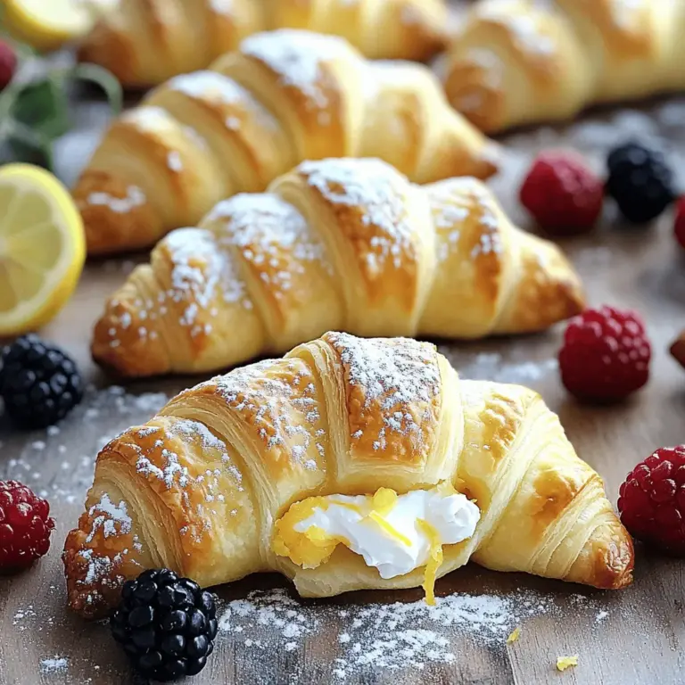 To make these delightful crescent cheese danishes, you will need a few simple ingredients. Here’s what you should gather: - 1 can refrigerated crescent roll dough - 8 oz cream cheese, softened - 1/3 cup granulated sugar - 1 teaspoon vanilla extract - Zest of 1 lemon - 1 egg (for egg wash) - Powdered sugar (for dusting, optional) - Fresh berries (for garnish, optional) Each ingredient plays a key role. The crescent roll dough gives a flaky base. Cream cheese adds a rich, creamy filling. Sugar sweetens the mix, while vanilla brings warmth. Lemon zest brightens the flavor, making it fresh and lively. The egg wash gives a golden color when baked. You can dust with powdered sugar for sweetness and use fresh berries as a tasty garnish. These ingredients blend well together, creating a perfect balance of flavors. Enjoy making these easy danishes! For the full recipe, check out the detailed instructions above. 1. Preheat your oven to 375°F (190°C). This step ensures even baking. 2. Line a baking sheet with parchment paper. It helps the danishes not stick. 3. In a medium bowl, mix the softened cream cheese, granulated sugar, vanilla extract, and lemon zest until smooth. This mixture gives a creamy filling. 1. Unroll the crescent roll dough. Separate it into triangles. You’ll see the lines to guide you. 2. Take one triangle of dough and place a tablespoon of the cream cheese mixture in the center. This is the heart of your danish! 3. Fold the dough over the filling to create a pocket. Pinch the edges to seal tightly. For fun, twist the ends or shape them. 4. Repeat with the rest of the dough and filling until all are filled. Each one is a little treasure. 1. In a small bowl, whisk the egg. Brush the tops of the danishes with the egg wash. This gives a golden color. 2. Place the prepared danishes on the lined baking sheet. Bake for 12-15 minutes, or until golden brown and puffed. Watch them rise and turn golden! 3. Once baked, remove them from the oven. Let them cool slightly. Dust with powdered sugar if you want. Garnish with fresh berries for a pop of color. For the full recipe, check the earlier sections. Enjoy these delicious treats! To get the best flakiness in your dough, start with cold ingredients. Keep the crescent roll dough in the fridge until you are ready to use it. When you bake the danishes, the cold dough creates steam, making them puff up nicely. For the cream cheese filling, mix it well. Use a hand mixer or a whisk. This makes it smooth and easy to spread. If it's too lumpy, it can be hard to seal the danishes. To boost flavor, try adding spices. Cinnamon or nutmeg can give a warm taste. A drop of almond extract adds a nice twist too. Lemon zest is key for freshness. It brightens the filling and balances the creaminess. Just a little zest goes a long way. Garnishing is fun! You can use fresh berries like strawberries or blueberries. They add color and flavor. Dusting with powdered sugar makes the danishes look special. It gives them a sweet finish. Just sprinkle lightly on top before serving. For more ideas, check out the Full Recipe for Crescent Cheese Danishes. {{image_2}} You can play with many fillings for your Crescent Cheese Danishes. Here are some ideas: - Fruit fillings: Try using raspberry or strawberry jam. These add a sweet and tart flavor. You can also use blueberry or peach for a change. - Savory variations: For a unique twist, add herbs and spices. Mix cream cheese with fresh basil or chives for a savory treat. You can also add some garlic for extra flavor. If you have dietary needs, there are easy ways to adapt this recipe: - Gluten-free options: Look for gluten-free crescent roll dough in stores. Many brands offer this, so you won’t miss out on the fun. - Vegan alternatives: Substitute the cream cheese with a vegan cream cheese. There are many great brands that taste just as good. Change your danishes with the seasons. Here are some fun ideas: - Holiday-inspired flavors: During the holidays, add spices like nutmeg or cinnamon. These spices bring out warm flavors and make your danishes festive. - Using seasonal fruits: In summer, use fresh berries. In fall, try pumpkin puree with cream cheese. Seasonal fruits keep your danishes fresh and delicious. For a complete recipe, check out the Full Recipe section. Enjoy making these delicious danishes! To keep your crescent cheese danishes fresh, store them in an airtight container. Place parchment paper between layers to avoid sticking. They stay good in the fridge for about 2 to 3 days. After that, the dough may get soggy, and the filling could lose flavor. To freeze danishes before baking, prepare them as usual. Place the unbaked danishes on a baking sheet and freeze them for about 1 hour. Once they are firm, transfer them to a freezer bag. They can stay frozen for up to 2 months. To reheat frozen danishes, bake them straight from the freezer. Preheat your oven to 375°F (190°C). Bake for about 15 to 18 minutes. Check until they are golden brown and puffed. For the best taste, serve danishes warm. The cream cheese filling is creamy and rich when heated. You can dust them with powdered sugar or add fresh berries for extra flavor. Cold danishes are fine, but they lose some texture and taste. The dough may not be as flaky, and the filling will be less creamy. Warm danishes offer a delightful and fresh experience. Enjoy them straight from the oven for the best treat! Can I use homemade dough instead of refrigerated? Yes, you can! Homemade dough works well. Just roll it thin and cut it into triangles. This may take more time, but the taste will be worth it. What can I substitute for cream cheese? You can use ricotta or mascarpone cheese. Both will give a nice texture. If you want a lower-fat option, use Greek yogurt. It adds a tangy taste and is creamy too. How do I know when they are done baking? Look for a golden brown color. If they puff up and turn golden, they are ready. You can also insert a toothpick to check if the filling is warm. Can I prepare them ahead of time? Yes! You can mix the filling a day before. Store it in the fridge. You can also shape the danishes and chill them until you are ready to bake. This makes it easy to serve fresh. What fruits pair best with cream cheese? Berries like strawberries, blueberries, and raspberries work great. Their sweetness balances the cream cheese flavor. You can also try peaches or apricots for a fun twist. How can I make them less sweet? Reduce the sugar in the filling. You can use only two tablespoons instead of one-third cup. Adding a touch of lemon juice can also brighten the flavor without extra sugar. To wrap up, we covered how to make delicious crescent cheese danishes. You learned about the simple ingredients and the easy steps for preparation, assembly, and baking. I shared tips to enhance flavor and presentation while exploring variations for dietary needs. Lastly, we discussed storage methods to keep your danishes fresh. These tips will help you create tasty treats for any occasion. Enjoy experimenting and sharing your creations!