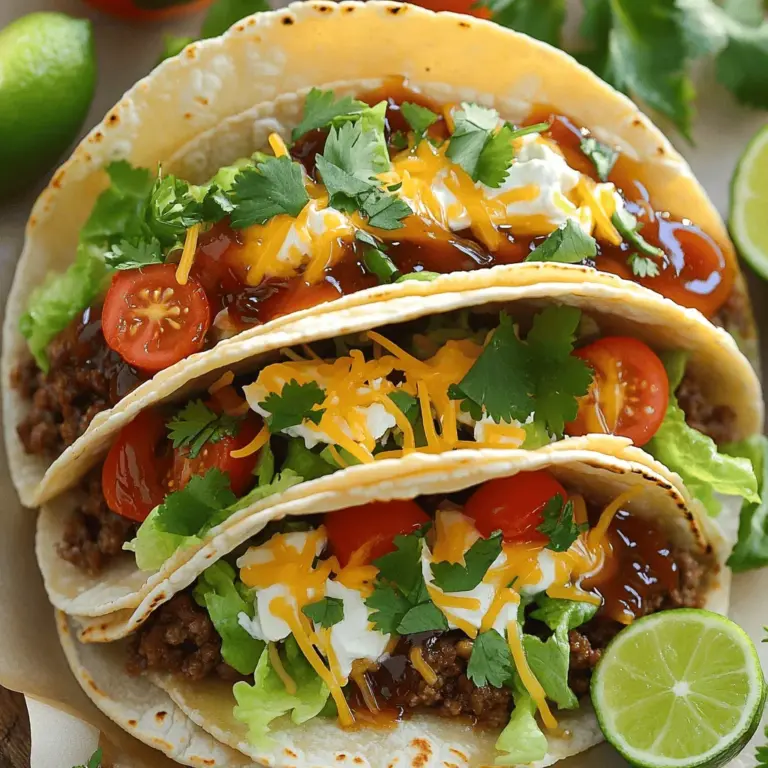 - 1 lb ground beef (or chicken/turkey) - 4 tablespoons unsalted butter - 4 cloves garlic, minced - 1/4 cup honey - 1/3 cup BBQ sauce - 1 teaspoon smoked paprika - 1 teaspoon chili powder - Salt and pepper to taste - 8 small corn or flour tortillas - 1 cup shredded lettuce - 1/2 cup diced tomatoes - 1/2 cup shredded cheese (cheddar or Mexican blend) - Fresh cilantro for garnish - Lime wedges for serving For my Garlic Butter Honey BBQ Tacos, I love using simple ingredients. First, I take 1 pound of ground beef, but chicken or turkey works well too. The meat adds a hearty base for the dish. Next, I melt 4 tablespoons of unsalted butter in a skillet. This butter gives the tacos a rich flavor. I also add 4 cloves of minced garlic. Garlic is key for that savory kick. Then, I stir in 1/4 cup of honey. Honey brings a sweet touch that balances the BBQ flavor. Next, I mix in my sauces and seasonings. I use 1/3 cup of BBQ sauce for depth. A teaspoon of smoked paprika adds a slight smokiness. I also add a teaspoon of chili powder for warmth. Finally, I season with salt and pepper to taste. When it comes to toppings, I warm 8 small corn or flour tortillas. I love to fill them with 1 cup of shredded lettuce and 1/2 cup of diced tomatoes for freshness. For some creaminess, I sprinkle on 1/2 cup of shredded cheese, either cheddar or a Mexican blend. I always add fresh cilantro for a bright finish and serve with lime wedges on the side. You can find the full recipe [here](Full Recipe). - First, melt the butter in a large skillet over medium heat. - Next, add the minced garlic. Sauté it for about one minute until it smells great. - Now, add the ground beef or chicken/turkey to the skillet. - Stir it well to break it up. Cook until it turns brown, about 5-7 minutes. - After the meat is cooked, stir in the honey and BBQ sauce. - Add the smoked paprika, chili powder, salt, and pepper. Mix it all well. Cook for another 2-3 minutes. - While the meat cooks, warm the tortillas. - You can do this in a separate skillet or microwave for about 30 seconds. They should be soft and easy to fold. - To assemble, take a tortilla and add a scoop of the meat mixture. - Top it with shredded lettuce, diced tomatoes, and cheese. - Don’t forget to garnish with fresh cilantro. Serve with lime wedges for a zesty touch. For the full recipe, refer to the earlier section. To make your taco filling shine, season the meat well. Start by adding salt and pepper while cooking. This helps build flavor early on. Use smoked paprika and chili powder to give it a nice kick. For extra depth, taste the filling as you cook. Adjust the spices as needed. Remember, a well-seasoned filling makes all the difference in your tacos. Soft tortillas are key to a great taco. To warm them, use a skillet over medium heat. Place each tortilla for about 30 seconds on each side. This method keeps them soft and pliable. If you prefer, you can microwave them for about 30 seconds, wrapped in a damp paper towel. Just make sure they don’t dry out. Warm tortillas make the perfect base for your delicious filling. Pair your tacos with tasty side dishes. A fresh corn salad adds sweetness and crunch. You can also serve black beans for a hearty side. Guacamole or salsa brings extra flavor and zest. Don't forget lime wedges! The citrus adds a refreshing touch to each bite. These sides will round out your meal and make it truly special. {{image_2}} You can switch up the meat in these tacos. Ground chicken or turkey works great. If you want a plant-based option, try using lentils or black beans. These alternatives still soak up the garlic butter honey BBQ flavor. Just make sure to adjust your cooking time. Cook chicken and turkey until fully done. For lentils or beans, just heat them through. BBQ sauce is key in this recipe. You can use your favorite brand or make your own. Try different flavors like spicy, smoky, or even sweet. Each sauce gives the tacos a unique taste. Mix and match sauces for fun flavor combos. Add a splash of hot sauce for extra kick, if you like heat. Toppings make tacos fun and personal. Some good choices are avocado, jalapeños, or sour cream. You can also add corn or diced onions for more crunch. Fresh herbs like cilantro or parsley make a nice touch. Don’t forget lime wedges for a zesty finish. Customize each taco to fit your mood or the crowd. For the full details on making these delicious tacos, check the Full Recipe. To keep your leftover tacos fresh, store them in the fridge. Place the tacos in an airtight container. This helps to keep them from drying out. Enjoy them within three days for the best taste. If you have extra meat filling, store it separately. This way, your tortillas stay soft. You can freeze the taco filling for later use. First, let the meat cool completely. Then, place it in a freezer-safe bag. Remove as much air as possible before sealing. Label the bag with the date. You can freeze it for up to three months. When ready to eat, just thaw it in the fridge overnight. To reheat your tacos, use the oven or a skillet. If you're using the oven, set it to 350°F. Wrap the tacos in foil to keep them moist. Heat for about 10-15 minutes. If you choose a skillet, warm it over medium heat. Add a splash of water to prevent drying. Cook for a few minutes until heated through. Enjoy your tasty Garlic Butter Honey BBQ Tacos! For the full recipe, check the recipe section. To keep your tortillas crisp, heat them just before serving. You can warm them in a skillet or microwave. Use low heat and don’t overcook. This method keeps them soft without making them soggy. You can also use a cast-iron skillet. A quick toast adds nice flavor and crunch. Another tip is to serve the filling hot but not wet. This way, the tortillas stay firm and tasty. Yes! You can easily make these tacos gluten-free. Use corn tortillas instead of flour tortillas. They provide great flavor and texture. Check the labels if you buy pre-made tortillas. Some brands offer gluten-free options. You can also use lettuce leaves as a wrap. This gives a fresh twist and cuts carbs. If you need a substitute for honey, try maple syrup. It adds sweetness and flavor. Agave nectar is another great choice. It has a mild taste and works well in BBQ. You could even use brown sugar mixed with a little water. This gives you a similar sweetness and consistency. Each option will change the flavor just a bit, so choose what you like best. This blog post gave you a clear view of how to make tasty tacos. You learned about the key ingredients, sauces, and the right toppings. I shared simple steps to prepare and cook, making the process easy. We also explored tips for soft tortillas and how to customize flavors. Lastly, I provided storage and reheating advice to enjoy leftovers. Now, it’s time to gather your ingredients and create delicious tacos at home. Enjoy your cooking adventure!