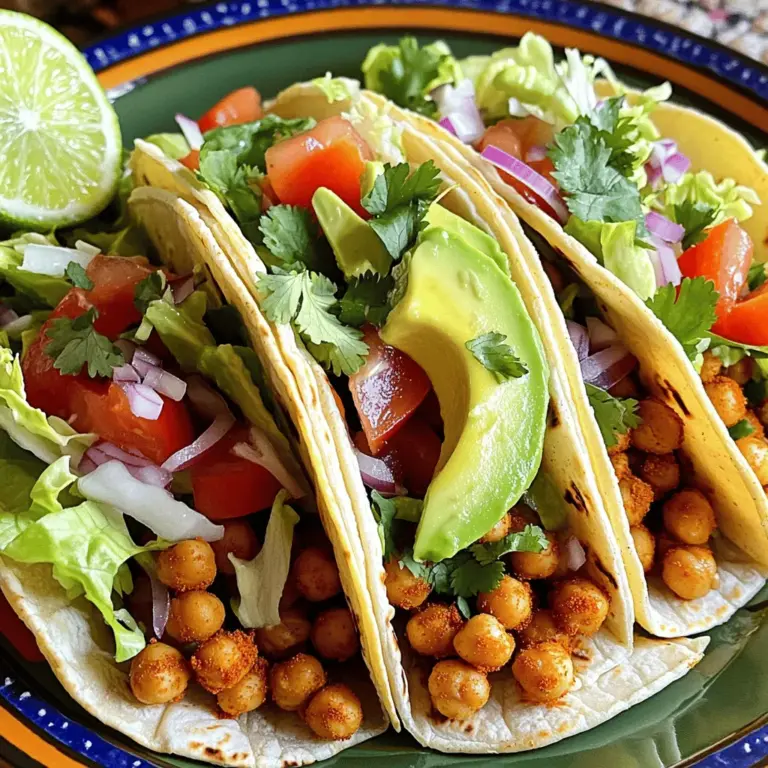 - 1 can (15 oz) chickpeas, rinsed and drained - 1 tablespoon olive oil - 1 teaspoon cumin - 1 teaspoon smoked paprika - ½ teaspoon garlic powder - ½ teaspoon cayenne pepper (adjust to taste) - Salt and pepper to taste - 8 small corn or flour tortillas For these tacos, chickpeas are the star. They are packed with protein and fiber. You can use canned chickpeas for ease. Just rinse and drain them well. Spices bring life to the dish. Cumin adds warmth, while smoked paprika gives a nice depth. Garlic powder enhances flavor, and cayenne pepper adds the heat. You can adjust the cayenne to fit your taste. Don’t forget to season with salt and pepper for balance. For the tortillas, you can choose between corn or flour. Corn tortillas offer a nice crunch. Flour tortillas are soft and chewy. - 1 cup shredded lettuce - 1 cup diced tomatoes - ¼ cup red onion, finely chopped - ¼ cup fresh cilantro, chopped - 1 avocado, sliced - Lime wedges for serving Fresh toppings make these tacos shine. Crispy lettuce adds crunch and freshness. Diced tomatoes bring juiciness and color. Red onion gives a nice bite, while cilantro adds a fresh herb flavor. Avocado slices are a must. They provide creaminess and richness. Lime wedges are perfect for squeezing over the tacos. This adds brightness and acidity, balancing the flavors. For the full recipe, you can reference the detailed instructions. Enjoy making your spicy chickpea tacos! 1. Heat a large skillet over medium heat. 2. Add one tablespoon of olive oil to the skillet. 3. Once the oil warms, toss in the rinsed chickpeas. 4. Cook them for about 2 minutes. This helps to get them warm. 5. Sprinkle the spices: one teaspoon of cumin, one teaspoon of smoked paprika, half a teaspoon of garlic powder, and half a teaspoon of cayenne pepper. 6. Add salt and pepper to taste. 7. Stir well to coat the chickpeas evenly. 8. Cook for another 5 to 7 minutes. Stir occasionally until the chickpeas are crispy. 1. You can warm the tortillas in a dry skillet. 2. Heat them over medium heat for about 30 seconds on each side. 3. This keeps them soft and easy to fold. 4. You can also wrap them in a damp paper towel and microwave for 20 seconds. 1. Grab a warm tortilla and place a generous portion of the spicy chickpea mixture in the center. 2. Add shredded lettuce on top of the chickpeas. 3. Next, sprinkle diced tomatoes and finely chopped red onion. 4. Add fresh cilantro for that burst of flavor. 5. Finish with slices of avocado. 6. Serve each taco with a lime wedge. Squeeze it over your taco for extra zest! For more details, check out the Full Recipe. To get crispy chickpeas, start by drying them. After rinsing, pat them with a towel. This helps them crisp up in the pan. Use medium heat, so they cook evenly. Stir them often to avoid burning. If you want extra crunch, roast them in the oven. Spread them on a baking sheet and cook at 400°F for 20 minutes. You can change the spice level easily. Start with a little cayenne pepper. Add more if you like more heat. For less spice, skip the cayenne. You can also use mild spices like paprika. Taste as you go to find the right balance for you. Serving matters! Use a colorful plate to make your tacos pop. Stack the tacos neatly, and add lime wedges on the side. A small bowl of extra cilantro adds a nice touch. For a fun look, arrange toppings in little bowls. This lets everyone build their own tacos. Enjoy your meal with friends and family! {{image_2}} If you want to mix things up, try other beans or lentils. Black beans bring a rich flavor. They pair well with spices in this recipe. Kidney beans also add a nice texture and taste. You can even use lentils for a twist. Just be sure to cook them until soft. This way, they blend well in tacos. Each option creates a unique taste while keeping it healthy. For those following a vegan diet, choose dairy-free toppings. You can use cashew cream or a simple avocado mash. Both add creaminess without dairy. If you prefer vegetarian options, try adding cheese. Feta or cotija cheese works well with the spices. Both choices enhance flavor while keeping the meal satisfying. You can even mix and match toppings to fit everyone's needs. Tortillas are key to great tacos. You can use corn or flour tortillas, depending on your taste. Corn tortillas are gluten-free and have a nice texture. Flour tortillas are softer and easier to fold. If you want more options, look for gluten-free tortillas made from rice or cassava. These add a fun twist to your tacos. Everyone can enjoy tasty tacos, no matter their diet. To keep your tacos fresh, store the ingredients separately. Keep the chickpeas in one container. Place the tortillas in a sealed bag. Store the toppings like lettuce, tomatoes, and avocado in separate containers. This method keeps everything fresh and prevents sogginess. When you want to reheat your chickpeas, use a skillet. Heat them over medium heat for about five minutes. This will keep them crispy. If you use a microwave, the texture may change. For tortillas, warm them in a dry skillet for a minute. This helps them stay soft and pliable. In the fridge, leftover chickpea tacos last about three days. If you freeze the chickpeas, they can last for up to three months. Just remember to thaw them in the fridge before reheating. This way, you can enjoy your spicy chickpea tacos later without losing flavor. For full recipe details, refer to the [Full Recipe]. Yes, you can make Spicy Chickpea Tacos ahead of time. Meal prep is easy with this recipe. Cook the chickpeas and store them in an airtight container. Keep the tortillas and toppings separate to prevent sogginess. This way, you can enjoy fresh tacos in no time. Just reheat the chickpeas on the stove or microwave before serving. Chickpeas are packed with nutrients. They are a great source of protein and fiber. This makes them filling and helpful for digestion. They contain vitamins like B6 and minerals like iron and magnesium. Eating chickpeas can help control blood sugar levels and support heart health. They are low in fat and can help you feel satisfied longer. To modify this recipe for meal planning, you can easily scale the ingredients. Double or triple the chickpeas if you need more servings. Store leftovers in the fridge for up to four days. You can also freeze the chickpeas for later use. Just make sure to keep the toppings and tortillas stored separately. Many side dishes pair well with Spicy Chickpea Tacos. You can serve a fresh salad or some guacamole. Rice or quinoa can also be great sides. For a crunch, add tortilla chips with salsa. These options will complement the flavors of the tacos and make your meal more filling. Enjoy experimenting with different sides! This article explored how to make spicy chickpea tacos. We covered essential ingredients, fresh toppings, and step-by-step instructions for perfectly cooked tacos. You learned tips for the best texture and spice levels, plus variations to suit different diets. We also discussed how to store and reheat leftovers. Tacos are fun to make and enjoy. With easy steps and tasty options, you can create your own spicy chickpea tacos at home. Dive into this recipe, experiment, and share your delicious results!