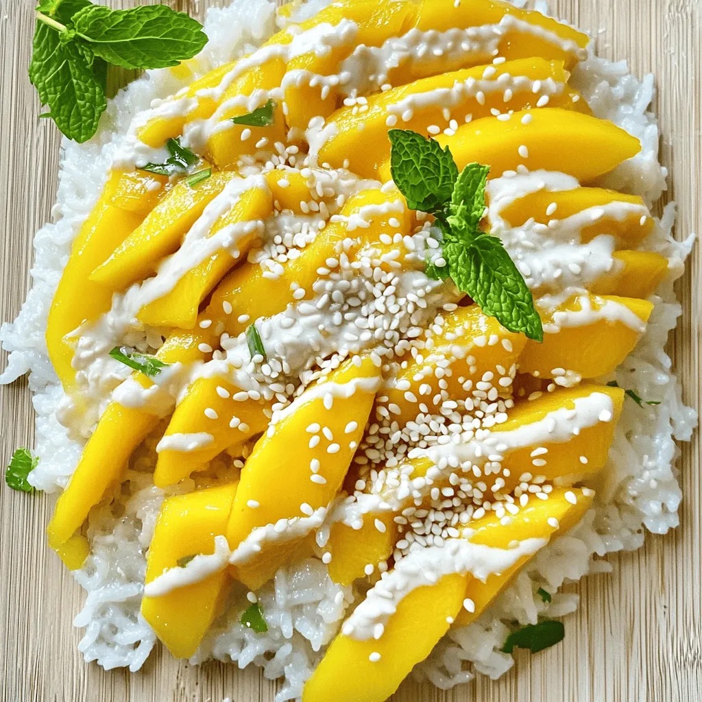 - 1 cup glutinous rice - 1 ½ cups coconut milk - ½ cup sugar - ½ teaspoon salt - 2 ripe mangoes, peeled, pitted, and sliced - 1 tablespoon sesame seeds - Fresh mint leaves for garnish - Steamer - Cheesecloth - Saucepan To make Tropical Mango Sticky Rice, gather these items first. The glutinous rice is key. It gives the dish its unique sticky texture. Coconut milk adds rich creaminess and sweetness. Sugar helps balance flavors, while salt enhances them. Ripe mangoes bring freshness and brightness to the dish. You can add sesame seeds to give a nice crunch. Fresh mint leaves can add a pop of color and flavor. Both are optional but worth trying. For cooking, you need a steamer to cook the rice properly. Cheesecloth helps keep the rice from falling through the steamer. A saucepan is needed for making the coconut sauce. All these ingredients and tools work together to create a delightful dessert. You will love how simple and tasty it is to prepare this dish. For the full recipe, check out the details above. To start, you need to rinse the glutinous rice. Place the rice in a bowl and cover it with cold water. Swirl the rice gently with your hands. Keep rinsing until the water runs clear. This step removes excess starch and helps achieve the right texture. Next, soak the rice for optimal texture. After rinsing, soak the rice in water for 6 to 8 hours or overnight. Soaking allows the rice to absorb water, making it softer and easier to cook. Now, let’s move on to steaming the rice. Drain the soaked rice and prepare your steamer. You can use a bamboo or metal steamer lined with cheesecloth. Steam the rice for about 30 to 40 minutes. The rice should be tender and slightly sticky when done. To check for doneness, take a small scoop of rice and taste it. It should be soft and chewy. If it needs more time, steam it for a few more minutes. While the rice is steaming, prepare the coconut sauce. In a small saucepan, combine 1 ½ cups of coconut milk, ½ cup of sugar, and ½ teaspoon of salt. Heat the mixture over low to medium heat. Stir gently until the sugar dissolves completely. Be careful not to boil the sauce. Boiling can change the texture and flavor. Once the sugar dissolves, remove the saucepan from the heat and set it aside. For the complete recipe, check the [Full Recipe]. Soaking the glutinous rice is very important. It helps the rice absorb water and become soft. I recommend soaking it for about 6-8 hours or overnight. This step makes a big difference in the final dish. When it comes to steaming, use a bamboo or metal steamer lined with cheesecloth. Make sure to check the water levels in the steamer. You want to avoid burning the rice. Steam the rice for about 30-40 minutes. It should be tender but not mushy. For a beautiful presentation, place a scoop of sticky rice on one side of the plate. Arrange sliced mangoes on the other side. Drizzle some coconut sauce over the rice and mango. You can also sprinkle sesame seeds on top for crunch. Fresh mint leaves add a pop of color and flavor. Pair this dessert with a refreshing drink. Coconut water or a light iced tea works well. The flavors will balance nicely. You can add flavors to the coconut sauce. Try mixing in a little vanilla extract or a pinch of cinnamon. These simple additions can elevate the dish. Using different fruits can also bring new life to this recipe. Pineapple, bananas, or even berries can work. Just make sure to slice them thinly for easy pairing with the rice. For more details on making this dish, check out the Full Recipe. {{image_2}} You can switch up the mango for other tropical fruits. Pineapple and jackfruit work great here. Both add a sweet and tangy taste. You can also try banana for a softer texture. Each fruit gives a unique twist to the dish. Seasonal fruits can also shine in this recipe. Use peaches in summer or apples in fall. They add freshness and a new flavor. Experimenting with different fruits makes the dish fun and exciting. If you want a vegan option, this recipe is easy to adapt. The main ingredients are already plant-based. Just make sure the sugar you use is vegan-friendly. Many sugars are processed with bone char. Look for brands that are labeled vegan. For those watching sugar, there are many substitutes. You can use honey or maple syrup instead. These options add sweetness without refined sugar. Stevia or monk fruit are good low-calorie choices too. Just adjust the amount to taste. You can take this recipe global by adding fusion elements. For example, try a Thai twist with a splash of lime juice. It adds a zesty kick. You can also mix in some toasted coconut for texture. Incorporating different cuisines can lead to fun results. Think of adding spices like cardamom or cinnamon. They bring warmth and depth to the flavor. This way, you can create a unique dessert that reflects your style. For the full recipe, check out the details above. Enjoy making this delightful treat! To keep your mango sticky rice fresh, store it properly. Place leftovers in an airtight container. This helps prevent the rice from drying out. You should refrigerate it if you plan to eat it within three days. If you want to keep it longer, freezing is a good option. When reheating sticky rice, use a gentle method. You can steam it again to maintain its soft texture. If you prefer the microwave, add a splash of water. This adds moisture and helps keep it fluffy. Heat it in short bursts, checking often to avoid overcooking. Freezing mango sticky rice is easy. Portion it into small servings before freezing. Use freezer-safe bags or containers. Make sure to remove as much air as possible. When you’re ready to eat, thaw it in the fridge overnight. Reheat it as mentioned earlier for the best taste and texture. For the full recipe, check out the Tropical Mango Sticky Rice Delightful Dessert Recipe. The best type of rice for sticky rice is glutinous rice. This rice is also known as sweet rice or waxy rice. Glutinous rice has a high starch content, which helps it become sticky when cooked. This unique texture makes it perfect for desserts, like mango sticky rice. Be sure to rinse it well before soaking. This step removes excess starch and helps achieve the right consistency. You can make mango sticky rice in advance. Prepare the rice and coconut sauce a few hours before serving. Store the rice in an airtight container. Keep the coconut sauce separate to drizzle on top later. This keeps the rice from becoming too soggy. When ready to serve, warm the rice gently. This simple timing tip helps maintain flavor and texture. You can tell sticky rice is done by its texture. The grains should be tender and slightly sticky. When you press it between your fingers, it should hold together but not be mushy. If you see any white, hard grains, it needs more time. Steam for an additional 5-10 minutes if needed. Keep checking until it reaches that perfect consistency. Yes, mango sticky rice is gluten-free. Both glutinous rice and coconut milk do not contain gluten. This makes it safe for those with gluten sensitivities. Just ensure that any additional toppings or sauces are also gluten-free. Enjoy this sweet treat without worry! In this post, we explored the main ingredients for mango sticky rice, including glutinous rice, coconut milk, and mangoes. I provided clear step-by-step instructions for preparing and serving this delightful dish. You learned tips for achieving the perfect texture and variations to suit different tastes. Finally, remember this dish brings joy to any meal. Enjoy making mango sticky rice, and don't be afraid to experiment. Your kitchen can be a place of creativity and fun!