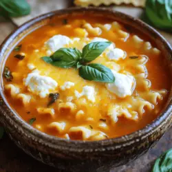 To make Easy Lasagna Soup, gather these ingredients: - 1 tablespoon olive oil - 1 onion, finely chopped - 3 cloves garlic, minced - 1 pound ground beef or turkey - 1 can (28 oz) crushed tomatoes - 4 cups beef or vegetable broth - 1 tablespoon Italian seasoning - 1 teaspoon sugar - 8 lasagna noodles, broken into pieces - 1 cup ricotta cheese - 1 cup shredded mozzarella cheese - ½ cup grated Parmesan cheese - Fresh basil or parsley, for garnish - Salt and pepper to taste These amounts provide great flavor and a hearty meal. If you want to switch things up, consider these options: - Use ground chicken or plant-based meat for a lighter soup. - Swap crushed tomatoes for diced tomatoes for a chunkier texture. - For a vegetarian version, add mushrooms or spinach instead of meat. - Use vegetable broth instead of beef broth for a vegan option. These swaps let everyone enjoy this dish, no matter their diet. To cook this soup, you need some basic tools: - A large pot for simmering the soup. - A wooden spoon for stirring. - A sharp knife and cutting board for chopping. - Measuring cups and spoons for accuracy. Using the right tools helps make cooking easy and fun. Start by gathering all your ingredients. This makes cooking smoother and faster. Chop the onion finely to help it cook evenly. Mince the garlic into small pieces. If you prefer, you can use pre-minced garlic for ease. Measure out your crushed tomatoes and broth. Having everything ready saves time and keeps you focused. - Chopped onion: 1 onion - Minced garlic: 3 cloves - Ground meat: 1 pound - Crushed tomatoes: 1 can (28 oz) - Broth: 4 cups - Lasagna noodles: 8 broken into pieces - Cheese mixture: 1 cup ricotta, 1 cup mozzarella, ½ cup Parmesan Heat the olive oil in a large pot over medium heat. Add the chopped onion and cook until it turns clear, about 3-4 minutes. Stir in the minced garlic for 1 minute. Next, add the ground meat. Cook it until brown, breaking it up as you go. This should take about 5-7 minutes. If there is extra fat, drain it. Pour in the crushed tomatoes, broth, Italian seasoning, and sugar. Stir it all and bring it to a simmer. This step builds the soup’s flavor base. Once simmering, add the broken lasagna noodles. Cook according to the package, usually about 10-12 minutes. Stir occasionally to keep the noodles from sticking. While the noodles cook, mix the ricotta, half of the mozzarella, and Parmesan in a bowl. Add salt and pepper to taste. This mixture adds creaminess to the soup. When the noodles are soft, ladle the soup into bowls. Add a dollop of the ricotta mixture to each bowl. Then, sprinkle the remaining mozzarella on top. Let it melt slightly before serving. This adds a gooey, cheesy layer. Finally, garnish with fresh basil or parsley. This step boosts the flavor and makes the soup look inviting. For the full recipe, check out the details above. Enjoy your delicious Easy Lasagna Soup! To boost the taste of your Easy Lasagna Soup, consider adding these ingredients: - A splash of red wine - A teaspoon of balsamic vinegar - Crushed red pepper flakes These can add depth and warmth. For seasoning, remember to taste as you go. Start with salt and pepper, then adjust later. This way, you control the flavor better. A smooth, rich texture makes the soup delightful. To achieve this: - Cook the noodles separately for the best texture. - Stir them in just before serving. This keeps them from getting too mushy. If you like a thicker soup, reduce the broth slightly. You can also mash some noodles while they cook to thicken the broth. To save time, prep your ingredients before you cook. Chop the onion and garlic first. Here are some quick tips: - Use pre-chopped vegetables. - Cook the meat in bulk on a different day. For meal prep, make extra soup and freeze it. It keeps well and tastes great later. Just thaw and heat when you want a warm bowl of comfort. You can find the full recipe to guide you through the steps. {{image_2}} To create a veggie-packed version, start by swapping meat for your favorite vegetables. You can use zucchini, bell peppers, and spinach. These add color and nutrients. Cut them into small pieces for even cooking. You can sauté these veggies with the onion and garlic for added flavor. Recommended vegetables to include: - Zucchini - Bell peppers - Spinach - Mushrooms - Carrots To boost the cheesiness of your soup, mix in more types of cheese. You can add cream cheese for a rich texture. Another great choice is Gouda, which melts well and adds depth. Experiment with cheese to find your favorite combo. Suggested cheese combinations: - Cream cheese - Gouda cheese - Cheddar cheese - Feta cheese If you like heat, there are many ways to spice up your soup. You can add red pepper flakes for a simple kick. Another option is diced jalapeños for a fresh, spicy flavor. Just remember to adjust the amount based on your taste! Suggested spicy ingredients to incorporate: - Red pepper flakes - Diced jalapeños - Hot sauce - Chipotle peppers in adobo sauce Store leftover lasagna soup in an airtight container. This keeps it fresh and tasty. It lasts in the fridge for about 3 to 4 days. Always let the soup cool before sealing it up. This step prevents moisture build-up inside the container. To freeze the soup, pour it into freezer-safe containers. Leave some space at the top. The soup expands when frozen. It’s best to use it within 2 to 3 months for the best flavor. When you want to reheat, place the container in the fridge overnight. This helps it thaw slowly. Reheat the soup on the stove over low heat. Stir often to warm it evenly. If it's too thick, add a splash of broth or water. You can also use the microwave; just cover the bowl to keep moisture in. This method helps maintain the soup's texture and flavor. Enjoy your Easy Lasagna Soup again! Yes, you can prepare this soup ahead of time. Make it up to two days in advance. Store it in the fridge in an airtight container. When ready to eat, heat it on the stove. The flavors will meld and get even better! This soup pairs well with many sides. Here are some great options: - Garlic bread for a crunchy bite - A fresh green salad for a light touch - Parmesan cheese for extra flavor - Crusty rolls to soak up the soup To make this soup gluten-free, swap regular lasagna noodles for gluten-free ones. You can also use zucchini or eggplant slices as a noodle alternative. Just slice them thinly, and they will cook fast in the soup. Yes, this recipe is very kid-friendly! Kids often love cheesy dishes. To make it even more appealing, let them help mix in the cheeses. Serve it with fun toppings like extra cheese or fresh herbs. They will love picking out their favorite toppings! This article shared how to create delicious Easy Lasagna Soup from scratch. We covered key ingredients, kitchen tools, and step-by-step cooking instructions. I also offered tips to enhance flavor and adjust textures, ensuring a satisfying dish. Whether you want to customize the recipe or store leftovers, we have you covered. Enjoy experimenting with variations and make it your own. With this guide, you'll be serving up comfort in a bowl that everyone will love.