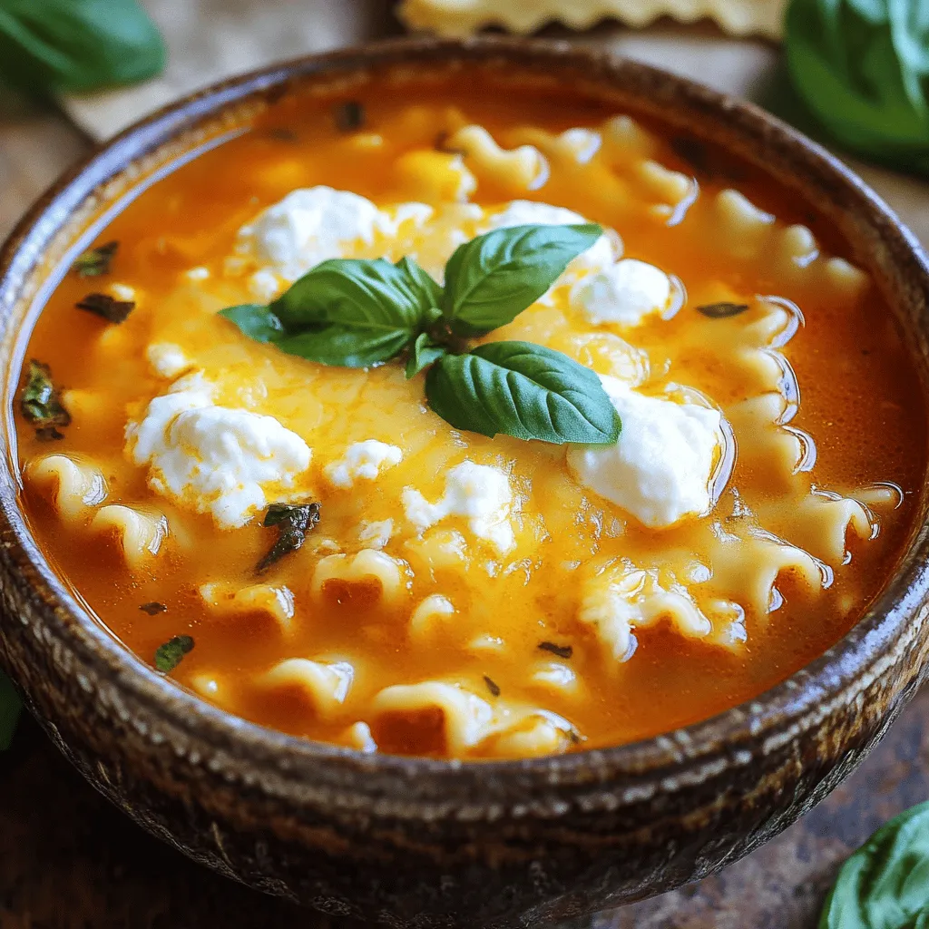 To make Easy Lasagna Soup, gather these ingredients: - 1 tablespoon olive oil - 1 onion, finely chopped - 3 cloves garlic, minced - 1 pound ground beef or turkey - 1 can (28 oz) crushed tomatoes - 4 cups beef or vegetable broth - 1 tablespoon Italian seasoning - 1 teaspoon sugar - 8 lasagna noodles, broken into pieces - 1 cup ricotta cheese - 1 cup shredded mozzarella cheese - ½ cup grated Parmesan cheese - Fresh basil or parsley, for garnish - Salt and pepper to taste These amounts provide great flavor and a hearty meal. If you want to switch things up, consider these options: - Use ground chicken or plant-based meat for a lighter soup. - Swap crushed tomatoes for diced tomatoes for a chunkier texture. - For a vegetarian version, add mushrooms or spinach instead of meat. - Use vegetable broth instead of beef broth for a vegan option. These swaps let everyone enjoy this dish, no matter their diet. To cook this soup, you need some basic tools: - A large pot for simmering the soup. - A wooden spoon for stirring. - A sharp knife and cutting board for chopping. - Measuring cups and spoons for accuracy. Using the right tools helps make cooking easy and fun. Start by gathering all your ingredients. This makes cooking smoother and faster. Chop the onion finely to help it cook evenly. Mince the garlic into small pieces. If you prefer, you can use pre-minced garlic for ease. Measure out your crushed tomatoes and broth. Having everything ready saves time and keeps you focused. - Chopped onion: 1 onion - Minced garlic: 3 cloves - Ground meat: 1 pound - Crushed tomatoes: 1 can (28 oz) - Broth: 4 cups - Lasagna noodles: 8 broken into pieces - Cheese mixture: 1 cup ricotta, 1 cup mozzarella, ½ cup Parmesan Heat the olive oil in a large pot over medium heat. Add the chopped onion and cook until it turns clear, about 3-4 minutes. Stir in the minced garlic for 1 minute. Next, add the ground meat. Cook it until brown, breaking it up as you go. This should take about 5-7 minutes. If there is extra fat, drain it. Pour in the crushed tomatoes, broth, Italian seasoning, and sugar. Stir it all and bring it to a simmer. This step builds the soup’s flavor base. Once simmering, add the broken lasagna noodles. Cook according to the package, usually about 10-12 minutes. Stir occasionally to keep the noodles from sticking. While the noodles cook, mix the ricotta, half of the mozzarella, and Parmesan in a bowl. Add salt and pepper to taste. This mixture adds creaminess to the soup. When the noodles are soft, ladle the soup into bowls. Add a dollop of the ricotta mixture to each bowl. Then, sprinkle the remaining mozzarella on top. Let it melt slightly before serving. This adds a gooey, cheesy layer. Finally, garnish with fresh basil or parsley. This step boosts the flavor and makes the soup look inviting. For the full recipe, check out the details above. Enjoy your delicious Easy Lasagna Soup! To boost the taste of your Easy Lasagna Soup, consider adding these ingredients: - A splash of red wine - A teaspoon of balsamic vinegar - Crushed red pepper flakes These can add depth and warmth. For seasoning, remember to taste as you go. Start with salt and pepper, then adjust later. This way, you control the flavor better. A smooth, rich texture makes the soup delightful. To achieve this: - Cook the noodles separately for the best texture. - Stir them in just before serving. This keeps them from getting too mushy. If you like a thicker soup, reduce the broth slightly. You can also mash some noodles while they cook to thicken the broth. To save time, prep your ingredients before you cook. Chop the onion and garlic first. Here are some quick tips: - Use pre-chopped vegetables. - Cook the meat in bulk on a different day. For meal prep, make extra soup and freeze it. It keeps well and tastes great later. Just thaw and heat when you want a warm bowl of comfort. You can find the full recipe to guide you through the steps. {{image_2}} To create a veggie-packed version, start by swapping meat for your favorite vegetables. You can use zucchini, bell peppers, and spinach. These add color and nutrients. Cut them into small pieces for even cooking. You can sauté these veggies with the onion and garlic for added flavor. Recommended vegetables to include: - Zucchini - Bell peppers - Spinach - Mushrooms - Carrots To boost the cheesiness of your soup, mix in more types of cheese. You can add cream cheese for a rich texture. Another great choice is Gouda, which melts well and adds depth. Experiment with cheese to find your favorite combo. Suggested cheese combinations: - Cream cheese - Gouda cheese - Cheddar cheese - Feta cheese If you like heat, there are many ways to spice up your soup. You can add red pepper flakes for a simple kick. Another option is diced jalapeños for a fresh, spicy flavor. Just remember to adjust the amount based on your taste! Suggested spicy ingredients to incorporate: - Red pepper flakes - Diced jalapeños - Hot sauce - Chipotle peppers in adobo sauce Store leftover lasagna soup in an airtight container. This keeps it fresh and tasty. It lasts in the fridge for about 3 to 4 days. Always let the soup cool before sealing it up. This step prevents moisture build-up inside the container. To freeze the soup, pour it into freezer-safe containers. Leave some space at the top. The soup expands when frozen. It’s best to use it within 2 to 3 months for the best flavor. When you want to reheat, place the container in the fridge overnight. This helps it thaw slowly. Reheat the soup on the stove over low heat. Stir often to warm it evenly. If it's too thick, add a splash of broth or water. You can also use the microwave; just cover the bowl to keep moisture in. This method helps maintain the soup's texture and flavor. Enjoy your Easy Lasagna Soup again! Yes, you can prepare this soup ahead of time. Make it up to two days in advance. Store it in the fridge in an airtight container. When ready to eat, heat it on the stove. The flavors will meld and get even better! This soup pairs well with many sides. Here are some great options: - Garlic bread for a crunchy bite - A fresh green salad for a light touch - Parmesan cheese for extra flavor - Crusty rolls to soak up the soup To make this soup gluten-free, swap regular lasagna noodles for gluten-free ones. You can also use zucchini or eggplant slices as a noodle alternative. Just slice them thinly, and they will cook fast in the soup. Yes, this recipe is very kid-friendly! Kids often love cheesy dishes. To make it even more appealing, let them help mix in the cheeses. Serve it with fun toppings like extra cheese or fresh herbs. They will love picking out their favorite toppings! This article shared how to create delicious Easy Lasagna Soup from scratch. We covered key ingredients, kitchen tools, and step-by-step cooking instructions. I also offered tips to enhance flavor and adjust textures, ensuring a satisfying dish. Whether you want to customize the recipe or store leftovers, we have you covered. Enjoy experimenting with variations and make it your own. With this guide, you'll be serving up comfort in a bowl that everyone will love.