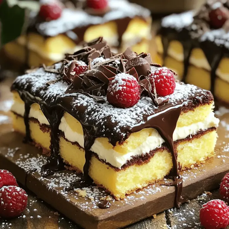 - 1¼ cups all-purpose flour - ½ cup granulated sugar - ½ cup unsalted butter, softened - 2 large eggs - 1 teaspoon baking powder - ½ teaspoon baking soda - ¼ teaspoon salt - ½ cup whole milk - 1 teaspoon vanilla extract - 1 cup pastry cream (store-bought or homemade) - ½ cup chocolate ganache (store-bought or homemade) I love how simple and fun this recipe is! Each ingredient plays a big role in making Boston Cream Bars so tasty. The flour gives the bars structure. Sugar adds sweetness. Butter keeps everything moist and rich. Eggs help bind it all together. Baking powder and baking soda work together to make the bars fluffy. Salt balances the sweetness and enhances the flavors. Milk adds creaminess, while vanilla brings a warm touch. Pastry cream adds that classic Boston cream flavor, and chocolate ganache tops it off beautifully. - Powdered sugar - Chocolate shavings - Fresh berries These garnishes give the bars a lovely finish. Dusting with powdered sugar makes them look fancy. Chocolate shavings add a touch of elegance. Fresh berries bring color and freshness. You can mix and match these garnishes to make your dessert special! - Preheat oven to 350°F (175°C). - Grease a 9x9 inch baking pan well. - Cream together ½ cup of softened butter and ½ cup of sugar. - Mix until light and fluffy. - Add 2 large eggs, one at a time. - Pour in 1 teaspoon of vanilla extract and mix well. - In another bowl, whisk together 1¼ cups of flour, 1 teaspoon of baking powder, ½ teaspoon of baking soda, and ¼ teaspoon of salt. - Gradually add dry ingredients to the butter mixture. - Alternate with ½ cup of whole milk. Mix until just combined. - Pour the batter into the greased pan. Spread it evenly. - Bake for 25-30 minutes. A toothpick should come out clean. - Let the cake cool completely in the pan. - Slice the cake in half horizontally to create two layers. - Spread 1 cup of pastry cream on the bottom layer. - Carefully place the top layer back on. - Pour ½ cup of chocolate ganache over the top layer. - Let it drip slightly down the sides. - Chill in the refrigerator for at least one hour to set the ganache before slicing into squares. For the full recipe, refer to the section above. To make the best Boston cream bars, follow these tips. First, prevent overmixing. Mix just until the dry and wet ingredients combine. Overmixing can make the cake dense. Next, ensure even baking. Rotate the pan halfway through baking. This helps the cake bake evenly. Serve your Boston cream bars chilled. They taste best when cool. For presentation, dust the top with powdered sugar. You can also add chocolate shavings or fresh berries. This makes your bars look fancy! Sometimes, the cake can be too dense. If this happens, check if you overmixed the batter. Also, make sure you measured the flour correctly. Another problem is the ganache not setting. If it won’t set, try chilling it longer in the fridge. This helps it firm up nicely. For the complete recipe, you can refer to the Full Recipe section. {{image_2}} You can make Boston Cream Bars even more fun with flavor changes. Adding almond extract gives a nice twist. Just a few drops can add a sweet, nutty taste. You can also try different chocolate types for the ganache. Dark chocolate adds richness, while white chocolate gives a sweet touch. Each choice can change the whole vibe of the dessert. If you need a gluten-free option, use a gluten-free flour blend. It works well in this recipe. You can also create a vegan version. Replace eggs with flaxseed meal mixed with water. Use plant-based butter and milk instead of dairy. These swaps keep the dessert tasty for everyone. Get creative with how you serve these bars. Try making individual servings in small cups. This way, each guest gets their own treat. You can also switch up the toppings. Whipped cream adds a light touch, while fresh fruit brings a burst of color. You can even drizzle extra chocolate on top for more flavor. For the full recipe, check out the details above. Enjoy experimenting with your Boston Cream Bars! To keep your Boston Cream Bars fresh, store them in the fridge. Place the bars in an airtight container. This helps keep them from drying out. If you have leftovers, they can stay good in the fridge for up to four days. If you want to save them longer, freeze the bars. Wrap each bar in plastic wrap, then put them in a freezer bag. They can last for up to three months this way. When stored properly, Boston Cream Bars last about four days in the fridge. Look for signs that they have gone bad. If the bars smell sour or have mold, it’s time to throw them away. If the ganache looks dull or the cake feels very dry, they may not taste good anymore. If you want to warm your Boston Cream Bars, do it gently. Use a microwave on low power for about 10-15 seconds. This will keep the cake moist and the ganache smooth. Avoid overheating, as it can change the texture. Enjoy the bars warm, or eat them cold for a nice treat! Yes, you can make Boston Cream Bars ahead of time. I recommend making them one day before you serve them. This allows the flavors to blend and the ganache to set perfectly. After chilling in the fridge, your bars will be ready to impress your guests. Just keep them covered to stay fresh. If you need a substitute for pastry cream, try using whipped cream or pudding. Whipped cream gives a light texture, while pudding adds creaminess and flavor. You can use vanilla or chocolate pudding based on your taste. Both options work well and still taste great in the bars. Making chocolate ganache is easy! Start with equal parts chocolate and heavy cream. Heat the cream until it’s just about to boil, then pour it over chopped chocolate. Let it sit for a few minutes, then stir until smooth. This simple ganache recipe is rich and perfect for topping your bars. You can find Boston Cream Bars at bakeries and dessert shops. Many grocery stores also carry them in their bakery section. If you prefer online shopping, check websites like Amazon or local delivery services. You’ll find a variety of options to satisfy your sweet tooth. For the best homemade experience, try my full recipe. Boston Cream Bars are a tasty dessert you can make at home. This post outlined the key ingredients and easy steps to bake them. I shared baking tips to ensure your bars come out just right. You can also try different flavors or make dietary adjustments to suit your needs. Store leftovers properly to keep them fresh, and enjoy them for days. With these tips, you can impress friends and family with a delicious treat. Happy baking!