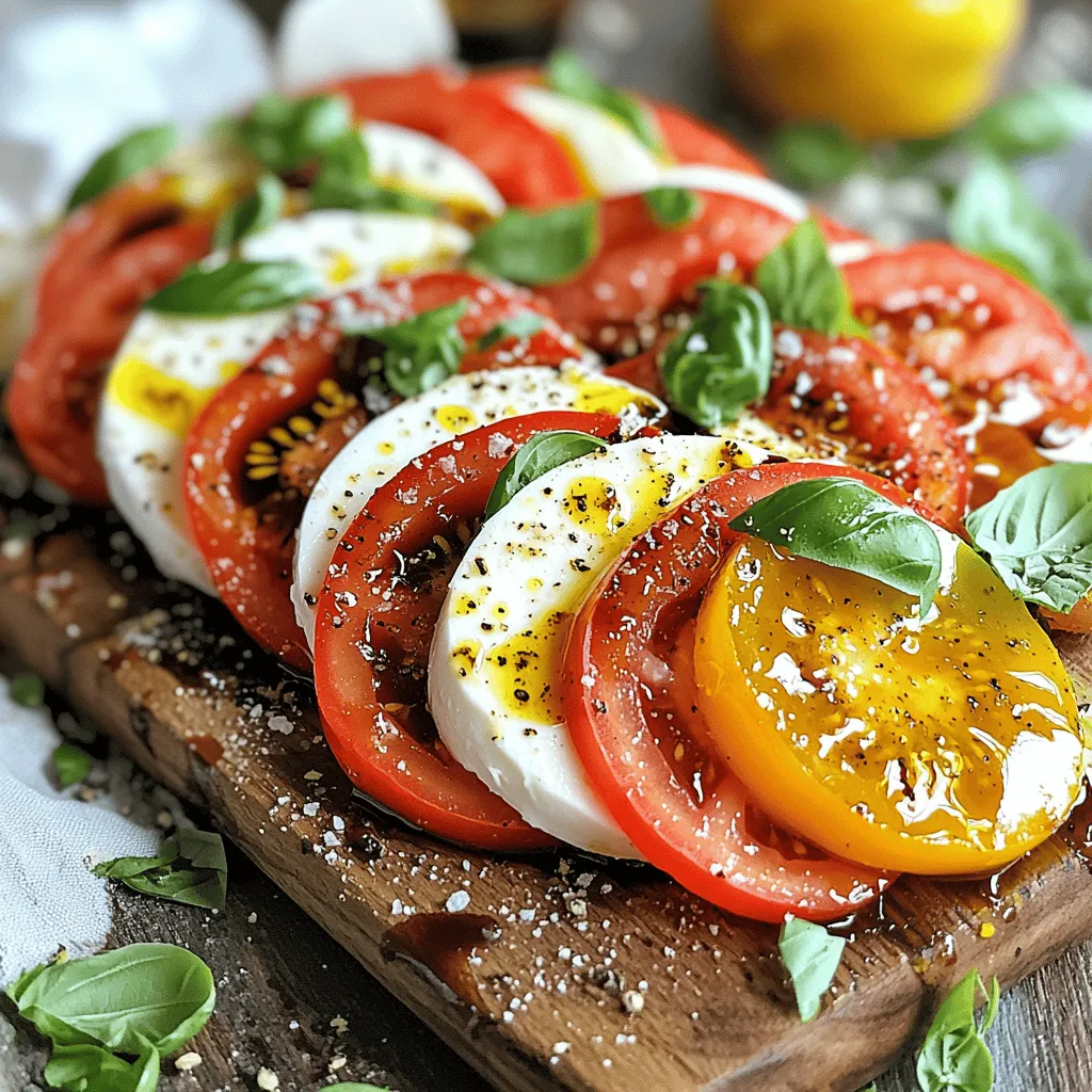 - Ripe tomatoes - Fresh mozzarella cheese - Fresh basil leaves The heart of a Caprese salad is fresh produce. Ripe tomatoes are vital. They should be juicy and sweet. Look for bright colors and a slight give when you squeeze them. Fresh mozzarella cheese adds a creamy texture. It should be soft and slightly springy. Fresh basil leaves bring a fragrant touch. Their smell alone can make your kitchen feel like an Italian bistro. - Extra virgin olive oil - Balsamic glaze - Salt and pepper Extra virgin olive oil enhances the flavors. It adds richness and smoothness. Balsamic glaze offers sweetness and depth. Just a drizzle can elevate your salad. Salt and pepper are essential, too. They bring out the natural tastes of the tomatoes and cheese. Don't be shy—season well for the best results! - Sharp knife - Cutting board - Serving platter A sharp knife is key for slicing tomatoes and mozzarella. It helps you make clean cuts without squishing the cheese. A sturdy cutting board provides a safe workspace. Finally, a serving platter makes your salad shine. Choose one that showcases the vibrant colors of your ingredients. You can find the full recipe for this delightful dish [here](#). 1. Start by laying out the sliced tomatoes on a large serving platter. 2. Overlap the tomato slices slightly. This helps create a pretty look. 3. Next, layer the fresh mozzarella slices on top of the tomatoes. 4. Alternate mozzarella with tomatoes for balance. 5. Tuck fresh basil leaves between the layers. This adds great flavor. 1. Drizzle generous amounts of extra virgin olive oil over the salad. 2. This oil brings out the best in the fresh ingredients. 3. Next, add a touch of balsamic glaze. This adds sweetness and depth. 4. Season the salad with salt and freshly cracked black pepper. 5. These seasonings enhance all the vibrant flavors in the dish. 1. Let the salad sit for about 10 minutes before serving. 2. This resting time allows the flavors to blend well. 3. Consider how the salad looks. Use a rustic wooden board or white platter. 4. Garnish with extra basil leaves for added freshness. 5. A beautiful presentation makes the dish even more appealing. This recipe makes a stunning Caprese salad that showcases bold flavors and fresh ingredients. Check out the Full Recipe for complete details. When making Caprese salad, the right ingredients are key. Start with ripe tomatoes. Look for tomatoes that feel heavy and have a sweet scent. A firm, shiny skin is also a good sign. You want them to be sweet and juicy. Next, opt for high-quality mozzarella. Fresh mozzarella should be soft and creamy. It should feel slightly springy when you press it. If it smells fresh and milky, you’ve found a winner. Your Caprese salad should look as good as it tastes. Serve it on a rustic wooden board or a bright white platter. This contrast makes the colors pop. Layer the slices neatly for a beautiful display. For quick garnishing ideas, add a few extra basil leaves on top. You can also drizzle a bit of olive oil around the edges. This adds a polished look without much effort. To boost the flavor, think about adding spices or herbs. A sprinkle of crushed red pepper can add a nice kick. Fresh cracked black pepper also enhances the taste. Experimenting with balsamic alternatives can be fun too. You can try citrus vinaigrette for a zesty twist. Adding a touch of honey to your balsamic glaze can also sweeten the salad perfectly. For the full recipe, check out the Caprese Salad Extravaganza. It brings all these tips together for a delicious meal! {{image_2}} You can change your Caprese salad with the seasons. In summer, ripe heirloom tomatoes shine. In autumn, try adding roasted butternut squash. Fresh corn also adds sweetness. Winter brings a chance to use citrus. Oranges and grapefruits brighten up your dish. When you think about different cuisines, you can mix in flavors. For a Mediterranean twist, add olives or artichokes. If you like Asian flavors, try using sesame oil and fresh cilantro. Each change brings new life to your salad. For a vegan twist, swap fresh mozzarella with cashew cheese or tofu. These options still offer great taste. You can even make a creamy avocado dressing for extra richness. If you need gluten-free options, you’re in luck! The classic Caprese is already gluten-free. Just make sure all your ingredients are pure and safe. Want to add some protein? Grilled chicken works great. It makes your salad a full meal. You can also try adding shrimp for a seafood flair. Infusing your salad with a citrus dressing gives it a fresh kick. Mix lemon juice with olive oil for brightness. This twist complements the mozzarella and tomatoes well. For the complete experience, check out the Full Recipe. Each variation can make your Caprese salad a new delight! To keep your Caprese salad fresh, refrigerate leftovers right away. Place the salad in an airtight container. This helps to keep the flavors intact. Use glass or plastic containers that seal tightly. Avoid using metal containers, as they can alter the taste. Freezing Caprese salad is not recommended. The tomatoes and mozzarella lose texture when thawed. However, you can freeze some individual ingredients. For example, you can freeze basil leaves in oil for later use. To revive leftover salad, let it sit at room temperature for about 15 minutes before serving. This brings back some of the fresh flavors. Fresh tomatoes can last about one week in the fridge. Mozzarella cheese should be eaten within five days of opening. Basil leaves are best used within three days for optimal flavor. Check for signs of spoilage. Look for mold on cheese, mushy tomatoes, or wilting leaves. These indicate that it’s time to toss your ingredients. If you can't find fresh mozzarella, try these options: - Burrata: This creamy cheese adds a rich texture. - Feta: Crumbled feta gives a salty kick. - Goat cheese: This tangy cheese offers a different flavor. - Ricotta: Use this for a lighter, fluffy touch. Each option brings a unique taste, but they all pair well with tomatoes and basil. Yes, you can make Caprese salad ahead of time. Here are some tips: - Slice tomatoes and mozzarella a few hours before serving. - Keep them in separate containers to avoid sogginess. - Add fresh basil just before serving for best taste. - Drizzle olive oil and balsamic glaze right before eating. This way, your salad stays fresh and vibrant. Caprese salad comes from the island of Capri in Italy. It dates back to the 1920s. The salad represents the colors of the Italian flag: red tomatoes, white mozzarella, and green basil. This dish celebrates simplicity and fresh ingredients. Now, it’s enjoyed around the world in many variations. For the complete preparation process, check out the [Full Recipe]. In this post, I covered the key ingredients for a delicious Caprese salad. You learned about ripe tomatoes, fresh mozzarella, and fragrant basil. I shared step-by-step instructions for preparation and tips for perfecting your presentation. Variations and storage options help you customize and keep your salad fresh. Caprese salad is simple yet full of flavor. It’s perfect for any occasion. Enjoy making this dish your own!