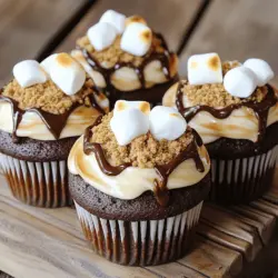 To make perfect S’mores cupcakes, gather these simple ingredients: - 1 cup all-purpose flour - 1 cup graham cracker crumbs - 1 teaspoon baking powder - 1/2 teaspoon baking soda - 1/4 teaspoon salt - 1/2 cup unsweetened cocoa powder - 1/2 cup unsalted butter, softened - 1 cup granulated sugar - 2 large eggs - 1 teaspoon vanilla extract - 1 cup buttermilk - 1 cup mini marshmallows - 1/2 cup chocolate chips - 1/2 cup chopped milk chocolate (for topping) - 1/2 cup additional mini marshmallows (for topping) - 1/4 cup Hershey’s chocolate syrup (optional, for drizzle) You can easily swap some ingredients if needed. Here are a few ideas: - All-purpose flour: Use gluten-free flour for a gluten-free option. - Butter: You can use coconut oil or vegetable oil instead. - Buttermilk: Mix 1 cup of milk with 1 tablespoon of vinegar or lemon juice. Let it sit for five minutes to create a buttermilk-like effect. - Granulated sugar: Use brown sugar for a richer flavor. Using the best ingredients makes a big difference. Here are some tips: - Flour: Always use fresh flour for the best texture. - Cocoa powder: Choose a high-quality cocoa powder for rich chocolate flavor. - Butter: Use unsalted butter to control the salt content in your cupcakes. - Chocolate: Go for high-quality chocolate for the best taste. - Marshmallows: Use mini marshmallows for even melting and a fun texture. These tips help ensure your cupcakes turn out delicious and flavorful. For the full recipe, check the provided details! Start by preheating your oven to 350°F (175°C). This step is key for even baking. While the oven warms, take a muffin tin and line it with cupcake liners. This will help your cupcakes come out easily later. In a medium bowl, whisk together the dry ingredients. Combine 1 cup of all-purpose flour, 1 cup of graham cracker crumbs, 1 teaspoon of baking powder, 1/2 teaspoon of baking soda, 1/4 teaspoon of salt, and 1/2 cup of cocoa powder. Mixing these well gives your cupcakes a rich flavor. In a large bowl, beat together 1/2 cup of softened butter and 1 cup of granulated sugar. Use an electric mixer for 3-4 minutes until it’s light and fluffy. Add 2 large eggs, one at a time. Mix well after each one. Stir in 1 teaspoon of vanilla extract. Now, alternate adding the dry mixture and 1 cup of buttermilk into the creamed mixture. Start and end with the dry ingredients. Mix until just combined. Be careful not to overmix; this keeps your cupcakes soft. Finally, gently fold in 1 cup of mini marshmallows and 1/2 cup of chocolate chips. Now, evenly fill each cupcake liner with the batter. Aim to fill them about three-quarters full. Bake your cupcakes in the preheated oven for 18-20 minutes. To check if they are done, insert a toothpick into the center. If it comes out clean, they are ready! After baking, take them out and while they are still warm, press a piece of chopped milk chocolate and a few mini marshmallows into each cupcake top. For a special touch, broil them for 1-2 minutes. Watch closely to avoid burning. Once done, allow them to cool completely before serving. This step is hard, but trust me, it's worth it! For an extra treat, drizzle with Hershey’s chocolate syrup once they have cooled. Enjoy your Perfect S’mores Cupcakes! To get that classic s’mores flavor, use real graham cracker crumbs. They add a rich taste and texture. Incorporate cocoa powder for a chocolatey base. This gives your cupcakes a wonderful depth. Don’t forget the toasted marshmallows! Their sweetness boosts the overall flavor. Adding Hershey’s chocolate syrup on top enhances the chocolate experience. This step is optional but highly recommended for extra sweetness. Moisture is key for perfect cupcakes. Use buttermilk in your batter; it makes cupcakes soft and light. Be careful not to overmix your batter. Overmixing can lead to dense cupcakes. Fill the liners only three-quarters full to allow room for rising. When baking, check for doneness with a toothpick. It should come out clean for a perfect texture. Presentation makes a big difference. Dust cupcakes with extra graham cracker crumbs for a rustic touch. Top each cupcake with a piece of chocolate and mini marshmallows while they are warm. This helps them melt slightly and look inviting. For a fun twist, serve on a wooden board for a campfire vibe. Drizzling with chocolate syrup adds flair and taste. You can find the full recipe for all these steps included above. {{image_2}} You can switch up the flavor of your s'mores cupcakes. Try using peanut butter in the batter for a nutty twist. Add a layer of raspberry or strawberry jam for a fruity touch. Or, use white chocolate instead of milk chocolate for a different taste. These changes keep the cupcakes fun and exciting! If you need gluten-free cupcakes, swap the all-purpose flour for a gluten-free blend. Make sure it has a good binding agent. For a vegan version, replace the eggs with flax eggs. Use a plant-based butter and non-dairy milk. These swaps keep the taste great while meeting dietary needs. Mini cupcakes are cute and perfect for parties. They bake faster, so watch them closely. Regular-sized cupcakes are more filling and great for a treat at home. You can even mix both sizes for variety. This way, everyone can enjoy their favorite size. To keep your Perfect S’mores Cupcakes fresh, store them in an airtight container. This helps to trap moisture and keep them soft. Place a piece of parchment paper between layers to avoid sticking. Keep the container at room temperature for up to three days. If they last longer, move them to the fridge. Just remember to bring them back to room temp before serving. You can freeze these cupcakes for up to three months. First, let them cool completely. Wrap each cupcake in plastic wrap tightly. Then, place wrapped cupcakes in a freezer-safe bag or container. When you're ready to eat, thaw them in the fridge overnight. For best taste, do not freeze the toppings. Add them after thawing. To warm up the cupcakes, preheat your oven to 350°F (175°C). Place the cupcakes on a baking sheet. Heat them for about 5 to 10 minutes. You can also use a microwave. Heat for about 10 to 15 seconds per cupcake. Enjoy them warm for that fresh-baked taste! To keep your S’mores Cupcakes moist, use fresh ingredients. Always measure buttermilk correctly. When mixing, stop as soon as it blends. Overmixing can make the cupcakes dry. Also, press mini marshmallows into the tops right after baking. This adds moisture and flavor. Yes, you can make these cupcakes ahead. Bake them and let them cool completely. Store them in an airtight container at room temperature for up to three days. If you want to keep them longer, freeze them for up to three months. Just remember to frost them after thawing. If you don’t have buttermilk, you can use milk with vinegar or lemon juice. Add one tablespoon of vinegar or lemon juice to a measuring cup. Fill it with milk until you reach one cup. Let it sit for five minutes before using. This will mimic buttermilk’s tangy flavor. You can make S’mores Cupcakes in a slow cooker. Prepare the batter as you normally would. Pour it into a greased slow cooker. Cover and cook on low for about two hours. Check for doneness with a toothpick. This method gives a moist texture. You can find the full recipe for Perfect S’mores Cupcakes in the provided recipe section. It includes all the ingredients and steps you need to create these tasty treats. Enjoy the fun of baking! In this blog post, we explored the essential ingredients, step-by-step instructions, and clever tips for making perfect S’mores cupcakes. I shared ways to enhance flavors and offer variations, like gluten-free options. Storing and reheating suggestions ensure your cupcakes stay fresh. With these insights, crafting delicious cupcakes is simple and fun. Enjoy experimenting with flavors and techniques, and make these tasty treats part of your baking routine!