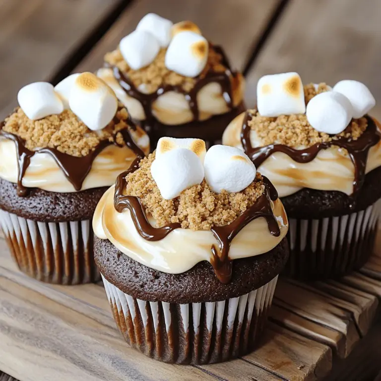 To make perfect S’mores cupcakes, gather these simple ingredients: - 1 cup all-purpose flour - 1 cup graham cracker crumbs - 1 teaspoon baking powder - 1/2 teaspoon baking soda - 1/4 teaspoon salt - 1/2 cup unsweetened cocoa powder - 1/2 cup unsalted butter, softened - 1 cup granulated sugar - 2 large eggs - 1 teaspoon vanilla extract - 1 cup buttermilk - 1 cup mini marshmallows - 1/2 cup chocolate chips - 1/2 cup chopped milk chocolate (for topping) - 1/2 cup additional mini marshmallows (for topping) - 1/4 cup Hershey’s chocolate syrup (optional, for drizzle) You can easily swap some ingredients if needed. Here are a few ideas: - All-purpose flour: Use gluten-free flour for a gluten-free option. - Butter: You can use coconut oil or vegetable oil instead. - Buttermilk: Mix 1 cup of milk with 1 tablespoon of vinegar or lemon juice. Let it sit for five minutes to create a buttermilk-like effect. - Granulated sugar: Use brown sugar for a richer flavor. Using the best ingredients makes a big difference. Here are some tips: - Flour: Always use fresh flour for the best texture. - Cocoa powder: Choose a high-quality cocoa powder for rich chocolate flavor. - Butter: Use unsalted butter to control the salt content in your cupcakes. - Chocolate: Go for high-quality chocolate for the best taste. - Marshmallows: Use mini marshmallows for even melting and a fun texture. These tips help ensure your cupcakes turn out delicious and flavorful. For the full recipe, check the provided details! Start by preheating your oven to 350°F (175°C). This step is key for even baking. While the oven warms, take a muffin tin and line it with cupcake liners. This will help your cupcakes come out easily later. In a medium bowl, whisk together the dry ingredients. Combine 1 cup of all-purpose flour, 1 cup of graham cracker crumbs, 1 teaspoon of baking powder, 1/2 teaspoon of baking soda, 1/4 teaspoon of salt, and 1/2 cup of cocoa powder. Mixing these well gives your cupcakes a rich flavor. In a large bowl, beat together 1/2 cup of softened butter and 1 cup of granulated sugar. Use an electric mixer for 3-4 minutes until it’s light and fluffy. Add 2 large eggs, one at a time. Mix well after each one. Stir in 1 teaspoon of vanilla extract. Now, alternate adding the dry mixture and 1 cup of buttermilk into the creamed mixture. Start and end with the dry ingredients. Mix until just combined. Be careful not to overmix; this keeps your cupcakes soft. Finally, gently fold in 1 cup of mini marshmallows and 1/2 cup of chocolate chips. Now, evenly fill each cupcake liner with the batter. Aim to fill them about three-quarters full. Bake your cupcakes in the preheated oven for 18-20 minutes. To check if they are done, insert a toothpick into the center. If it comes out clean, they are ready! After baking, take them out and while they are still warm, press a piece of chopped milk chocolate and a few mini marshmallows into each cupcake top. For a special touch, broil them for 1-2 minutes. Watch closely to avoid burning. Once done, allow them to cool completely before serving. This step is hard, but trust me, it's worth it! For an extra treat, drizzle with Hershey’s chocolate syrup once they have cooled. Enjoy your Perfect S’mores Cupcakes! To get that classic s’mores flavor, use real graham cracker crumbs. They add a rich taste and texture. Incorporate cocoa powder for a chocolatey base. This gives your cupcakes a wonderful depth. Don’t forget the toasted marshmallows! Their sweetness boosts the overall flavor. Adding Hershey’s chocolate syrup on top enhances the chocolate experience. This step is optional but highly recommended for extra sweetness. Moisture is key for perfect cupcakes. Use buttermilk in your batter; it makes cupcakes soft and light. Be careful not to overmix your batter. Overmixing can lead to dense cupcakes. Fill the liners only three-quarters full to allow room for rising. When baking, check for doneness with a toothpick. It should come out clean for a perfect texture. Presentation makes a big difference. Dust cupcakes with extra graham cracker crumbs for a rustic touch. Top each cupcake with a piece of chocolate and mini marshmallows while they are warm. This helps them melt slightly and look inviting. For a fun twist, serve on a wooden board for a campfire vibe. Drizzling with chocolate syrup adds flair and taste. You can find the full recipe for all these steps included above. {{image_2}} You can switch up the flavor of your s'mores cupcakes. Try using peanut butter in the batter for a nutty twist. Add a layer of raspberry or strawberry jam for a fruity touch. Or, use white chocolate instead of milk chocolate for a different taste. These changes keep the cupcakes fun and exciting! If you need gluten-free cupcakes, swap the all-purpose flour for a gluten-free blend. Make sure it has a good binding agent. For a vegan version, replace the eggs with flax eggs. Use a plant-based butter and non-dairy milk. These swaps keep the taste great while meeting dietary needs. Mini cupcakes are cute and perfect for parties. They bake faster, so watch them closely. Regular-sized cupcakes are more filling and great for a treat at home. You can even mix both sizes for variety. This way, everyone can enjoy their favorite size. To keep your Perfect S’mores Cupcakes fresh, store them in an airtight container. This helps to trap moisture and keep them soft. Place a piece of parchment paper between layers to avoid sticking. Keep the container at room temperature for up to three days. If they last longer, move them to the fridge. Just remember to bring them back to room temp before serving. You can freeze these cupcakes for up to three months. First, let them cool completely. Wrap each cupcake in plastic wrap tightly. Then, place wrapped cupcakes in a freezer-safe bag or container. When you're ready to eat, thaw them in the fridge overnight. For best taste, do not freeze the toppings. Add them after thawing. To warm up the cupcakes, preheat your oven to 350°F (175°C). Place the cupcakes on a baking sheet. Heat them for about 5 to 10 minutes. You can also use a microwave. Heat for about 10 to 15 seconds per cupcake. Enjoy them warm for that fresh-baked taste! To keep your S’mores Cupcakes moist, use fresh ingredients. Always measure buttermilk correctly. When mixing, stop as soon as it blends. Overmixing can make the cupcakes dry. Also, press mini marshmallows into the tops right after baking. This adds moisture and flavor. Yes, you can make these cupcakes ahead. Bake them and let them cool completely. Store them in an airtight container at room temperature for up to three days. If you want to keep them longer, freeze them for up to three months. Just remember to frost them after thawing. If you don’t have buttermilk, you can use milk with vinegar or lemon juice. Add one tablespoon of vinegar or lemon juice to a measuring cup. Fill it with milk until you reach one cup. Let it sit for five minutes before using. This will mimic buttermilk’s tangy flavor. You can make S’mores Cupcakes in a slow cooker. Prepare the batter as you normally would. Pour it into a greased slow cooker. Cover and cook on low for about two hours. Check for doneness with a toothpick. This method gives a moist texture. You can find the full recipe for Perfect S’mores Cupcakes in the provided recipe section. It includes all the ingredients and steps you need to create these tasty treats. Enjoy the fun of baking! In this blog post, we explored the essential ingredients, step-by-step instructions, and clever tips for making perfect S’mores cupcakes. I shared ways to enhance flavors and offer variations, like gluten-free options. Storing and reheating suggestions ensure your cupcakes stay fresh. With these insights, crafting delicious cupcakes is simple and fun. Enjoy experimenting with flavors and techniques, and make these tasty treats part of your baking routine!