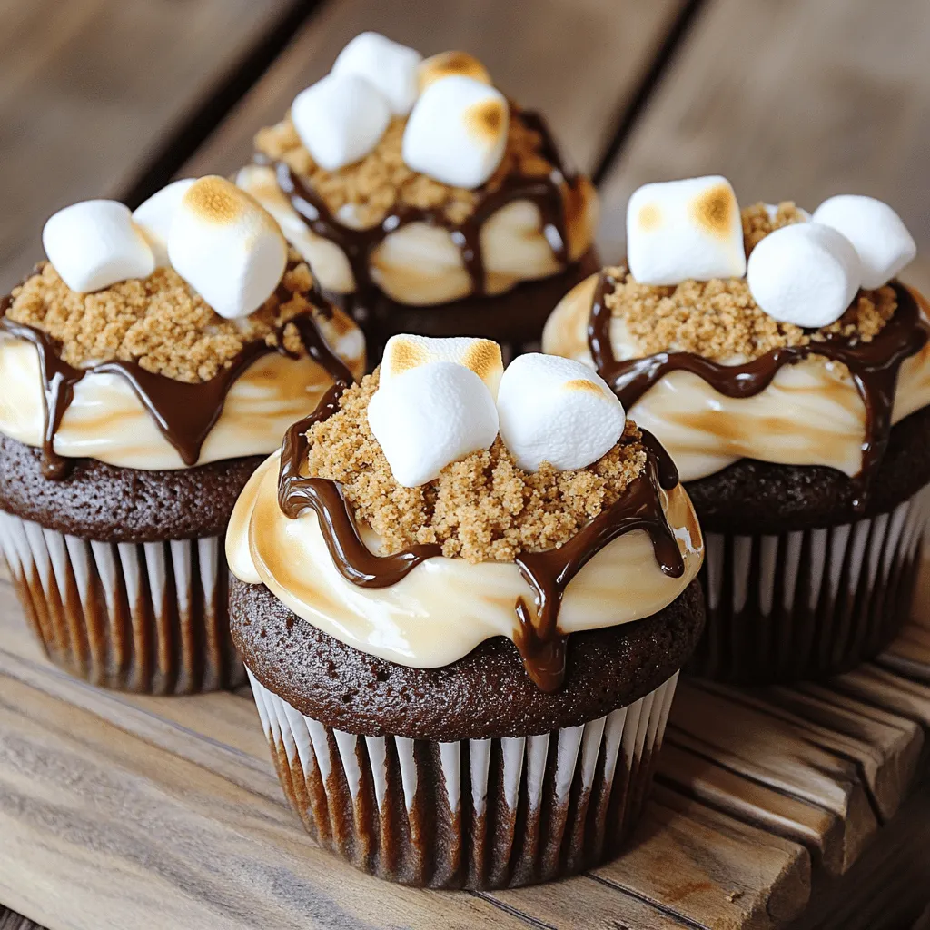 To make perfect S’mores cupcakes, gather these simple ingredients: - 1 cup all-purpose flour - 1 cup graham cracker crumbs - 1 teaspoon baking powder - 1/2 teaspoon baking soda - 1/4 teaspoon salt - 1/2 cup unsweetened cocoa powder - 1/2 cup unsalted butter, softened - 1 cup granulated sugar - 2 large eggs - 1 teaspoon vanilla extract - 1 cup buttermilk - 1 cup mini marshmallows - 1/2 cup chocolate chips - 1/2 cup chopped milk chocolate (for topping) - 1/2 cup additional mini marshmallows (for topping) - 1/4 cup Hershey’s chocolate syrup (optional, for drizzle) You can easily swap some ingredients if needed. Here are a few ideas: - All-purpose flour: Use gluten-free flour for a gluten-free option. - Butter: You can use coconut oil or vegetable oil instead. - Buttermilk: Mix 1 cup of milk with 1 tablespoon of vinegar or lemon juice. Let it sit for five minutes to create a buttermilk-like effect. - Granulated sugar: Use brown sugar for a richer flavor. Using the best ingredients makes a big difference. Here are some tips: - Flour: Always use fresh flour for the best texture. - Cocoa powder: Choose a high-quality cocoa powder for rich chocolate flavor. - Butter: Use unsalted butter to control the salt content in your cupcakes. - Chocolate: Go for high-quality chocolate for the best taste. - Marshmallows: Use mini marshmallows for even melting and a fun texture. These tips help ensure your cupcakes turn out delicious and flavorful. For the full recipe, check the provided details! Start by preheating your oven to 350°F (175°C). This step is key for even baking. While the oven warms, take a muffin tin and line it with cupcake liners. This will help your cupcakes come out easily later. In a medium bowl, whisk together the dry ingredients. Combine 1 cup of all-purpose flour, 1 cup of graham cracker crumbs, 1 teaspoon of baking powder, 1/2 teaspoon of baking soda, 1/4 teaspoon of salt, and 1/2 cup of cocoa powder. Mixing these well gives your cupcakes a rich flavor. In a large bowl, beat together 1/2 cup of softened butter and 1 cup of granulated sugar. Use an electric mixer for 3-4 minutes until it’s light and fluffy. Add 2 large eggs, one at a time. Mix well after each one. Stir in 1 teaspoon of vanilla extract. Now, alternate adding the dry mixture and 1 cup of buttermilk into the creamed mixture. Start and end with the dry ingredients. Mix until just combined. Be careful not to overmix; this keeps your cupcakes soft. Finally, gently fold in 1 cup of mini marshmallows and 1/2 cup of chocolate chips. Now, evenly fill each cupcake liner with the batter. Aim to fill them about three-quarters full. Bake your cupcakes in the preheated oven for 18-20 minutes. To check if they are done, insert a toothpick into the center. If it comes out clean, they are ready! After baking, take them out and while they are still warm, press a piece of chopped milk chocolate and a few mini marshmallows into each cupcake top. For a special touch, broil them for 1-2 minutes. Watch closely to avoid burning. Once done, allow them to cool completely before serving. This step is hard, but trust me, it's worth it! For an extra treat, drizzle with Hershey’s chocolate syrup once they have cooled. Enjoy your Perfect S’mores Cupcakes! To get that classic s’mores flavor, use real graham cracker crumbs. They add a rich taste and texture. Incorporate cocoa powder for a chocolatey base. This gives your cupcakes a wonderful depth. Don’t forget the toasted marshmallows! Their sweetness boosts the overall flavor. Adding Hershey’s chocolate syrup on top enhances the chocolate experience. This step is optional but highly recommended for extra sweetness. Moisture is key for perfect cupcakes. Use buttermilk in your batter; it makes cupcakes soft and light. Be careful not to overmix your batter. Overmixing can lead to dense cupcakes. Fill the liners only three-quarters full to allow room for rising. When baking, check for doneness with a toothpick. It should come out clean for a perfect texture. Presentation makes a big difference. Dust cupcakes with extra graham cracker crumbs for a rustic touch. Top each cupcake with a piece of chocolate and mini marshmallows while they are warm. This helps them melt slightly and look inviting. For a fun twist, serve on a wooden board for a campfire vibe. Drizzling with chocolate syrup adds flair and taste. You can find the full recipe for all these steps included above. {{image_2}} You can switch up the flavor of your s'mores cupcakes. Try using peanut butter in the batter for a nutty twist. Add a layer of raspberry or strawberry jam for a fruity touch. Or, use white chocolate instead of milk chocolate for a different taste. These changes keep the cupcakes fun and exciting! If you need gluten-free cupcakes, swap the all-purpose flour for a gluten-free blend. Make sure it has a good binding agent. For a vegan version, replace the eggs with flax eggs. Use a plant-based butter and non-dairy milk. These swaps keep the taste great while meeting dietary needs. Mini cupcakes are cute and perfect for parties. They bake faster, so watch them closely. Regular-sized cupcakes are more filling and great for a treat at home. You can even mix both sizes for variety. This way, everyone can enjoy their favorite size. To keep your Perfect S’mores Cupcakes fresh, store them in an airtight container. This helps to trap moisture and keep them soft. Place a piece of parchment paper between layers to avoid sticking. Keep the container at room temperature for up to three days. If they last longer, move them to the fridge. Just remember to bring them back to room temp before serving. You can freeze these cupcakes for up to three months. First, let them cool completely. Wrap each cupcake in plastic wrap tightly. Then, place wrapped cupcakes in a freezer-safe bag or container. When you're ready to eat, thaw them in the fridge overnight. For best taste, do not freeze the toppings. Add them after thawing. To warm up the cupcakes, preheat your oven to 350°F (175°C). Place the cupcakes on a baking sheet. Heat them for about 5 to 10 minutes. You can also use a microwave. Heat for about 10 to 15 seconds per cupcake. Enjoy them warm for that fresh-baked taste! To keep your S’mores Cupcakes moist, use fresh ingredients. Always measure buttermilk correctly. When mixing, stop as soon as it blends. Overmixing can make the cupcakes dry. Also, press mini marshmallows into the tops right after baking. This adds moisture and flavor. Yes, you can make these cupcakes ahead. Bake them and let them cool completely. Store them in an airtight container at room temperature for up to three days. If you want to keep them longer, freeze them for up to three months. Just remember to frost them after thawing. If you don’t have buttermilk, you can use milk with vinegar or lemon juice. Add one tablespoon of vinegar or lemon juice to a measuring cup. Fill it with milk until you reach one cup. Let it sit for five minutes before using. This will mimic buttermilk’s tangy flavor. You can make S’mores Cupcakes in a slow cooker. Prepare the batter as you normally would. Pour it into a greased slow cooker. Cover and cook on low for about two hours. Check for doneness with a toothpick. This method gives a moist texture. You can find the full recipe for Perfect S’mores Cupcakes in the provided recipe section. It includes all the ingredients and steps you need to create these tasty treats. Enjoy the fun of baking! In this blog post, we explored the essential ingredients, step-by-step instructions, and clever tips for making perfect S’mores cupcakes. I shared ways to enhance flavors and offer variations, like gluten-free options. Storing and reheating suggestions ensure your cupcakes stay fresh. With these insights, crafting delicious cupcakes is simple and fun. Enjoy experimenting with flavors and techniques, and make these tasty treats part of your baking routine!