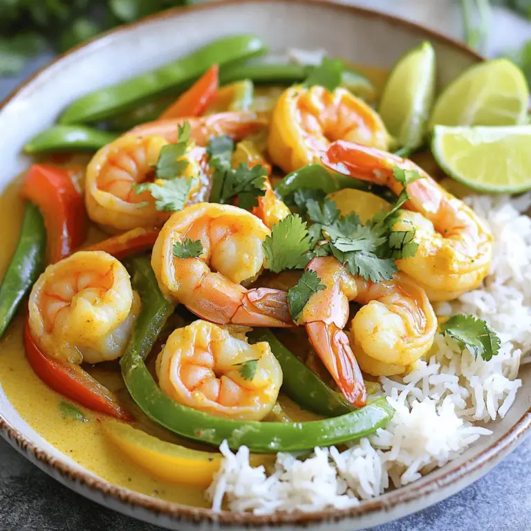 The main ingredients make this dish rich and tasty. They include: - 1 pound large shrimp, peeled and deveined - 1 can (14 oz) coconut milk - 2 tablespoons red curry paste - 1 tablespoon olive oil - 1 onion, finely chopped - 3 cloves garlic, minced - 1 inch ginger, grated - 1 bell pepper (red or yellow), sliced - 1 cup snap peas These ingredients bring a burst of flavor and texture. The shrimp adds protein, while coconut milk gives creaminess. Red curry paste adds heat and depth. The veggies provide crunch and freshness. You can enhance the dish with optional ingredients. Consider adding: - 1 tablespoon fish sauce - 1 tablespoon lime juice - Fresh cilantro for garnish - Salt and pepper to taste Fish sauce adds umami. Lime juice brings brightness. Fresh cilantro adds a herbal note. Adjust salt and pepper for your taste. Pair the coconut curry shrimp with sides for a complete meal. I recommend: - Cooked jasmine rice - Naan bread - Quinoa Jasmine rice soaks up the sauce well. Naan bread is great for dipping. Quinoa adds a nutty flavor and extra protein. These sides make the meal filling and satisfying. For the full recipe, check out the [Full Recipe]. To start, heat 1 tablespoon of olive oil in a large skillet over medium heat. Add 1 finely chopped onion. Sauté the onion for about 3-4 minutes until it turns soft and translucent. Next, stir in 3 minced garlic cloves and 1 inch of grated ginger. Cook this mixture for another 1-2 minutes. You want the kitchen to smell amazing. After that, add 2 tablespoons of red curry paste. Cook it for about 2 minutes. This step brings out the bold flavors in the curry. Now, pour in 1 can (14 oz) of coconut milk. Stir well to combine everything into a smooth sauce. Bring this mixture to a gentle simmer. Next, add 1 sliced bell pepper and 1 cup of snap peas. Cook them for about 3-5 minutes. You want the veggies to soften a bit but still stay crisp. This adds both color and texture to the dish. It’s time to add the star of the show—1 pound of large shrimp. Cook the shrimp for about 3-4 minutes. You will know they are ready when they turn pink and opaque. This ensures the perfect texture. For the final touches, season the curry with 1 tablespoon of fish sauce (if you like) and 1 tablespoon of lime juice. Add salt and pepper to taste. Stir everything together to blend the flavors. Let it rest for a few minutes before serving. For the complete recipe, check out the [Full Recipe]. To make your coconut curry shrimp shine, you can balance spice levels. If you like heat, add more red curry paste. A splash of lime juice can brighten the dish. Fresh ingredients often beat canned. Fresh shrimp taste better than frozen. Fresh garlic and ginger also pack more flavor. Use fresh bell peppers for a crunchy texture. Stir-frying shrimp is key for great results. Start with hot oil to sear the shrimp quickly. This keeps them tender and juicy. Cook shrimp only until they turn pink. Overcooked shrimp become rubbery and tough. Pay close attention to timing. It usually takes just 3-4 minutes for perfect shrimp. Plating makes your meal more inviting. Serve the coconut curry shrimp over jasmine rice in shallow bowls. This adds height and color. For a pop of freshness, sprinkle fresh cilantro on top. Lime wedges on the side add flair and flavor. A colorful dish makes eating more fun! For the complete culinary experience, check out the Full Recipe. {{image_2}} You can switch shrimp for chicken or tofu. Chicken gives a hearty bite, while tofu is great for vegetarians. For chicken, cook it until golden brown, then add the curry sauce. For tofu, use firm tofu, cut it into cubes, and sauté until crispy for added texture. This makes the dish more flexible for different diets. Curry styles vary across cultures. You can try green, yellow, or massaman curry paste. Green curry is spicier, while yellow is milder. Massaman has a sweet and nutty flavor. Adjust the spice level by adding veggies like carrots or zucchini. Each paste brings out a unique taste that keeps meals exciting. Think outside the bowl! You can serve coconut curry shrimp in tacos, rice bowls, or as small appetizers. For a Thai twist, pair it with jasmine rice. For an Indian flair, serve it with naan bread. These variations let you enjoy the dish in many fun ways. Be creative! For the full recipe, visit the section above. To keep your coconut curry shrimp fresh, store it in the fridge. Use airtight containers. This helps lock in the flavors and moisture. Let the dish cool to room temperature before sealing it. Proper storage can keep the shrimp tasty for 3-4 days. When reheating, your goal is to keep the shrimp tender. The microwave is fast, but it can dry out the shrimp. Instead, use a skillet over low heat. Stir gently to warm it evenly. Add a splash of coconut milk to keep it creamy. Avoid cooking it too long, as that can make the shrimp tough. You can freeze coconut curry shrimp if you want to save some for later. Place it in a freezer-safe container after cooling. It can last for up to three months. When you're ready to eat it, thaw it in the fridge overnight. Reheat it slowly in a skillet to maintain the flavor and texture. Coconut curry shrimp is a vibrant dish. It features fresh shrimp, coconut milk, and red curry paste. Here is a list of the main ingredients and their roles: - Shrimp: The star protein, tender and juicy. - Coconut milk: Adds creaminess and a sweet flavor. - Red curry paste: Provides spice and depth. - Onion: Gives sweetness and a base flavor. - Garlic: Adds a strong, aromatic taste. - Ginger: Offers warmth and zing. - Bell pepper: Adds color and crunch. - Snap peas: Brings freshness and a slight snap. - Fish sauce (optional): Enhances umami flavor. - Lime juice: Balances sweetness with acidity. - Cilantro: A fresh garnish to brighten the dish. These ingredients come together to create a warm, rich flavor profile that is hard to resist. Yes, you can easily add some heat to your coconut curry shrimp. Here are some tips: - Increase the red curry paste: Add more paste for a stronger flavor. - Fresh chilis: Slice in some fresh Thai chilis for a kick. - Cayenne pepper: Sprinkle in a dash of cayenne for extra spice. - Sriracha: Drizzle Sriracha on top before serving for added heat. Adjust the spice levels to match your taste. Start small and add more as needed. Coconut curry shrimp can last in the fridge for about 3 to 4 days. Here are some best practices for storing: - Use an airtight container: This helps keep the dish fresh. - Cool before refrigerating: Let it cool down to room temperature first. - Reheat gently: Use low heat to avoid overcooking the shrimp. Following these tips will help you enjoy this tasty dish even after the first serving. For the full recipe, click [Full Recipe]. In this post, we explored making delicious coconut curry shrimp. We covered the key ingredients, like shrimp and coconut milk, and shared step-by-step instructions. You learned tips to perfect flavors and different ways to serve the dish. Coconut curry shrimp is versatile and easy to make. Whether you choose shrimp, chicken, or tofu, the options are endless. Enjoy experimenting with this comforting meal in your kitchen!