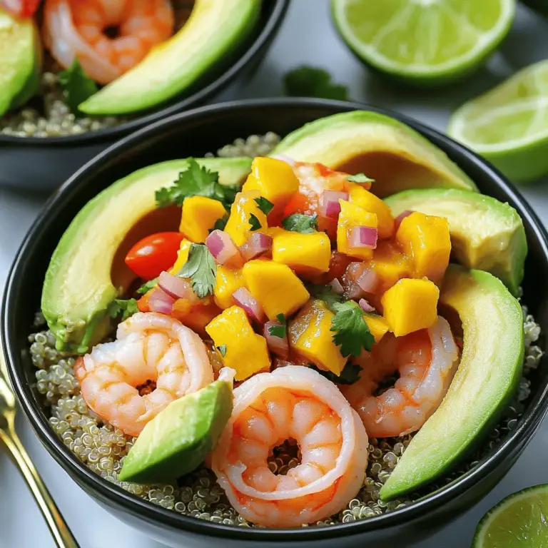 - Shrimp: 1 lb, peeled and deveined - Avocado: 2 ripe avocados, halved and pitted - Mango: 1 cup, diced - Red onion: 1 small, finely chopped - Jalapeño: 1, finely diced (seeds removed) - Lime: 1, juiced - Fresh cilantro: 2 tablespoons, chopped - Olive oil: 2 tablespoons - Salt and pepper: to taste - Optional ingredients: 1 cup cherry tomatoes, halved To start, gather fresh shrimp and ripe avocados. The shrimp should be peeled and deveined for the best taste and texture. The avocados add creaminess and balance to the dish. Next, for the mango salsa, choose a sweet, ripe mango. The red onion adds a mild bite, while jalapeño brings a hint of heat. Remember to remove the seeds if you want less spice. Fresh lime juice brightens the salsa, and cilantro gives it that fresh, vibrant taste. For cooking, you will need olive oil, salt, and pepper. These simple ingredients help enhance the flavors. If you like, you can add cherry tomatoes for extra color and freshness. This recipe is easy to follow and uses whole foods. The blend of flavors makes for a tasty meal. Check out the Full Recipe for detailed instructions! To cook the shrimp, start with a skillet. Heat 1 tablespoon of olive oil over medium heat. Once hot, add the shrimp to the skillet. Season them with salt and pepper. Cook the shrimp for about 2-3 minutes on each side. They should turn pink and opaque. Remove the shrimp from the heat and set them aside. Next, let’s make the mango salsa. In a bowl, combine the diced mango, chopped red onion, jalapeño, lime juice, and cilantro. Mix gently to combine all the flavors. Season with salt and pepper to taste. This salsa will add a fresh and zesty touch to your bowls. Let it sit for a few minutes to let the flavors meld. Now, it’s time to assemble the bowls. Begin with a base of cooked quinoa or rice in your serving bowl. Halve the avocados and scoop the flesh into the bowl next to the quinoa. Add the cooked shrimp on top of the quinoa and avocado. Finally, spoon the mango salsa generously over the shrimp and avocado. This adds color and flavor to your dish. You can also scatter cherry tomatoes around the bowl for extra freshness. For the full recipe, check the details above. To make tasty shrimp, avoid overcooking. Cook shrimp for only 2-3 minutes on each side. They should turn pink and opaque. Overcooked shrimp can be tough and chewy. Choose fresh shrimp for the best flavor. Look for shrimp with a mild smell and a firm texture. The shells should be shiny and moist. Fresh shrimp will make your dish shine. Selecting ripe mango is key to great salsa. A ripe mango feels slightly soft and has a sweet aroma. If it’s too hard, let it sit on the counter for a few days. For extra zing, add finely diced red bell pepper or a sprinkle of cumin. You can also use fresh mint instead of cilantro for a fresh twist. Use colorful serving bowls to make your meal pop. White bowls contrast nicely with the bright colors of the shrimp and salsa. Arrange the ingredients clearly for a beautiful plate. Garnish with lime wedges and fresh cilantro. This adds color and a hint of extra flavor. For a fancy touch, serve individual bowls for each guest. Try the Full Recipe to put these tips into action! {{image_2}} You can switch out shrimp for chicken or tofu. Chicken thighs or breasts work great. Just cook them until they are done, like the shrimp. For tofu, press it to remove water and sauté it until golden. If you don't have quinoa, try brown rice or cauliflower rice. They offer a nice base, too. Cauliflower rice keeps things light and fresh. To give your dish a different taste, add spices or herbs. Fresh basil, dill, or parsley can change the flavor. You can also try adding cumin or smoked paprika for warmth. If you like some heat, play with different peppers. A serrano pepper adds more spice than a jalapeño. You can also use red pepper flakes for heat without changing the texture. For the full recipe, check out the [Full Recipe]. After enjoying your shrimp avocado bowls, store any leftovers right away. Use airtight containers to keep them fresh. Place the bowls in the fridge. Your dish will last about 1 to 2 days. It’s best to keep the shrimp, avocado, and mango salsa separate. This helps prevent sogginess and keeps flavors bright. To reheat your shrimp avocado bowls, use the microwave. Heat on medium power for about 30 seconds. Stir the ingredients to heat evenly. If you want the shrimp warm but not tough, avoid overheating. For fresh avocado, add it back on top after reheating. This keeps it creamy and prevents browning. Enjoy your meal as if it was freshly made! Yes, you can make shrimp avocado bowls ahead of time. Here are some tips for preparation and storage: - Cook the shrimp: You can cook the shrimp a day before. Store them in an airtight container in the fridge. - Make the mango salsa: Prepare the salsa early too. Keep it in a separate container to keep it fresh. - Store avocado: Avocado can brown quickly. Slice right before serving or use lemon juice to slow browning. - Assemble before serving: Combine all parts just before eating for the best taste and texture. If you prefer something other than quinoa, here are some great alternatives: - Brown rice: A hearty option that cooks similarly. - Cauliflower rice: A low-carb choice for a lighter meal. - Couscous: Quick to cook and offers a fluffy texture. - Farro: A nutty grain that adds a nice chew. Perfectly cooked shrimp has specific signs you can look for: - Color change: Raw shrimp is gray; cooked shrimp turns pink and opaque. - Shape: Cooked shrimp curl into a C shape. - Texture: It should feel firm, not mushy. Yes, this recipe is gluten-free as it uses: - Shrimp: Naturally gluten-free. - Avocado: A safe choice for gluten-free diets. - Quinoa or rice: Both are gluten-free grains. Enjoy the fresh flavors while knowing your meal is safe for gluten-free diets! For the full recipe, check out the ingredients and steps above. This article covered the key ingredients and steps for making delicious shrimp avocado bowls. You learned how to prepare fresh shrimp, make flavorful mango salsa, and assemble everything perfectly. Remember to pick ripe ingredients and avoid overcooking the shrimp for best taste. Try adding your favorite spices or proteins for a twist. This dish is not only tasty, but it’s also easy to store and reheat. Enjoy creating your own shrimp avocado bowls!