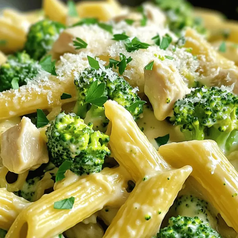 - 8 oz penne pasta - 1 lb chicken breast, diced - 2 cups broccoli florets - 1 cup heavy cream - 1 teaspoon Italian seasoning - 3 cloves garlic, minced - 1 cup grated Parmesan cheese - 2 tablespoons olive oil - Additional vegetables like bell peppers or carrots - Spices for flavor, such as red pepper flakes or paprika When I whip up Creamy Broccoli and Chicken Penne, I love to keep it simple yet flavorful. The main ingredients form the base of this dish. You need penne pasta, chicken breast, broccoli florets, and heavy cream. This combo creates a creamy, rich texture that wraps around the penne beautifully. Next, let's talk about seasoning. I always use Italian seasoning and minced garlic to add depth to the dish. A sprinkle of grated Parmesan cheese brings a nice salty flavor, while olive oil helps cook the chicken just right. Feel free to get creative with optional ingredients. You can toss in extra vegetables like bell peppers or carrots for color and nutrition. If you like heat, add spices like red pepper flakes or paprika. This dish is all about your taste and what you enjoy! For the full recipe, check the instructions to create this delightful meal. To start, fill a large pot with water. Add a pinch of salt and bring it to a boil. Once boiling, add 8 oz of penne pasta. Cook it according to the package instructions until it reaches an al dente texture. In the last 2 minutes of cooking, add the 2 cups of broccoli florets. This step keeps the broccoli bright and crisp. After everything is cooked, drain the pasta and broccoli together. Set them aside for later. Next, heat a large skillet over medium heat. Pour in 2 tablespoons of olive oil. When the oil is hot, add 1 lb of diced chicken breast. Season it with salt, pepper, and 1 teaspoon of Italian seasoning. Cook the chicken for about 6-8 minutes. Look for a golden brown color and ensure it is fully cooked. After that, stir in 3 cloves of minced garlic. Cook for one more minute until you smell that wonderful garlic aroma. Now it’s time to make the sauce. Pour in 1 cup of chicken broth and bring it to a simmer. Let it reduce slightly for about 3-4 minutes. Then, gradually whisk in 1 cup of heavy cream. This will make the mixture smooth and creamy. Next, stir in 1 cup of grated Parmesan cheese until it melts. If your sauce feels too thick, add a splash of chicken broth to loosen it. Finally, add the drained penne and broccoli back into the skillet. Toss everything well to coat it in the creamy sauce. Heat it through for about 2-3 minutes. Make sure to taste and adjust the seasoning if needed. Serve your creamy broccoli and chicken penne hot, garnished with fresh parsley and an extra sprinkle of Parmesan. For the full recipe, check out the previous section. Enjoy your meal! To keep your sauce smooth, avoid boiling it after adding cream. High heat can cause it to separate. Stir gently over low heat for best results. If your sauce gets too thick, add a splash of chicken broth. This will help bring it back to a nice creamy consistency. To keep chicken juicy, start with even-sized pieces. This ensures they cook evenly. Brown the chicken on medium heat. Don’t crowd the pan; this helps achieve a nice golden color. Use a meat thermometer to check for doneness. The chicken should reach 165°F for safe eating. For a pretty presentation, serve in deep bowls. Garnish with fresh parsley and an extra sprinkle of Parmesan. This adds color and taste. Pair your dish with a light salad or garlic bread. A crisp side will balance the creamy pasta nicely. For a complete cooking experience, check out the Full Recipe! {{image_2}} You can switch up the pasta type in this dish. Try whole wheat penne for a healthier option. Gluten-free pasta works well too. It gives the same great texture without gluten. If you want to swap chicken, you have options. You can use shrimp, turkey, or tofu. Each option adds a unique flavor twist. Just adjust cooking times based on your choice. To change the creaminess, consider Greek yogurt or light cream. Both options cut calories while keeping that rich taste. You can mix them in slowly to see how creamy you want it. If you're dairy-free, there are substitutes too. Coconut milk or almond milk can work well. Just make sure to choose unsweetened versions for the best flavor. Boost the flavor with spices or herbs. A pinch of red pepper flakes adds heat. Fresh basil or thyme can bring a lovely aroma. Experiment to find the mix you enjoy. You can also add different vegetables to the mix. Bell peppers, spinach, or peas all work well. They not only add color but also extra nutrition. For the full recipe, check out the detailed instructions above. To store leftover creamy broccoli and chicken penne, let it cool first. Use an airtight container. Keep it in the fridge. This meal stays fresh for about 3-4 days. If you want to keep it longer, consider freezing. When reheating, use a skillet or microwave. If using a skillet, add a splash of broth or cream. This helps keep it moist. Stir often to avoid burning. For the microwave, cover it to trap steam. This keeps the dish from getting soggy. To freeze creamy broccoli and chicken penne, use a freezer-safe container. Leave some space at the top for expansion. Label the container with the date. For best taste, eat it within 3 months. When ready to eat, thaw it in the fridge overnight before reheating. Yes, you can prepare creamy broccoli and chicken penne ahead of time. Cook the pasta and chicken as directed, then combine them with the sauce. Store everything in an airtight container. Keep it in the fridge for up to three days. When ready to eat, reheat gently on the stove. Add a splash of chicken broth to keep it creamy. To spice up your dish, add red pepper flakes while cooking the chicken. You can also mix in some hot sauce or diced jalapeños. If you like a smoky flavor, try adding smoked paprika. Start with a small amount, then taste and adjust to your heat preference. This dish pairs well with a simple green salad. A side of garlic bread also complements it nicely. You could serve it with roasted vegetables or a light soup for a complete meal. If you want to add more greens, consider sautéed spinach or kale. Yes, creamy broccoli and chicken penne is great for meal prep. It holds up well in the fridge and reheats nicely. Divide it into individual containers for easy grab-and-go meals. This makes it a perfect choice for busy weekdays. Absolutely! Frozen broccoli works well in this recipe. Just add it to the boiling pasta for the last two minutes. It cooks quickly and retains its nutrients. Plus, it saves you time and effort, making this dish even easier to prepare. This blog post covered a creamy chicken and broccoli penne recipe. You learned about key ingredients like penne pasta, chicken, and heavy cream. I shared step-by-step instructions, tips for perfect sauce, and variations to suit your taste. Remember, you can store leftovers and reheat them with care. Try this dish in your kitchen for a comforting meal. Cooking is fun, and experimenting can lead to tasty surprises! Enjoy the process as you create delicious meals for yourself or loved ones.