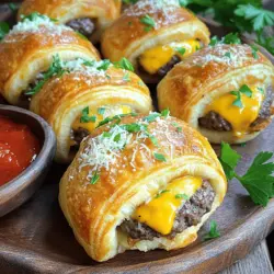 For the Garlic Parmesan Cheeseburger Bombs, you'll need a few key ingredients. These bring great flavor and texture to each bite. Here’s what you’ll need: - 1 pound ground beef - 1 teaspoon garlic powder - 1 teaspoon onion powder - 1 teaspoon black pepper - 1 teaspoon salt - 1 cup shredded cheddar cheese - 1/2 cup grated Parmesan cheese - 1 package refrigerated crescent roll dough - 1/4 cup unsalted butter, melted - 2 tablespoons fresh parsley, chopped (for garnish) These ingredients work together to create a tasty treat. The ground beef gives a hearty base. Garlic and onion powder add depth. The cheeses melt beautifully inside the dough. For serving, consider adding a side of marinara sauce. This adds a nice touch. You can also use extra parsley for garnish. It looks great and adds freshness to the dish. Make sure to check the Full Recipe for detailed instructions on how to combine these flavors into delicious bombs! First, you need to preheat your oven to 375°F (190°C). This helps the bombs cook evenly. Next, line a baking sheet with parchment paper. This keeps the bombs from sticking. In a mixing bowl, combine the ground beef with garlic powder, onion powder, black pepper, and salt. Mix these well. Then, divide the beef mixture into 12 equal portions. Shape each portion into a small patty. To add a cheesy surprise, place a tablespoon of shredded cheddar cheese in the center of each patty. Fold the edges over to seal the cheese inside. Now, let’s move on to the dough. Roll out the crescent roll dough on a clean surface. Cut it into squares that are about 4 inches by 4 inches. Take a beef patty and place it on each square of dough. Fold the corners of the square up to cover the patty. Pinch the seams tightly to make sure it is sealed well. Arrange the cheeseburger bombs seam-side down on the prepared baking sheet. This helps them keep their shape. Brush the tops of the bombs with melted butter for a nice golden color. Then, sprinkle grated Parmesan cheese on top for added flavor. Bake in your preheated oven for about 15 to 18 minutes. Keep an eye on them. You want the rolls to be golden brown and the meat to be cooked through. Once done, remove them from the oven. Let them cool slightly before serving. You can garnish with freshly chopped parsley for a pop of color. For the complete recipe, check the Full Recipe section. To get that cheese perfectly melted inside, use a good amount of cheddar cheese. Place it right in the center of each beef patty. When baking, the heat will melt the cheese nicely. Check the bombs after 15 minutes. They should be golden and the cheese should ooze out when you bite. Sealing the dough is key to keeping the filling inside. When you fold the dough over the beef, pinch it tightly. Make sure there are no gaps. This way, your cheeseburger bombs stay juicy and flavorful. If the dough tears, don’t worry. Use a small piece of dough to patch it up. For dipping, marinara sauce works great. You can also try ranch or barbecue sauce. These add a nice flavor touch. Serve the bombs warm on a big platter. It makes them look tempting and fun. Garnish with chopped parsley for color. You can also sprinkle some extra Parmesan on top. This makes them look fancy and taste even better. These tips will impress your friends and family at your next gathering. For the full recipe, check out the details above! {{image_2}} You can switch up the cheese in Garlic Parmesan Cheeseburger Bombs. For a creamier taste, try mozzarella. If you want more flavor, go with pepper jack. You can mix cheeses for a fun twist. Just remember, the cheese should melt well. You don’t have to use beef. Ground turkey or chicken works great too. If you prefer a plant-based option, use a veggie ground meat. Each choice adds its own flavor. This makes the bombs suitable for different diets. Want to spice things up? Add some diced jalapeños or bell peppers to the beef mix. You can also toss in some Italian herbs for extra zest. Each added ingredient creates a new taste. This way, you can customize your bombs for every meal. To keep your Garlic Parmesan Cheeseburger Bombs fresh, store them in an airtight container. If you plan to eat them within three days, put them in the fridge. For longer storage, freeze them in a freezer bag. They last up to three months in the freezer. When you are ready to eat them, you can thaw them in the fridge overnight. To reheat the bombs, use your oven for the best results. Preheat your oven to 350°F (175°C). Place the bombs on a baking sheet. Heat for about 10-15 minutes or until warm. This method keeps the outside crispy and the inside gooey. Avoid using the microwave, as it may make the dough soggy. Follow these steps, and you'll enjoy your tasty treats just like when they were fresh! Can I make these ahead of time? Yes, you can prepare these bombs ahead of time. Shape the patties and wrap them in dough. Place them on a baking sheet and cover. Refrigerate them for up to 24 hours before baking. When ready, just bake as directed. This saves time and lets you enjoy them fresh! What can I use instead of crescent roll dough? If you want a different dough, you can use biscuit dough or pizza dough. Each option gives a unique taste. Just make sure to cut it into squares or circles to wrap the patties well. This keeps the cheese inside and ensures a tasty bite. How long do leftovers last? Leftovers are great! Store them in an airtight container in the fridge. They last for about 3 to 4 days. You can also freeze them for up to 2 months. When you want to eat them, just reheat in the oven for the best taste. What to do if the dough tears? If your dough tears, don’t worry! Just pinch it back together. You can also use small pieces of dough to patch it. This will help keep the filling inside. Make sure to seal well to avoid leaks while baking. How to adjust cooking time for different ovens? Oven temperatures can vary. If your oven runs hot, check the bombs a few minutes early. If it runs cool, you may need to add a few extra minutes. Always look for a golden-brown color and ensure the meat is fully cooked. This will give you the best Garlic Parmesan Cheeseburger Bombs! You now know how to make delicious Garlic Parmesan Cheeseburger Bombs. We covered all the ingredients you need, from ground beef to cheeses and dough. I shared step-by-step instructions to help you prepare, bake, and serve these tasty treats. Remember the tips for perfecting them and the fun variations you can try. These bombs are perfect for family gatherings or game days. Enjoy creating your version, and don’t hesitate to get creative with flavors. Happy cooking!