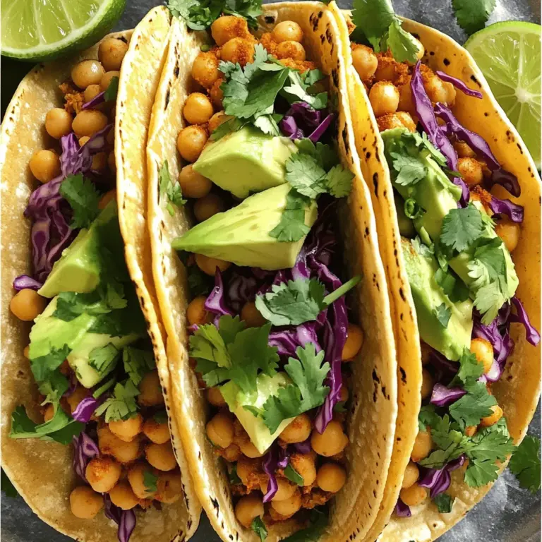 To make spicy chickpea tacos, you need a few key items. Here is the list: - 1 can (15 oz) chickpeas, rinsed and drained - 1 tablespoon olive oil - 2 teaspoons smoked paprika - 1 teaspoon ground cumin - 1 teaspoon chili powder - ½ teaspoon garlic powder - ½ teaspoon onion powder - Salt and pepper to taste - 8 small corn or flour tortillas - 1 cup red cabbage, shredded - 1 avocado, sliced - Fresh cilantro leaves for garnish - Lime wedges for serving These ingredients combine to create a tasty and satisfying meal. The chickpeas give protein and fiber, while spices add bold flavors. You can add more fun with garnishes. Here are some ideas: - Sliced jalapeños for extra heat - Diced tomatoes for freshness - Crumbled feta for a salty kick - Sour cream or yogurt for creaminess These toppings can change the flavor and make the tacos even more exciting. These tacos are great for many diets. They are: - Vegan, as they contain no animal products - Gluten-free if you use corn tortillas - High in protein and fiber, which is good for health Always check that your ingredients meet your dietary needs. Use the Full Recipe for more details on making these tasty tacos. Start by rinsing and draining a can of chickpeas. This step removes excess salt and liquid. Next, place the chickpeas in a medium bowl. Use a fork or potato masher to lightly mash them. You want to leave some whole for great texture. This gives your tacos a nice bite. Heat one tablespoon of olive oil in a skillet over medium heat. Add the chickpeas to the skillet along with the spices: two teaspoons of smoked paprika, one teaspoon of ground cumin, one teaspoon of chili powder, half a teaspoon of garlic powder, and half a teaspoon of onion powder. Season with salt and pepper to taste. Stir well to coat the chickpeas evenly with the spices. Cook for about five to seven minutes. Stir occasionally until the chickpeas heat through and get a bit crispy. This makes each bite burst with flavor. Warm your tortillas in a skillet or microwave. This makes them soft and easy to fold. Take a tortilla and add a generous spoonful of the spicy chickpea mixture. Next, top it with a handful of shredded red cabbage. Add slices of creamy avocado and sprinkle fresh cilantro on top. To finish, squeeze a lime wedge over the tacos for a zesty kick. Enjoy your delicious creation while warm. For the full recipe, check out the earlier section! To get the right texture for your spicy chickpea tacos, mash the chickpeas lightly. You want some whole chickpeas for a nice bite. This mix gives a great balance of creaminess and crunch. Cook them until they are slightly crispy but not burnt. This gives a lovely contrast to the soft tortillas. To boost the flavor, use good quality spices. Smoked paprika adds depth and a touch of sweetness. Ground cumin and chili powder bring warmth and a little heat. Taste as you go. Adjust salt and pepper to match your preference. A squeeze of fresh lime juice right before serving brightens up the whole dish. Use a medium bowl for mashing the chickpeas. A fork or potato masher works well. For cooking, grab a sturdy skillet. A spatula helps to stir and flip the chickpeas easily. Finally, a good knife makes slicing the avocado and cabbage a breeze. For the best results, check out the Full Recipe for more tips. {{image_2}} You can easily make these tacos vegetarian or vegan. The chickpeas are already plant-based. For a meat substitute, try using lentils or black beans. They add a nice protein boost and blend well with spices. Use plant-based tortillas to keep it vegan. Look for brands that do not use lard. If you love heat, add more chili powder or fresh jalapeños. For a milder taste, reduce the chili powder. You can also skip the spicy seasonings and use herbs instead. Fresh cilantro or parsley can add a nice flavor without the heat. Adjust the spices to fit your taste buds. Try adding different toppings to change up the flavor. Sautéed bell peppers or corn can add sweetness. You might like diced tomatoes or fresh salsa for extra freshness. For creaminess, use a dollop of vegan sour cream or yogurt. Each filling adds its own twist to your spicy chickpea tacos. For the complete recipe, check out the Full Recipe. You can store leftover spicy chickpea tacos in the fridge. Place them in an airtight container. They stay fresh for up to three days. Keep the chickpeas and tortillas separate. This will help the tortillas stay soft. To reheat, warm the chickpea mixture in a skillet. Heat it over medium-low heat. Stir it often until it's hot. You can also use a microwave. Just cover the mixture and heat for 1-2 minutes. Warm the tortillas in a pan or microwave before serving. You can freeze the spicy chickpea mixture for later. First, let it cool completely. Then, place it in a freezer-safe bag or container. It can last up to three months in the freezer. When you're ready to eat, thaw it overnight in the fridge. Reheat it as mentioned above. This makes meal prep easy and fun! Check the Full Recipe for more details. It takes about 20 minutes to make these tacos. Prep time is just 10 minutes. Cooking the chickpeas takes another 5 to 7 minutes. This means you can enjoy a tasty meal quickly! Yes, you can use dried chickpeas. However, you need to soak and cook them first. Soaking can take several hours or overnight. Cooking dried chickpeas takes about an hour. This adds more time but gives a great flavor. You can serve many sides with tacos. Here are some ideas: - Mexican rice - Refried beans - Corn salad - Grilled vegetables - Guacamole These sides will add color and flavor to your meal. For the full recipe, check out the [Full Recipe]. Spicy chickpea tacos are tasty and easy to make. You learned the main ingredients, optional garnishes, and dietary choices. We covered step-by-step instructions to prepare and cook the chickpeas, plus how to assemble the tacos. I shared tips for texture and flavor, along with variations for everyone. Lastly, you got key storage info to keep your tacos fresh. Enjoy exploring these tacos, making them your own, and sharing with others!