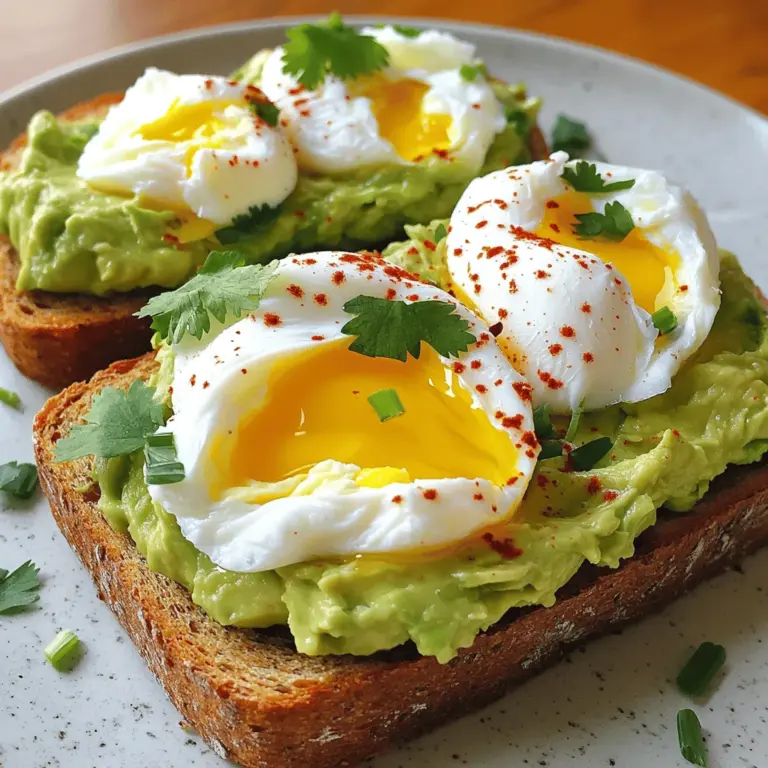 - 2 slices of whole grain bread - 1 ripe avocado - 2 large eggs - 1 teaspoon white vinegar - 1 tablespoon olive oil - Juice of 1/2 lemon - Salt and pepper to taste - Red pepper flakes (optional) - Fresh herbs for garnish (such as cilantro or chives) When making avocado toast with a poached egg, it's key to use fresh, quality ingredients. The bread gives the toast structure. Whole grain bread adds fiber and flavor. Pick a ripe avocado that feels soft but not mushy. This will make your spread creamy and rich. Use large eggs for a perfect poach. The white vinegar helps the egg whites hold their shape. The olive oil adds a nice touch of richness. Lemon juice brightens the flavor of the avocado. Salt and pepper enhance all the tastes. For an extra kick, red pepper flakes are great. Fresh herbs like cilantro or chives add color and taste. They make your dish pop! Ready to cook? Check out the Full Recipe for the full details! Toasting the bread is key for a great texture. You want it nice and crisp. Set your toaster to medium-high. Watch closely to avoid burning. The toast should be golden brown and sturdy enough to hold the toppings. Choosing a ripe avocado is simple. Look for one that yields slightly to gentle pressure. Cut it in half and remove the pit. Scoop the flesh into a bowl. Mash it with a fork to your liking. For extra flavor, mix in lemon juice, olive oil, salt, and pepper. This step adds creaminess and taste. Poaching eggs can seem tricky, but it’s easy with practice. Fill a pot with water and bring it to a gentle simmer. Add one teaspoon of white vinegar. Crack an egg into a small bowl. Make a gentle swirl in the water and slowly lower the egg in. Cook for 3-4 minutes for a runny yolk. Adjust time for firmer yolks. Use a slotted spoon to lift the egg out and drain it on a paper towel. Now it's time to put it all together. Spread a thick layer of mashed avocado on each slice of toast. Place one poached egg on top of each slice. Make sure to center the egg for a nice look. For the finishing touches, sprinkle red pepper flakes for heat. Add fresh herbs like cilantro or chives for flavor. Taste and add extra salt and pepper if needed. Enjoy your beautiful avocado toast with poached egg. For more details, check the Full Recipe. To make a great poached egg, the water temperature matters. Aim for a gentle simmer. If the water boils, your egg will break apart. Add one teaspoon of white vinegar to the simmering water. This helps the egg whites stay together. Common mistakes include using cold eggs and adding them directly to the water. Always crack your egg into a bowl first. This way, you avoid breaking the yolk. Swirl the water gently before adding the egg for a neat shape. For mashing avocado, you can use a fork or a masher. A fork gives a chunkier texture, while a masher creates a smooth spread. Add flavor to your avocado by mixing in spices. Try salt, pepper, or even garlic powder. You can also add lime juice for a zesty kick. For an extra twist, mix in diced tomatoes or red onion. Choosing the right bread is key for avocado toast. Whole grain bread adds fiber and flavor. Look for bread that is thick and sturdy. This will hold the toppings well. If you need a gluten-free option, try gluten-free bread or a rice cake. Both create a great base for your toppings. You want something that complements the creamy avocado and rich egg. For the full recipe, check out the complete guide. {{image_2}} You can change your avocado toast by adding toppings. Proteins like bacon or smoked salmon can enhance your dish. They add a savory taste that pairs well with the creamy avocado. You can also try vegetable toppings. Slices of tomato or thin radishes add freshness and crunch. These toppings not only look good but also boost the nutrition of your meal. Mixing flavors makes your avocado toast exciting. You can add spices like chili flakes for heat or garlic powder for a savory touch. Consider using herbs like basil or dill for a unique twist. A drizzle of balsamic reduction can add a sweet tang. These combinations offer a whole new taste experience. Think about what to serve with your toast. A side salad can add color and nutrients. A fruit plate can bring in sweetness and balance the meal. You can even serve it with a smoothie for a full breakfast. These sides make your meal more fun and filling. Enjoy exploring these options to find your favorite pairings. To store leftover mashed avocado, place it in a bowl. Cover it tightly with plastic wrap. Press the wrap directly onto the surface of the avocado. This reduces air contact and keeps it fresh. If you want, add a little lemon juice on top to help prevent browning. You can also store it in an airtight container. Use it within one day for the best taste. For reheating, use a toaster or an oven. Avoid the microwave, as it can make the bread soggy. If you have unassembled ingredients, keep the toast and avocado separate. Store the toast in a paper towel bag to keep it crispy. The avocado should stay in a sealed container. This way, you can enjoy your meal again without losing texture or flavor. To poach an egg, start with fresh eggs. Fresh eggs hold their shape better. Use a medium pot and fill it with water. Heat the water until it simmers gently. Add one teaspoon of white vinegar; this helps the egg whites stay together. Crack the egg into a small bowl. Create a gentle swirl in the water with a spoon. Slowly drop the egg into the center. Cook it for 3 to 4 minutes for a runny yolk. Use a slotted spoon to lift the egg out. Drain it on a paper towel. You can prepare some parts ahead of time. Toast the bread just before serving. You can mash the avocado earlier, but it may brown. To keep the avocado fresh, mix in lemon juice. Store it in an airtight container. When ready to serve, spread it on the toast and add the poached egg. Look for avocados that feel slightly soft when you gently squeeze them. A ripe avocado will have a dark green skin. Avoid ones with large dark spots or blemishes. If it feels hard, it is not ripe yet. You can let it sit on the counter for a few days to ripen. You can use tofu or chickpea flour for a vegan option. Silken tofu works well when blended. You can also try making a chickpea scramble. This gives a similar texture and protein. Use whole grain or sprouted bread for added fiber. You can add veggies like spinach or tomatoes for more nutrients. Instead of butter or oil, try using a light spread of hummus. You can also sprinkle nuts or seeds on top for extra crunch and healthy fats. In this post, we covered the best ingredients for avocado toast and how to prepare it. We discussed toasting bread, choosing the right avocado, and poaching eggs perfectly. We also shared tips for perfecting your dish and creative variations to try. Finally, we talked about storing leftovers and answering common questions. Avocado toast is simple, healthy, and fun to customize. Enjoy making it your way!