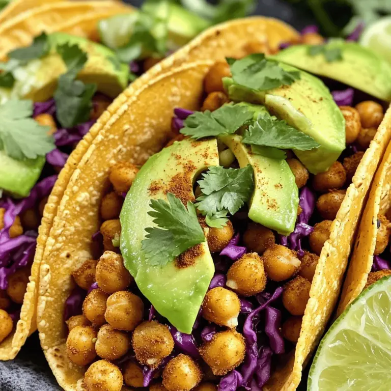 To make these tasty tacos, you need simple ingredients that pack a punch. Here’s what you'll need: - 2 cans (15 oz each) chickpeas, drained and rinsed - 1 tablespoon olive oil - 1 teaspoon cumin - 1 teaspoon smoked paprika - 1/2 teaspoon cayenne pepper - 1 teaspoon garlic powder - Salt and pepper to taste - 8 small corn tortillas These ingredients form the base of your spicy chickpea filling. The chickpeas give a nice texture, while the spices add warmth and flavor. You can customize your tacos with some fun toppings. Here are my favorites: - 1 avocado, sliced - 1 cup red cabbage, shredded - 1/2 cup fresh cilantro, chopped - 1 lime, cut into wedges - Salsa for serving (optional) These toppings add fresh flavors and textures. The creamy avocado balances the spice, and the lime adds brightness. Feel free to mix and match based on what you love! Each serving of these spicy chickpea tacos packs a healthy punch. Here’s what you get per serving, based on four servings: - Calories: Approximately 350 - Protein: 12g - Carbohydrates: 45g - Fiber: 12g - Fat: 14g These tacos are not just tasty; they are also filling and nutritious. You get good protein and fiber from the chickpeas, making them a great meal choice. For the full recipe, check out the earlier section. Start by heating one tablespoon of olive oil in a large skillet over medium heat. Next, drain and rinse the chickpeas well. Once the oil is hot, add the chickpeas to the skillet. Sprinkle in one teaspoon of cumin, one teaspoon of smoked paprika, half a teaspoon of cayenne pepper, and one teaspoon of garlic powder. Be sure to add salt and pepper to taste. Cook the chickpea mixture for about 5 to 7 minutes. Stir it occasionally. You want the chickpeas to be heated through and slightly crispy. This step makes the flavors meld together well, giving depth to each bite. While the chickpeas cook, grab another pan. Warm the corn tortillas in this pan over low heat. Flip them once to ensure even warming. You want them to be soft and pliable. This step makes it easier to fold the tacos later. Now it’s time to build your tacos. Take a warm tortilla and place a generous spoonful of the spicy chickpea mixture onto it. Top it with slices of avocado, shredded red cabbage, and fresh cilantro. For a zing, squeeze fresh lime juice over the top. If you like, add salsa for extra flavor. Serve your tacos right away with lime wedges on the side. This dish bursts with flavor and is sure to please. For the complete guide, check the Full Recipe. Cooking chickpeas is simple. Start with canned chickpeas for ease. Drain and rinse them well. This removes excess sodium and ensures better flavor. If using dried chickpeas, soak them overnight. Cook them until soft for a perfect texture. Spices make your tacos pop. Cumin and smoked paprika are must-haves. They add warmth and depth. Cayenne pepper gives a nice kick. Adjust the amount based on your heat preference. Don’t forget garlic powder for an extra layer of flavor. Fresh herbs like cilantro brighten the dish. Always taste and adjust as needed. Serve your spicy chickpea tacos with fresh toppings. Sliced avocado adds creaminess. Shredded red cabbage gives a nice crunch. Lime juice enhances all the flavors. You can also add salsa for a zesty kick. These tacos pair well with a side of rice or a light salad. For a fun twist, serve with a cold drink like lemonade. Enjoy the blend of flavors in every bite! {{image_2}} You can easily make these tacos vegan and gluten-free. Chickpeas are already vegan, so you’re off to a great start. For gluten-free options, just swap corn tortillas for other gluten-free wraps. You can also try lettuce wraps for a light and fresh twist. Want more heat? Add more cayenne pepper to the chickpeas. You can also use fresh jalapeños for a spicy kick. If you like it milder, reduce the cayenne or skip it. A touch of smoked paprika gives a nice flavor without too much heat. Feel free to get creative with your tacos! Here are some fun add-ins to consider: - Black beans for extra protein - Diced bell peppers for crunch - Corn for sweetness - Shredded carrots for color - A sprinkle of feta cheese for creaminess Mix and match these ingredients to make your tacos unique! For the full recipe, check out the recipe section above. To store leftover chickpea tacos, first, separate the filling from the tortillas. This keeps everything fresh. Place the chickpea mix in an airtight container. You can store it in the fridge for up to three days. Wrap the tortillas in foil or place them in a zip-top bag. Keep them in the fridge too. This way, they won't get soggy. When you are ready to enjoy your leftovers, reheat the chickpea filling in a skillet. Heat it over medium heat for about five minutes. Stir it to warm evenly. For the tortillas, warm them in a pan or microwave. You can use a damp paper towel to wrap them in the microwave. Heat them for about 30 seconds. This keeps them soft and tasty. You can also freeze the chickpea filling if you want to meal prep. Place it in a freezer-safe container. It will last for up to three months in the freezer. When ready to eat, thaw it in the fridge overnight. Reheat it in a pan as mentioned before. You can freeze tortillas too. Just stack them with parchment paper in between. This way, they won't stick together. Enjoy your spicy chickpea tacos later! For the full recipe, check out the earlier sections. Yes, you can use fresh chickpeas. Start by soaking them overnight. Then, cook them for about 1 to 2 hours until they are soft. Canned chickpeas save time and are ready to use. They also have a nice creamy texture, which works well in tacos. Fresh chickpeas can give a different bite and flavor. If you like a firmer texture, fresh is great. If you can't find corn tortillas, use flour tortillas. They are soft and flexible, making them easy to fold. You can also try lettuce wraps for a low-carb option. They add a fresh crunch and work well with the spicy chickpeas. Pita bread is another fun choice. It adds a unique flavor and holds the filling well. To kick up the heat, add more cayenne pepper to the chickpeas. You can also mix in diced jalapeños or serrano peppers while cooking. If you want a spicy salsa, use a hot variety or add chopped fresh chili peppers. Another option is to drizzle some hot sauce on top of the tacos. Adjust the spice level to match your taste. Enjoy the heat! You now know how to make tasty spicy chickpea tacos. We covered main and optional ingredients, plus a quick nutritional breakdown. I shared step-by-step instructions for preparing, warming, and assembling your tacos. I also gave tips for cooking, flavor boosting, and serving ideas. Feel free to get creative with variations and storage options. Enjoy your meal prep with these easy tacos! You can impress friends and family with a delicious, healthy dish.