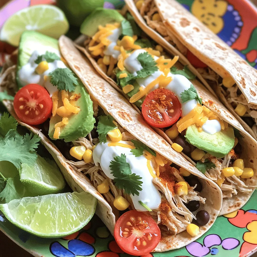 Making Taco Night Fun Wraps is easy! Gather these ingredients: - 4 large whole wheat tortillas - 1 cup cooked chicken, shredded - 1/2 cup black beans, rinsed and drained - 1 cup corn kernels (fresh or frozen) - 1/2 cup cherry tomatoes, halved - 1 avocado, sliced - 1/2 cup shredded cheese (cheddar or mozzarella) - 1/4 cup sour cream or Greek yogurt - 1 tablespoon taco seasoning - Fresh cilantro leaves for garnish - Optional: Fresh lime wedges You can swap some ingredients to make it more fun! Try these ideas: - Use ground turkey or beef instead of chicken. - Replace black beans with pinto beans or chickpeas. - Try diced bell peppers instead of corn. - Use Greek yogurt for a healthier sour cream. - Choose mild cheese for kids who prefer less spice. When shopping, look for fresh produce. Visit local farmers' markets for seasonal veggies. They often taste better! Check labels on canned goods for no added sugar or salt. Choose whole wheat tortillas made with few ingredients. This ensures you get quality food that tastes great! To start, gather your ingredients. You need: - 4 large whole wheat tortillas - 1 cup cooked chicken, shredded - 1/2 cup black beans, rinsed and drained - 1 cup corn kernels (fresh or frozen) - 1/2 cup cherry tomatoes, halved - 1 avocado, sliced - 1/2 cup shredded cheese (cheddar or mozzarella) - 1/4 cup sour cream or Greek yogurt - 1 tablespoon taco seasoning - Fresh cilantro leaves for garnish - Optional: Fresh lime wedges Now, let’s make these wraps! First, mix the shredded chicken with taco seasoning in a medium bowl. This adds a tasty kick. Next, lay out the tortillas flat. In the center of each tortilla, place a scoop of chicken. Then, add black beans and corn. After that, layer on the halved cherry tomatoes and avocado slices. Don’t forget to sprinkle shredded cheese on top. A drizzle of sour cream or Greek yogurt adds creaminess. Now, fold in the sides of the tortilla and roll it up from the bottom. For an extra touch, grill the wraps in a pan over medium heat for 1-2 minutes on each side. This makes the tortillas crispy and melts the cheese. Finally, slice the wraps in half and garnish with fresh cilantro and lime wedges. To get the best wraps, use large tortillas. They hold more filling and are easier to roll. Keep the filling in the center. This helps prevent spills. Don’t overfill—about a scoop of each ingredient works best. If you grill the wraps, watch them closely. This prevents burning. You want them golden and crispy, not dark. If you like softer wraps, skip the grilling step. Just roll and serve! Presentation matters! Serve the wraps on a bright platter. Add small bowls with extra toppings like salsa, guacamole, or more cheese. This allows kids to customize their wraps. Use colorful ingredients. Bright tomatoes and green avocado make the wraps pop. You can also cut the wraps into fun shapes with cookie cutters for a playful touch. Kids love to see their food look fun and bright. For more ideas, check out the Full Recipe. Happy cooking! Involving kids in cooking can be fun and rewarding. Let them wash the veggies. They can help mix ingredients in a bowl. Give them small tasks, like adding cheese or sour cream. Kids love to create their own wraps. You can set up a tortilla bar with toppings. Encourage them to choose their favorites. This makes them feel proud of their meals. If you have leftovers, store them right away. Wrap each tortilla in plastic wrap. Place them in an airtight container. This keeps them fresh. You can also store them in the fridge for up to three days. For longer storage, freeze the wraps. Just wrap them tightly in foil or plastic wrap. To reheat, use an oven or skillet for the best taste. Making wraps healthier is easy. Use whole wheat tortillas for extra fiber. Choose lean proteins like chicken or beans. Load up on fresh veggies, like spinach or bell peppers. Swap sour cream for Greek yogurt for added protein. You can use less cheese or try low-fat options. A squeeze of lime adds flavor without extra calories. These small changes make a big difference. Try out the Full Recipe to make Taco Night Fun Wraps and enjoy cooking together! {{image_2}} You can change the fillings in your wraps to make them fun. For a vegetarian version, try using sautéed bell peppers, mushrooms, and spinach. Add a sprinkle of feta cheese for extra flavor. If you want a vegan option, swap chicken for seasoned tofu or tempeh. Use avocado and hummus for a creamy texture. For gluten-free wraps, choose corn tortillas. They are just as tasty and easy to handle. Leftovers can shine in other meals. Use any extra chicken to make a quick chicken salad. Just mix it with yogurt and diced veggies. If you have leftover beans, toss them in a soup. They add protein and fiber. Corn can go into a salad or a quesadilla. Get creative! Each leftover can turn into a new meal, cutting waste and saving time. Wraps can be inspired by flavors from around the world. For a Mediterranean twist, use pita bread and fill it with falafel, tzatziki, and fresh veggies. If you want a Mexican flair, fill your tortilla with shredded beef, guacamole, and salsa. For an Asian touch, try a rice paper wrap with shrimp, vermicelli noodles, and fresh herbs. Each culture brings unique tastes, making your meals exciting and diverse. Use these variations to make meal prep fun and engaging for your kids. They will love the chance to create their own tasty wraps! You can find the full recipe for Taco Night Fun Wraps to get started. Keep your wraps fresh by wrapping them well. Use plastic wrap or foil. Place them in an airtight container if you have one. Make sure to store them in the fridge if you plan to eat them soon. This keeps them soft and tasty. If you want to store them longer, use the freezer. In the fridge, your wraps last about 3 days. After that, they may lose flavor and texture. In the freezer, they can stay fresh for up to 2 months. Just be sure to label the container with the date. This way, you won’t forget how long they’ve been in there. To reheat wraps, use a skillet on medium heat. Heat each side for 2-3 minutes until warm. This keeps the tortilla crispy. You can also use a microwave for quick reheating. Just place a damp paper towel over the wrap. Heat for 30-60 seconds. This helps avoid a dry texture. Enjoy your wraps with their full flavor! Kids enjoy many tortilla recipes. Some favorites include quesadillas, tortilla pizzas, and wraps. Quesadillas are simple. Just add cheese and fillings between two tortillas. Heat until golden and gooey. Tortilla pizzas use tortillas as the base. Spread sauce, cheese, and toppings. Bake until crispy. Fun wraps let kids pick their own fillings. Try peanut butter and banana or turkey with veggies. These ideas make mealtime exciting! You can boost the nutrition of wraps easily. Start with whole wheat tortillas. They have more fiber than regular ones. Add fresh veggies like spinach, peppers, or cucumbers. These add crunch and vitamins. Use lean proteins such as chicken, turkey, or beans for protein. Swap sour cream for Greek yogurt for extra protein and less fat. Sneak in fruits like apples or berries for sweetness. These tips make wraps fun and healthy! Yes, you can use many types of tortillas. Corn tortillas are great for a gluten-free option. They give a nice flavor and texture. Spinach or tomato tortillas add color and nutrients. You can also try flour tortillas for a soft, chewy wrap. Just pick the type your kids enjoy most. This way, they will love every bite! Taco Night Fun Wraps offer a fun way to bring families together. We covered the essential ingredients, easy steps, and tips for fun cooking. You can make delicious wraps while keeping healthy choices in mind. Letting kids help teaches them skills in the kitchen. Explore variations to keep meals fresh and exciting. Remember, you can store leftovers and use them later. Enjoy creating wraps that everyone loves and that fit your lifestyle!