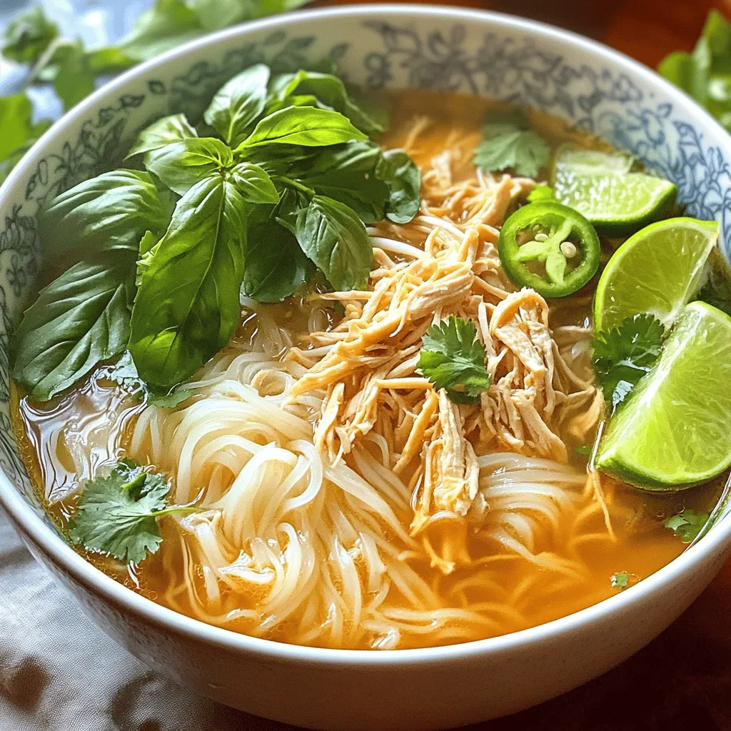 - 1 lb chicken breast - 8 cups chicken broth - 1 onion, halved - 3 cloves garlic, minced - 1 thumb-sized piece of ginger, sliced The main ingredients create a hearty base for your chicken pho. The chicken breast cooks quickly and stays tender. Chicken broth adds depth and warmth. The onion, garlic, and ginger bring fragrant notes that are key to the dish. Each ingredient adds a layer of flavor that makes your pho comforting and tasty. - 2 tablespoons fish sauce - 1 tablespoon soy sauce - 2 star anise - 1 cinnamon stick Seasonings and flavor enhancers elevate your dish. Fish sauce adds umami, while soy sauce gives a savory touch. Star anise and cinnamon bring warmth and richness. Together, they balance the dish perfectly and create a fragrant broth that warms the soul. - 8 oz rice noodles - Fresh herbs (basil, cilantro, mint) - Lime wedges - Sliced jalapeños (optional) Noodles and garnishes complete your chicken pho. Rice noodles provide a soft, chewy texture. Fresh herbs add brightness and freshness. Lime wedges give a zesty kick, and jalapeños can add some heat if you like spice. These elements not only taste great but also make your bowl look vibrant and inviting. For the full recipe, you can find it [here](#). Start by making the broth. In a large pot, combine the chicken broth, halved onion, minced garlic, sliced ginger, star anise, cinnamon stick, fish sauce, and soy sauce. This mix gives the broth a rich flavor. Bring it to a boil over medium-high heat. Once boiling, add the thinly sliced chicken breast. Let it cook for about 15 to 20 minutes until the chicken is fully cooked. After the chicken cooks, reduce the heat and let the broth simmer. This step helps all the flavors blend well. Once the chicken is done, take it out of the pot. Let it cool for a minute, then shred it into bite-sized pieces. Strain the broth to remove any solids, then return the clear broth to the pot. Taste it and add salt if needed for extra flavor. While the chicken cooks, you can prepare the rice noodles. Follow the instructions on the package to cook them just right. When the noodles are ready, drain them and set them aside. To serve, place a portion of noodles in a bowl. Top it with the shredded chicken and ladle the hot broth over everything. Finally, garnish with fresh herbs, lime wedges, and optional sliced jalapeños. This creates a warm, delicious bowl of Chicken Pho that is sure to please. For detailed steps, check the Full Recipe. To make your chicken pho just right, taste as you go. Adjust the seasoning to match your liking. Start with salt, then add fish sauce or soy sauce for depth. If you want to spice things up, try adding a pinch of white pepper or a few crushed red pepper flakes. These spices can really enhance the warmth and flavor. For a clear broth, proper simmering is key. Keep your temperature low after it reaches a boil. This helps the flavors blend without clouding the broth. When your chicken is cooked, remove it from the pot and let it cool. Shredding the chicken helps mix it well with the noodles and broth. Use two forks to pull it apart into bite-sized pieces for a great texture. To make your chicken pho shine, serve it with fresh herbs. Basil, cilantro, and mint are perfect for garnishing. Add lime wedges for a zesty kick, and sliced jalapeños if you like heat. For a beautiful presentation, place the noodles first in the bowl, then top with chicken and broth. This way, it looks as good as it tastes! For the full recipe, check out the detailed instructions. {{image_2}} You can switch out chicken for other proteins in your pho. Tofu is a great option for a vegetarian meal. It soaks up flavors well and adds a nice texture. If you prefer meat, beef is another tasty choice. You can use thinly sliced beef brisket or flank steak. Mixing proteins is also fun! Try combining chicken and beef for a heartier bowl. For those who need gluten-free options, rice noodles are a perfect fit. They have the same great taste without the gluten. You can also make a vegetarian broth by using vegetable stock and adding more herbs. This keeps the soup flavorful while making it plant-based. If you like heat, you can add more chilies. Sliced jalapeños give your pho a spicy kick. You can also try different regional variations. For example, northern pho is lighter and less sweet. Southern pho is richer and often has more herbs. Each version has unique flavors that make it special. For the complete details on making this dish, refer to the Full Recipe. To store leftover soup, let it cool first. Then, pour it into an airtight container. This helps keep it fresh for a longer time. You can store it in the fridge for up to four days. For the best taste, eat it within two days. Keep the ingredients fresh by storing them separately. Place fresh herbs in a glass of water, like a bouquet. Store rice noodles in a sealed bag or container. Avoid mixing everything until you’re ready to eat. This keeps the noodles from getting soggy. You can freeze broth and noodles separately for later use. Pour the cooled broth into freezer-safe bags. Remove as much air as possible before sealing. This helps prevent freezer burn. Store noodles in a separate bag. They can freeze well for up to three months. When you are ready to eat, thaw the broth in the fridge overnight. For a quick method, place the bag in cold water. Reheat broth on the stove until hot. Cook the noodles fresh or thaw them quickly in hot water. This keeps the dish tasting great. The shelf life for refrigerated soup is about four days. If you freeze the soup, it lasts up to three months. For the best quality, eat it sooner rather than later. Watch for signs of spoilage. If the broth smells sour or looks cloudy, it's best to toss it. If you see any mold or strange colors, do not eat it. Always trust your senses; they guide you well in the kitchen. For the full recipe, check out the Comforting Chicken Pho section above. The best broth for Chicken Pho is a rich, flavorful base. You can make your own broth or buy it pre-made. Homemade broth gives you control over flavors. It takes time but rewards you with taste. Use fresh chicken bones, aromatics, and spices. This method brings out the best flavors. Store-bought broth is quick and convenient. Look for brands with natural ingredients. Check the label for low sodium options. Both choices can make a tasty soup. Yes, you can make Chicken Pho ahead of time. This makes it easy for meal prep. Cook the broth and chicken in advance. Store them separately in the fridge. Keep the noodles and broth apart too. Noodles can become mushy if soaked too long. When you’re ready to eat, just reheat the broth. Cook the noodles fresh for the best texture. This will save you time and keep the meal fresh. Enjoy the flavors without the fuss. Customizing Chicken Pho is simple and fun. Start by adjusting the broth flavor. Add more fish sauce or soy sauce for depth. You can also play with spices like more star anise or cinnamon. Top your bowl with fresh herbs like basil, cilantro, and mint. Add lime juice for a zesty kick. Consider sliced jalapeños for heat. You can even mix proteins, like shrimp or tofu. The options are endless, and you can make it your own. In this guide, we covered how to make Chicken Pho with ease. We explored main ingredients like chicken breast and broth, and added flavors with fish sauce and spices. I detailed step-by-step cooking methods for a clear broth and perfectly tender chicken. I also shared tips for delicious variations and ways to store leftovers safely. Now you have the tools to create your own Chicken Pho. Enjoy your cooking journey and make it your own!