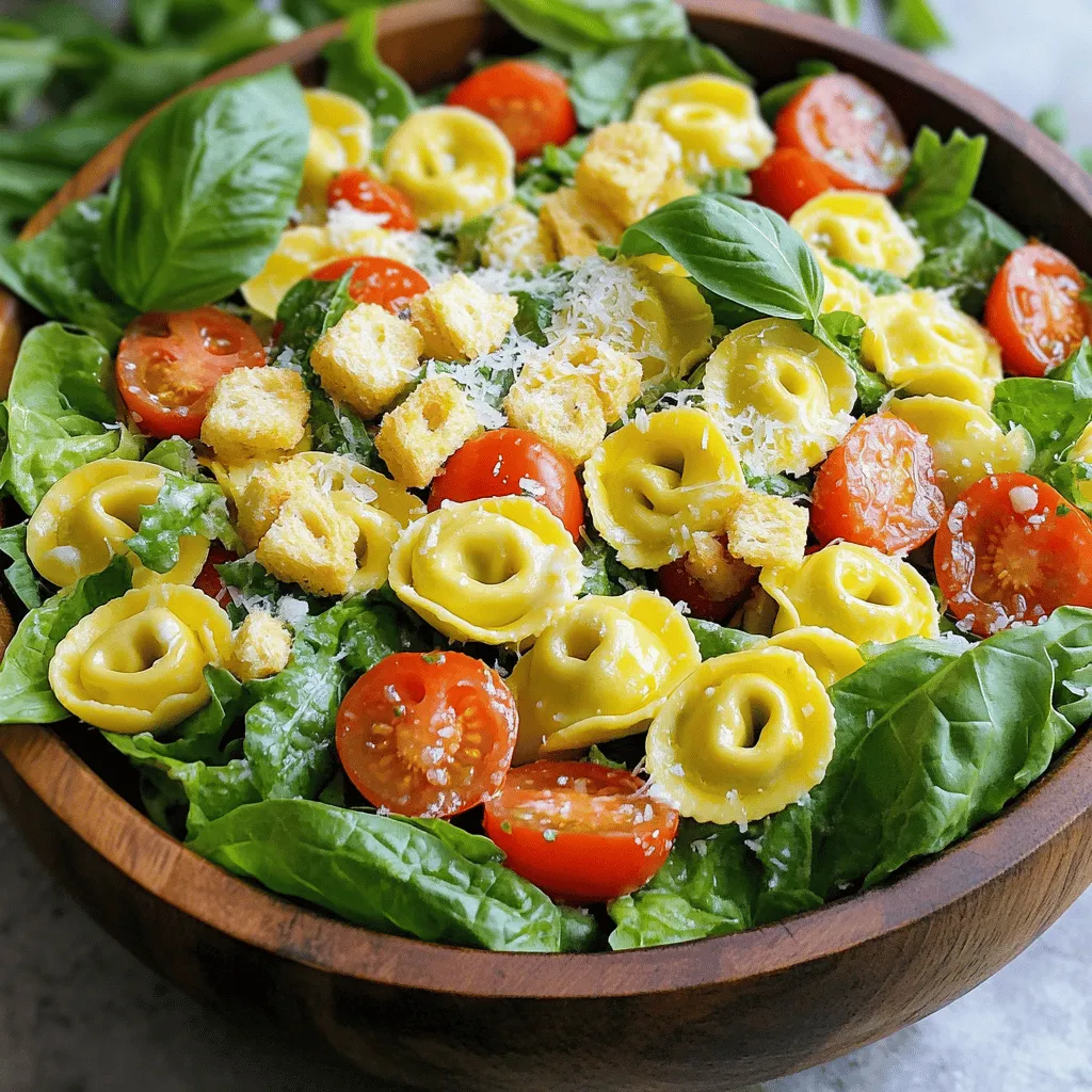 For this Cheese Tortellini Caesar Salad, you need a few key items. First, grab 10 oz of cheese tortellini. You can use fresh or frozen. Both work well. Next, get 4 cups of chopped romaine lettuce. This adds nice crunch. You will also need 1 cup of halved cherry tomatoes. Their sweetness balances the salad. Lastly, pick up 1/2 cup of croutons. You can buy them or make your own. These give a tasty crunch. The dressing is important for flavor. Choose 1/4 cup of Caesar dressing. You can use store-bought or make it at home. Add 1 tbsp of lemon juice for brightness. You can also mix in 1/2 tsp of garlic powder. This adds a nice kick. Finish with freshly ground black pepper to taste. This will enhance all the flavors. For extra flavor, consider some add-ins. 1/4 cup of grated Parmesan cheese adds richness. You can also add some chopped fresh basil. This adds a fresh taste and a pop of color. These optional ingredients can take your salad to the next level. For the full recipe, check the details above. To start, fill a large pot with water and add a pinch of salt. Bring the water to a boil. Once boiling, add your cheese tortellini. Cook according to the package instructions, usually about 3-5 minutes. You want the tortellini to be al dente, which means firm to the bite. After cooking, drain the tortellini and rinse it under cold water. This stops the cooking process and keeps them from sticking together. Set them aside to cool. Now, let’s make the dressing. In a small bowl, combine 1/4 cup of Caesar dressing, 1 tablespoon of lemon juice, 1/2 teaspoon of garlic powder, and freshly ground black pepper. Use a whisk to blend everything well. This dressing will add a creamy, tangy flavor to your salad. Next, it’s time to assemble the salad. In a large bowl, combine 4 cups of chopped romaine lettuce, 1 cup of halved cherry tomatoes, and the cooled tortellini. Drizzle the prepared dressing over the salad ingredients. Toss gently to make sure everything is well coated. Finally, add 1/2 cup of croutons and 1/4 cup of grated Parmesan cheese on top. If you like, you can also sprinkle some chopped fresh basil for a pop of color and flavor. Serve it up right away or in a big bowl for family-style dining. Enjoy your fresh and tasty Cheese Tortellini Caesar Salad! For the full recipe, check out the section above. To get the best texture for your tortellini, follow these steps. First, bring a large pot of salted water to a rolling boil. Add your cheese tortellini and cook it for about 3 to 5 minutes. You want it to be al dente, meaning it should have a slight bite to it. After cooking, drain the tortellini in a colander. Rinse it under cold water right away. This helps stop the cooking and keeps the pasta from getting soggy. Let it cool while you prep the salad. You can choose between homemade and store-bought Caesar dressing. Homemade dressing is simple and fresh. Just mix olive oil, lemon juice, garlic, and anchovies. It adds a rich flavor and makes your salad stand out. If you're short on time, store-bought dressing works well too. Look for brands that use real ingredients and no preservatives. Both options can make your Cheese Tortellini Caesar Salad tasty. To make your salad visually appealing, add layers when you serve. Start with a bed of romaine lettuce and then add your tortellini and tomatoes on top. Sprinkle croutons and Parmesan cheese to finish. For an extra touch, consider adding chopped fresh basil. It adds color and a burst of flavor. You can serve the salad in a large bowl or divide it onto individual plates for a nice presentation. Enjoy your delicious creation! For the complete recipe, check out the Full Recipe. {{image_2}} You can add protein to make your Cheese Tortellini Caesar Salad heartier. Grilled chicken is a great option. It pairs well with the creamy dressing. Shrimp also works nicely. Simply grill or sauté them before adding to the salad. These proteins boost flavor and make the dish more filling. If you prefer a vegetarian take, there are many options. You can use chickpeas for protein and texture. They add a nice crunch and earthy flavor. Another option is to replace the cheese tortellini with a spinach variety. This keeps the taste fresh while adding a twist. You can also add extra veggies like bell peppers or cucumbers for more crunch. Incorporating seasonal ingredients can elevate your salad. In spring, fresh peas or asparagus add color and taste. In summer, try adding sliced radishes or zucchini. These veggies keep the salad light and refreshing. Fresh herbs like basil or dill can also enhance the flavor. Just chop them finely and sprinkle on top. This keeps your salad exciting all year round. For the complete recipe, check the Full Recipe section. To keep your Cheese Tortellini Caesar Salad fresh, store it in an airtight container. This method helps prevent the salad from wilting. If you have leftover dressing, store it separately. This keeps the greens crisp. Use the salad within two days for the best taste. If you have leftover tortellini, reheat it gently. Place the tortellini in a pot with a splash of water. Heat on low until warm, stirring often. Avoid boiling it, as that can make the pasta mushy. You can also use the microwave. Heat it in short bursts, stirring in between. To keep your dressing fresh, store it in a sealed jar in the fridge. It lasts about a week. If you made homemade dressing, give it a good shake before using it again. Always check for any signs of spoilage before using leftover dressing. To make Cheese Tortellini Caesar Salad, start by cooking the tortellini in boiling water. Follow the package instructions, usually about 3-5 minutes. Drain and rinse under cold water. In a bowl, mix romaine lettuce, halved cherry tomatoes, and cooled tortellini. Prepare the dressing with Caesar dressing, lemon juice, garlic powder, and black pepper. Drizzle over the salad and toss gently. Top with croutons and Parmesan cheese. You can find the full recipe above. Yes, you can! If you want to switch things up, consider using mozzarella for a creamy touch. Feta cheese brings a salty flavor that pairs well too. Goat cheese adds a nice tang. You can even try cheddar for a sharper taste. Each cheese will change the salad's flavor, so pick your favorite! You can find Cheese Tortellini Caesar Salad at many restaurants and cafes. Some grocery stores offer pre-made salads in the deli section. You might also find it in salad bars or make-your-own salad shops. If you want a quick meal, check delivery apps for local places that serve it. You now know how to make a tasty Cheese Tortellini Caesar Salad. We explored key ingredients, step-by-step instructions, and tips to enhance your dish. Remember, you can customize it to suit your taste with proteins or seasonal veggies. Proper storage will keep your leftovers fresh, too. Enjoy making this salad at home and impress your friends or family. It's simple, delicious, and fun to create. Happy cooking!