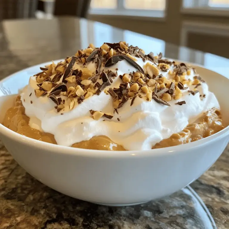 To make Peanut Butter Fluff, you need a few simple ingredients. Here’s the complete list: - 1 cup creamy peanut butter - 1 cup marshmallow fluff - 1/2 cup powdered sugar - 1 teaspoon vanilla extract - 1/2 cup heavy whipping cream - 1/4 teaspoon sea salt - Chocolate shavings or crushed nuts for garnish (optional) These ingredients come together to create a rich and fluffy treat. You can easily adjust some ingredients if needed. Here are some ideas: - Peanut Butter: Use almond butter for a nut-free option. - Marshmallow Fluff: Try whipped cream cheese for a tangy taste. - Powdered Sugar: Use coconut sugar for a less sweet option. - Heavy Whipping Cream: Use coconut cream for a dairy-free version. These swaps keep the flavor while catering to your needs. Not all brands are the same, so I have some favorites. Here’s what I like: - Peanut Butter: Jif or Skippy for their creamy texture. - Marshmallow Fluff: Marshmallow Fluff brand is the classic choice. - Powdered Sugar: Domino's powdered sugar is a reliable option. - Heavy Whipping Cream: Land O'Lakes is rich and creamy. These brands help you achieve the best taste in your Peanut Butter Fluff. For the full recipe, check the details above. To start, gather your ingredients. You need creamy peanut butter, marshmallow fluff, powdered sugar, vanilla extract, sea salt, and heavy whipping cream. In a mixing bowl, add the creamy peanut butter, marshmallow fluff, powdered sugar, vanilla extract, and sea salt. Mix this until it becomes smooth and creamy. Make sure there are no lumps. This step is key to a tasty Peanut Butter Fluff. Now, let’s mix! Use a rubber spatula or a wooden spoon. This helps you mix well without deflating the mixture. It is important to fold, not stir. Gently fold the mixture to keep it light and fluffy. This technique gives your dessert that perfect texture. You want it to feel airy and soft, which makes it great for serving. Next, we whip the cream. In a clean bowl, pour in the heavy whipping cream. Use a hand mixer on medium speed. Whip it until you see soft peaks form. This should take about 2 to 3 minutes. Soft peaks mean the cream holds its shape but is not too stiff. Once you reach that point, gently fold the whipped cream into your peanut butter mix. This step adds volume and makes your dessert light. Enjoy the process, and remember, the fluffier, the better! When making Peanut Butter Fluff, some mistakes can ruin your dessert. First, don’t rush mixing the peanut butter and fluff. You need a smooth blend. If you don’t fold in the whipped cream gently, your fluff will lose air. This makes it dense instead of light. Avoid adding too much powdered sugar at once. Taste as you go! Lastly, forget not to chill your fluff. This helps the flavors come alive. You can serve Peanut Butter Fluff in many fun ways. For a classic look, use dessert cups. You can also pipe it into mason jars for a rustic touch. Try topping it with chocolate shavings or crushed nuts for a crunch. Add fresh fruits like strawberries or bananas for a sweet twist. For a more decadent treat, pair it with graham crackers or cookies. To boost the flavor of your Peanut Butter Fluff, think outside the box. You can add a pinch of cinnamon or nutmeg for warmth. Swirl in some caramel or chocolate sauce for extra sweetness. Try adding a splash of coffee for a grown-up taste. For a tropical vibe, mix in some coconut flakes. These simple changes will make your dessert stand out! For the full recipe, check out the complete guide above. {{image_2}} You can change up the flavor of your Peanut Butter Fluff. Here are some ideas: - Chocolate: Add 1/4 cup of cocoa powder or melted chocolate. - Maple: Swap vanilla extract for maple extract for a sweet twist. - Banana: Mix in a ripe mashed banana for a fruity touch. - Coconut: Fold in shredded coconut for a tropical vibe. Each option gives a new taste. Try different combinations and see what you like best. You can easily make this dessert dairy-free or vegan. Use these swaps: - Peanut Butter: Most peanut butter is vegan. Always check the label. - Whipped Cream: Use coconut cream or a dairy-free whipped topping. - Marshmallow Fluff: Look for a vegan version or make it yourself. These changes keep the dessert tasty while meeting dietary needs. Serving Peanut Butter Fluff can be fun! Here are a few creative ways: - Dessert Cups: Use small cups for individual servings. - Fruit Dippers: Serve with apple slices or banana chunks for dipping. - Sundae Style: Top with nuts and chocolate syrup for a sundae twist. - Layered Parfait: Alternate layers of fluff and crushed cookies in a glass. These ideas make your Peanut Butter Fluff stand out and look delicious. Enjoy exploring these variations! Store Peanut Butter Fluff in the fridge. Use an airtight container. This keeps it fresh and creamy. Make sure the lid is tight. You can also cover it with plastic wrap. Peanut Butter Fluff lasts about a week in the fridge. If you want to keep it longer, you can freeze it. Place it in a freezer-safe container. It can stay good for up to three months in the freezer. When you're ready to eat it, thaw it in the fridge overnight. Use glass or plastic containers for storage. Glass containers don't absorb smells. They also keep the flavor intact. Plastic containers are lighter and easy to stack. Choose what works best for your kitchen. To make Peanut Butter Fluff, start with a mixing bowl. Add 1 cup of creamy peanut butter, 1 cup of marshmallow fluff, 1/2 cup of powdered sugar, 1 teaspoon of vanilla extract, and 1/4 teaspoon of sea salt. Mix these ingredients until they blend well and become creamy. In another bowl, whip 1/2 cup of heavy whipping cream until soft peaks form. Gently fold the whipped cream into the peanut butter mixture. Be careful not to deflate it. Taste and adjust the sweetness if needed. Transfer the mix to a bowl or dessert cups and chill for 30 minutes before serving. Check out the Full Recipe for more details. Yes, you can use crunchy peanut butter. It adds a nice texture. The crunchiness gives extra bites and flavor. Just swap it in for creamy peanut butter. The rest of the recipe stays the same. Your Peanut Butter Fluff will still be delicious and fun to eat. Peanut Butter Fluff is super versatile. You can serve it with: - Graham crackers - Sliced apples - Celery sticks - Mini pretzels - Vanilla wafers You can even dip cookies or fruits in it. The sweetness of the fluff pairs well with many snacks. Yes, Peanut Butter Fluff is safe for kids. It has simple ingredients like peanut butter and marshmallow fluff. Just check for nut allergies first. The recipe is easy to make, and kids usually love it. Plus, it can make a fun treat for parties or snacks. In this post, we covered how to make Peanut Butter Fluff from start to finish. We talked about the best ingredients, their substitutes, and recommended brands. I shared step-by-step instructions and helpful mixing tips for a smooth texture. We also looked at common mistakes and serving ideas. Finally, I provided storage tips and answered FAQs. Peanut Butter Fluff is fun and easy to make. I hope you enjoy trying it out!