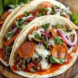 To make these tasty tacos, gather these key ingredients: - 1 lb ground beef - 1 lb Italian sausage, casing removed - 1 cup pepperoni, sliced - 1 small red onion, diced - 1 cup mushrooms, sliced - 1 cup shredded mozzarella cheese - 1 cup pizza sauce - 8 small flour tortillas - 1 teaspoon Italian seasoning - 1 tablespoon olive oil - Salt and pepper to taste - Fresh basil, for garnish These ingredients give you a mix of rich flavors. The beef and sausage add a hearty base. The pepperoni and cheese bring that classic pizza taste. You can customize your tacos with these fun toppings: - Sliced olives - Diced jalapeños - Sour cream - Extra cheese - Chopped green onions These toppings add texture and flavor. They let you make each taco your own. If you want to mix things up, consider these alternatives: - Ground turkey instead of beef - Cauliflower crust for a low-carb route - Vegan sausage for a plant-based option - Whole wheat tortillas for a healthier choice Using these alternatives can change the taste and fit different diets. Don't be afraid to experiment and find what you love best! Start by heating a large skillet over medium heat. Add 1 tablespoon of olive oil. Once it’s hot, add 1 pound of ground beef and 1 pound of Italian sausage, casing removed. Cook the meat until it’s brown, about 5 to 7 minutes. Use a spoon to break it apart as it cooks. Drain any extra fat from the skillet. Next, add 1 cup of diced red onion and 1 cup of sliced mushrooms. Cook for another 5 minutes. The onions should be clear, and the mushrooms should be soft. Season with salt, pepper, and 1 teaspoon of Italian seasoning. Stir in 1 cup of sliced pepperoni and half of 1 cup of pizza sauce. Let this mixture simmer for 2 to 3 minutes. Now it’s time to build the tacos. Warm 8 small flour tortillas in a separate pan or microwave until they are soft. Spoon the meat mixture into the center of each tortilla. Don’t be shy; fill them up! Top each taco with 1 cup of shredded mozzarella cheese and a drizzle of the remaining pizza sauce. Fold the tortillas over to create a taco shape. Place the tacos seam side down in a hot skillet. Let them cook for about 2 to 3 minutes until the shells turn golden and crispy. Flip each taco and repeat on the other side. Once they are done, remove them from the heat. For a final touch, garnish with fresh basil before serving. Enjoy your Meat Lovers Pizza Tacos! For the full recipe, check out the detailed instructions above. To get crispy taco shells, warm the tortillas first. A hot skillet helps too. After you fill the tacos, place them seam side down. Cook each side until golden brown. This method makes the shells crunchy and tasty. Mixing flavors is key for great tacos. Start with good meat. Ground beef and Italian sausage pair well. Add onions and mushrooms for depth. Use Italian seasoning for that classic pizza taste. Don’t forget the pepperoni! It adds a smoky flavor that everyone loves. Serve your Meat Lovers Pizza Tacos with a side of pizza sauce for dipping. A fresh salad can balance the rich flavors. Pair with a light drink, like lemonade or iced tea. Don’t forget fresh basil on top for a nice touch. These simple tips make your meal even better. For the full recipe, check the link. {{image_2}} You can make these tacos veggie-friendly. Start by swapping the meat for tasty veggies. Use ingredients like mushrooms, bell peppers, and zucchini. Sauté them until soft. You can add plant-based sausage for extra flavor. Use the same spices to keep the taste bold. Top with cheese or vegan cheese. You’ll get a hearty meal that satisfies everyone. If you need a low-carb option, try using lettuce wraps. Instead of flour tortillas, use large lettuce leaves. They are fresh and crunchy. Fill them with the meat mixture as usual. You can also use cauliflower tortillas for a tasty twist. This way, you cut carbs but keep all the fun. Want to kick it up a notch? Add some heat to your tacos. You can mix in jalapeños or crushed red pepper flakes to the meat. If you love spicy, try adding hot sauce on top. This can bring a new level of flavor. You can also use spicy sausage instead of regular sausage. Adjust the heat to your taste for a fun twist. For the full recipe, check out the detailed steps provided! To store leftover taco mixture, place it in an airtight container. Make sure the mixture is cool before sealing the lid. Keep it in the fridge for up to three days. You can also separate it into smaller portions for easy meals later. If you wish to freeze the taco mixture, use freezer-safe bags. Squeeze out the air and seal tightly. Label the bags with the date. This mixture can last up to three months in the freezer. When ready to use, thaw in the fridge overnight. To reheat the taco mixture, place it in a skillet over medium heat. Stir often until heated through. You can also microwave it in a bowl, covered, for about two minutes. Just make sure to stir halfway to heat evenly. Enjoy your Meat Lovers Pizza Tacos again with ease! Yes, you can prepare the meat mixture ahead of time. Cook the meat and let it cool. Store it in an airtight container in the fridge for up to two days. When ready to eat, just reheat the mixture. Warm the tortillas fresh for the best taste. This makes meal prep easy and quick. If you want to swap pizza sauce, use marinara sauce or tomato sauce. Both add great flavor. You could also try barbecue sauce for a smoky twist. Experiment with different sauces to find what you like best. Yes, you can make this recipe gluten-free. Use corn tortillas instead of flour tortillas. They taste great and hold the filling well. Also, check that your meat and sauces are gluten-free. This way, everyone can enjoy these tasty tacos! You now know how to make Meat Lovers Pizza Tacos, from the ingredients to cooking. You learned about tasty options and clever tips for that perfect crunch. Remember to get creative with toppings and flavors to suit your taste. You can also store leftovers easily or even freeze them for later. I hope you feel ready to try this fun twist on pizza. Enjoy your cooking and share these tacos with friends or family!