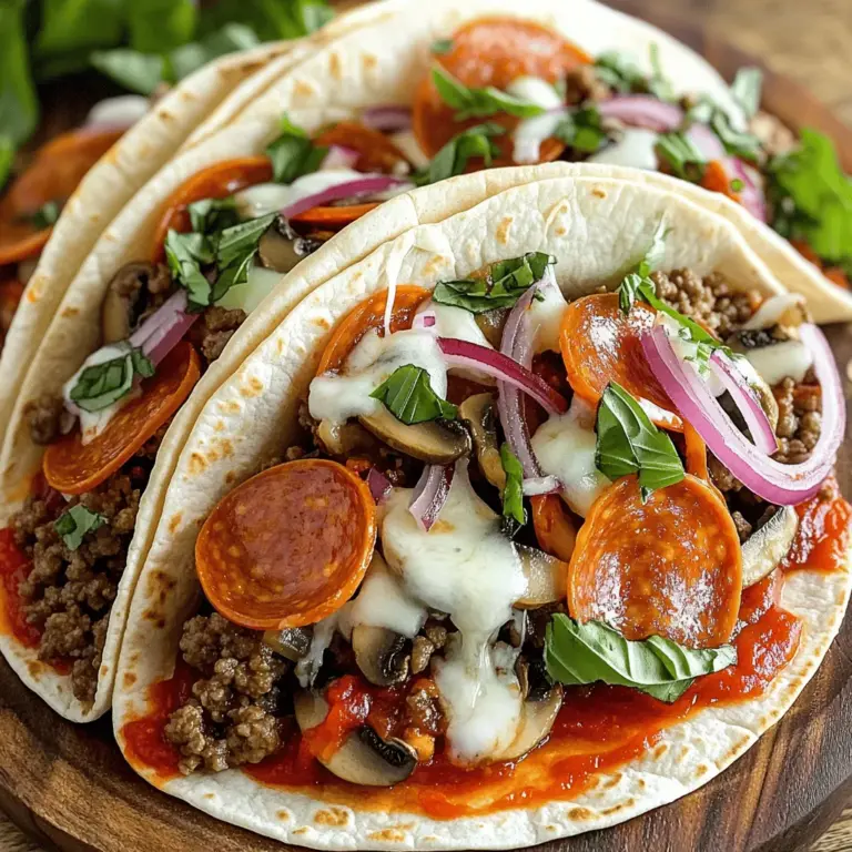 To make these tasty tacos, gather these key ingredients: - 1 lb ground beef - 1 lb Italian sausage, casing removed - 1 cup pepperoni, sliced - 1 small red onion, diced - 1 cup mushrooms, sliced - 1 cup shredded mozzarella cheese - 1 cup pizza sauce - 8 small flour tortillas - 1 teaspoon Italian seasoning - 1 tablespoon olive oil - Salt and pepper to taste - Fresh basil, for garnish These ingredients give you a mix of rich flavors. The beef and sausage add a hearty base. The pepperoni and cheese bring that classic pizza taste. You can customize your tacos with these fun toppings: - Sliced olives - Diced jalapeños - Sour cream - Extra cheese - Chopped green onions These toppings add texture and flavor. They let you make each taco your own. If you want to mix things up, consider these alternatives: - Ground turkey instead of beef - Cauliflower crust for a low-carb route - Vegan sausage for a plant-based option - Whole wheat tortillas for a healthier choice Using these alternatives can change the taste and fit different diets. Don't be afraid to experiment and find what you love best! Start by heating a large skillet over medium heat. Add 1 tablespoon of olive oil. Once it’s hot, add 1 pound of ground beef and 1 pound of Italian sausage, casing removed. Cook the meat until it’s brown, about 5 to 7 minutes. Use a spoon to break it apart as it cooks. Drain any extra fat from the skillet. Next, add 1 cup of diced red onion and 1 cup of sliced mushrooms. Cook for another 5 minutes. The onions should be clear, and the mushrooms should be soft. Season with salt, pepper, and 1 teaspoon of Italian seasoning. Stir in 1 cup of sliced pepperoni and half of 1 cup of pizza sauce. Let this mixture simmer for 2 to 3 minutes. Now it’s time to build the tacos. Warm 8 small flour tortillas in a separate pan or microwave until they are soft. Spoon the meat mixture into the center of each tortilla. Don’t be shy; fill them up! Top each taco with 1 cup of shredded mozzarella cheese and a drizzle of the remaining pizza sauce. Fold the tortillas over to create a taco shape. Place the tacos seam side down in a hot skillet. Let them cook for about 2 to 3 minutes until the shells turn golden and crispy. Flip each taco and repeat on the other side. Once they are done, remove them from the heat. For a final touch, garnish with fresh basil before serving. Enjoy your Meat Lovers Pizza Tacos! For the full recipe, check out the detailed instructions above. To get crispy taco shells, warm the tortillas first. A hot skillet helps too. After you fill the tacos, place them seam side down. Cook each side until golden brown. This method makes the shells crunchy and tasty. Mixing flavors is key for great tacos. Start with good meat. Ground beef and Italian sausage pair well. Add onions and mushrooms for depth. Use Italian seasoning for that classic pizza taste. Don’t forget the pepperoni! It adds a smoky flavor that everyone loves. Serve your Meat Lovers Pizza Tacos with a side of pizza sauce for dipping. A fresh salad can balance the rich flavors. Pair with a light drink, like lemonade or iced tea. Don’t forget fresh basil on top for a nice touch. These simple tips make your meal even better. For the full recipe, check the link. {{image_2}} You can make these tacos veggie-friendly. Start by swapping the meat for tasty veggies. Use ingredients like mushrooms, bell peppers, and zucchini. Sauté them until soft. You can add plant-based sausage for extra flavor. Use the same spices to keep the taste bold. Top with cheese or vegan cheese. You’ll get a hearty meal that satisfies everyone. If you need a low-carb option, try using lettuce wraps. Instead of flour tortillas, use large lettuce leaves. They are fresh and crunchy. Fill them with the meat mixture as usual. You can also use cauliflower tortillas for a tasty twist. This way, you cut carbs but keep all the fun. Want to kick it up a notch? Add some heat to your tacos. You can mix in jalapeños or crushed red pepper flakes to the meat. If you love spicy, try adding hot sauce on top. This can bring a new level of flavor. You can also use spicy sausage instead of regular sausage. Adjust the heat to your taste for a fun twist. For the full recipe, check out the detailed steps provided! To store leftover taco mixture, place it in an airtight container. Make sure the mixture is cool before sealing the lid. Keep it in the fridge for up to three days. You can also separate it into smaller portions for easy meals later. If you wish to freeze the taco mixture, use freezer-safe bags. Squeeze out the air and seal tightly. Label the bags with the date. This mixture can last up to three months in the freezer. When ready to use, thaw in the fridge overnight. To reheat the taco mixture, place it in a skillet over medium heat. Stir often until heated through. You can also microwave it in a bowl, covered, for about two minutes. Just make sure to stir halfway to heat evenly. Enjoy your Meat Lovers Pizza Tacos again with ease! Yes, you can prepare the meat mixture ahead of time. Cook the meat and let it cool. Store it in an airtight container in the fridge for up to two days. When ready to eat, just reheat the mixture. Warm the tortillas fresh for the best taste. This makes meal prep easy and quick. If you want to swap pizza sauce, use marinara sauce or tomato sauce. Both add great flavor. You could also try barbecue sauce for a smoky twist. Experiment with different sauces to find what you like best. Yes, you can make this recipe gluten-free. Use corn tortillas instead of flour tortillas. They taste great and hold the filling well. Also, check that your meat and sauces are gluten-free. This way, everyone can enjoy these tasty tacos! You now know how to make Meat Lovers Pizza Tacos, from the ingredients to cooking. You learned about tasty options and clever tips for that perfect crunch. Remember to get creative with toppings and flavors to suit your taste. You can also store leftovers easily or even freeze them for later. I hope you feel ready to try this fun twist on pizza. Enjoy your cooking and share these tacos with friends or family!