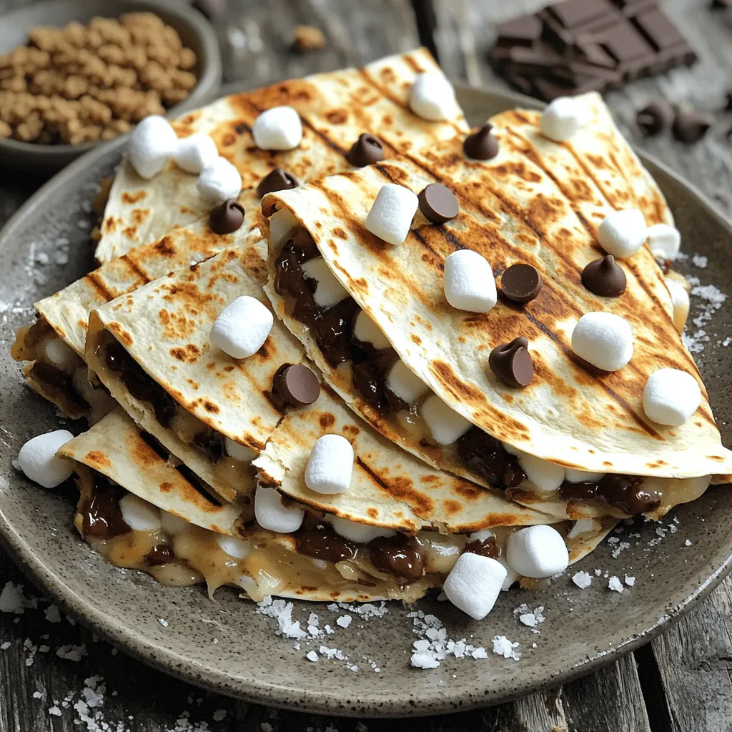 - 2 large flour tortillas - 1 cup chocolate chips - 1 cup mini marshmallows - ½ cup graham cracker crumbs - 1 tablespoon unsalted butter - Pinch of sea salt - Optional: Fresh strawberries or bananas for layering - Non-stick grill pan or skillet - Spatula - Measuring cups and spoons When you make Grilled S'mores Quesadillas, you want to ensure you gather all the right ingredients first. You need large flour tortillas to hold everything together. Chocolate chips add rich sweetness, while mini marshmallows bring that gooey goodness. Graham cracker crumbs give a nice crunch. You’ll also want unsalted butter to crisp up the tortillas as they grill. A pinch of sea salt adds a nice contrast to the sweet flavors. If you want to add a fruity twist, fresh strawberries or bananas work beautifully. For tools, a non-stick grill pan or skillet is key. It helps achieve that perfect golden crust. A spatula makes flipping easy and keeps everything intact. Measuring cups and spoons ensure you get the right amounts for each ingredient, leading to a successful treat every time. With all your ingredients and tools ready, you're set to create a fun and tasty dessert that everyone will love! For the full recipe, check out the detailed instructions. - Preheat your non-stick grill pan or skillet over medium heat. - Spread unsalted butter on one side of each tortilla. - Place the first tortilla on the skillet, buttered side down. - Evenly sprinkle chocolate chips, followed by mini marshmallows and graham cracker crumbs. - Add strawberries or bananas if desired. - Place the second tortilla on top, buttered side facing up, and press gently. - Grill for 2-3 minutes on each side until golden and crispy. These steps are simple and quick. Each layer adds flavor and texture. The grilling gives a nice crunch. This recipe makes a fun treat for any time. For the full experience, check the Full Recipe. Enjoy your cooking! To make the best grilled s'mores quesadillas, start with a non-stick pan. This helps them cook evenly and prevents sticking. Keep your heat at medium. This way, you avoid burning the tortillas while ensuring they get crispy. Serve your quesadillas warm. Add extra chocolate chips and graham cracker crumbs on the side for dipping. You can also drizzle them with chocolate sauce or whipped cream. These toppings make the treat even more special. Try different types of chocolate in your quesadillas. Dark, milk, or white chocolate each bring a unique taste. For a fun twist, add a pinch of cinnamon to the filling. This small change can elevate the flavors. For the full recipe, visit the main article. Enjoy making these delicious treats! {{image_2}} You can make your grilled s'mores quesadillas even more fun. Swap out chocolate chips for Nutella or any spread you enjoy. This change adds a creamy texture and a rich taste. You can also try flavored tortillas, like cinnamon or whole wheat. These options add a twist that enhances the flavor. Adding extra fillings can take your quesadillas to the next level. Peanut butter or almond butter gives a nutty taste that mixes well with chocolate. You can layer in fruits like berries or sliced apples for a burst of sweetness. These additions make the dish more colorful and tasty. Remember, the full recipe is easy to follow and lets you create your delightful treat at home. Store leftover quesadillas in an airtight container in the fridge for up to 2 days. This keeps them fresh and tasty for your next snack. Just make sure the lid is tight. You want to keep out air and moisture. To reheat, use a skillet over medium heat for best results. This method helps maintain the crispness of the quesadilla. Just place it in the skillet and heat for a few minutes on each side. You’ll enjoy that crunchy texture again. Avoid using the microwave, as it may make the quesadilla soggy. Enjoy your treat warm and delicious! For the full recipe, check the earlier section. Yes, you can prepare the filling and layer the quesadillas ahead of time, then grill just before serving. This method makes it easy for parties or quick snacks. Just keep them in the fridge until you’re ready to cook. It's not recommended to freeze once grilled, but you can freeze the prepared layers before grilling. This way, you can enjoy them fresh later. Just thaw them in the fridge overnight when you want to grill them. Corn tortillas or even crepes can be substituted for a gluten-free option. Crepes offer a fun twist, while corn tortillas add a nice crunch. Both options work well with the sweet filling. Use whole wheat tortillas and reduce the amount of chocolate chips or opt for dark chocolate. Whole wheat adds fiber, making it a better choice. You can also add fruits for extra nutrition and natural sweetness. Check out the Full Recipe for more ideas! Grilled s'mores quesadillas are fun, easy, and tasty. We covered the ingredients, tools, and step-by-step cooking. I shared tips for perfecting your quesadillas and ways to serve them. You can even try fun variations with different flavors and fillings. In the end, these quesadillas are a great treat for any occasion. Enjoy making them and let your creativity shine!