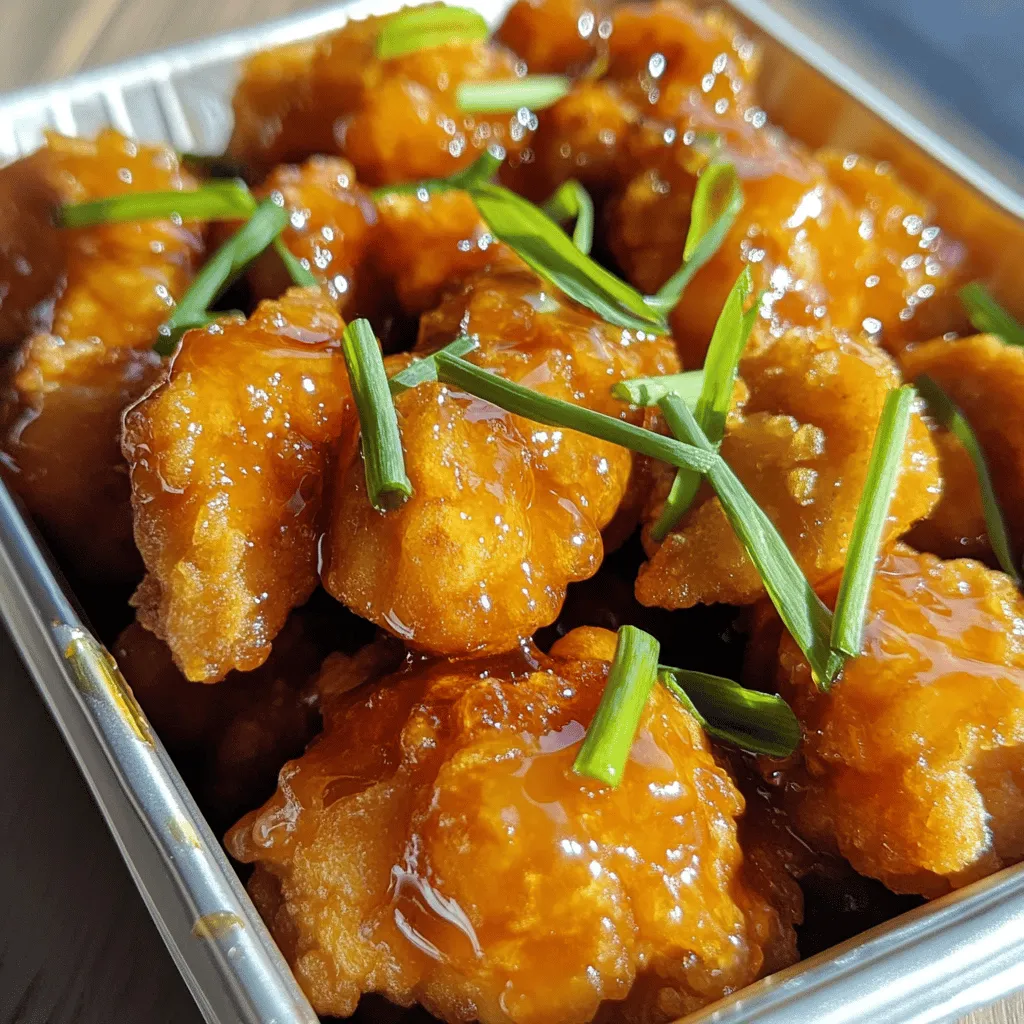 To make Panda Express Orange Chicken, you need some key ingredients. These ingredients give the dish its delicious flavor and texture: - 1 lb chicken thighs, cut into bite-sized pieces - 1/2 cup cornstarch - 1/4 cup all-purpose flour - 1 teaspoon baking powder - 1 teaspoon garlic powder - 1 teaspoon ginger powder - 1/2 teaspoon salt - 1/4 teaspoon black pepper - 1/2 cup orange juice (freshly squeezed for best flavor) - 1/4 cup soy sauce - 1/4 cup honey - 2 tablespoons rice vinegar - 1 tablespoon sesame oil - Zest of 1 orange - Vegetable oil (for frying) These ingredients work together to make the chicken crispy and flavorful. The fresh orange juice and zest add a bright, zesty kick. You can add some extra touches to your Orange Chicken. These garnishes not only look nice but also enhance the flavor: - 2 tablespoons green onions, sliced - Sesame seeds (optional) Adding sliced green onions brings a fresh taste. Sesame seeds can give a nutty crunch. This meal packs a punch in flavor but also has calories. Here’s a quick look at the nutritional content per serving: - Calories: Approximately 400 - Protein: 25g - Carbohydrates: 50g - Fat: 15g This dish is hearty but serves well with veggies or rice for balance. If you want to know how to make this dish, check the Full Recipe. Start by gathering your chicken thighs. Cut them into small, bite-sized pieces. In a large bowl, mix together cornstarch, all-purpose flour, baking powder, garlic powder, ginger powder, salt, and black pepper. This blend will coat the chicken and give it a nice crunch. Toss the chicken pieces in this dry mix until they are well coated. Let them sit for 10 to 15 minutes. This resting time helps the coating stick better when cooking. While your chicken rests, it’s time to make the orange sauce. In a separate bowl, whisk together freshly squeezed orange juice, soy sauce, honey, rice vinegar, sesame oil, and orange zest. Mix until everything blends well. This sauce gives the chicken its sweet and tangy flavor. It’s the star of the dish, so take your time to get it just right. Next, heat about 2 inches of vegetable oil in a pot or deep pan over medium-high heat. To check if the oil is ready, drop in a small piece of batter. If it sizzles and rises, you’re good to go. Carefully add the coated chicken pieces in batches. Fry them for 5 to 6 minutes or until they turn golden brown and crispy. Use a slotted spoon to transfer the chicken to a plate lined with paper towels. This step helps drain any excess oil. Once all the chicken is fried, pour out most of the oil from the pot, leaving about a tablespoon. Add your pre-made orange sauce and bring it to a simmer over medium heat. Cook for 2 to 3 minutes, letting it thicken a bit. Then, toss the fried chicken in the sauce. Cook for another 1 to 2 minutes, making sure every piece is hot and well coated. Your crispy orange chicken is now ready to serve! Enjoy it hot, garnished with sliced green onions for that extra touch. To get that perfect crunch, use chicken thighs. They stay juicy and tender. Coat the chicken well with the dry mix. Let it rest for 10-15 minutes. This helps the batter stick better when frying. The longer it sits, the crisper it becomes. Fry in small batches to avoid steaming. This keeps each piece crispy and golden. Heat the oil to the right temperature. The oil should be hot enough to sizzle when you add chicken. You can test it with a small piece of batter. Use a deep pot for even cooking. Avoid overcrowding the pot. This helps the chicken cook evenly and stay crispy. Once fried, drain the chicken on a paper towel. This removes excess oil. To boost the orange flavor, use fresh ingredients. Freshly squeezed orange juice adds brightness. Zest an orange for extra aroma. You can also add red pepper flakes for heat. If you like a sweeter sauce, add more honey. For tang, adjust the rice vinegar. Always taste and tweak the sauce to your liking. These small changes can make a big difference in flavor. For the complete recipe, check out the Full Recipe above. {{image_2}} You can make Orange Chicken healthier. Swap chicken thighs for chicken breasts. Chicken breasts have less fat. Use air frying instead of deep frying. This cuts down on oil. You can also use a mix of orange juice and low-sodium soy sauce. This change adds flavor without the extra salt. Adding veggies like broccoli or bell peppers boosts nutrition. They add crunch and color to your meal. To make a vegan version, use tofu instead of chicken. Firm tofu works best. Press it to remove excess water, then cut it into cubes. Coat the tofu in the same batter. Fry it until golden and crispy. You can also try seitan or tempeh. These alternatives provide great texture. Use the same orange sauce to keep the flavor strong. This way, you still get that tasty orange punch! If you love heat, try spicy orange chicken. Add red pepper flakes or sriracha to the orange sauce. Start with a teaspoon and adjust to your taste. You can also toss in some sliced jalapeños while cooking. This will give your dish a nice kick. Pair it with steamed rice to balance the spice. This will make your meal exciting and bold! For the full recipe, check out the Crispy Orange Chicken Delight. Store leftover Panda Express orange chicken in an airtight container. Keep it in the fridge. It stays fresh for up to three days. Make sure the chicken is cool before sealing. This helps prevent moisture buildup, which can make the chicken soggy. To reheat, use the oven for the best results. Preheat your oven to 350°F (175°C). Place the chicken on a baking sheet. Heat for about 10-15 minutes until warm and crispy. You can also use a microwave, but it might get soggy. If you choose the microwave, cover the chicken with a damp paper towel. Heat in short bursts until warm. You can freeze orange chicken for later use. Place it in a freezer-safe container. It can last up to two months in the freezer. When ready to eat, thaw it overnight in the fridge. Reheat it in the oven for best texture. For quick meals, you can also use the Full Recipe to make a fresh batch anytime! You can find Panda Express Orange Chicken at any Panda Express restaurant. They serve it fresh daily. Many locations also offer online ordering. You can pick it up or have it delivered. If you want to enjoy it at home, you can try making the dish yourself. The Full Recipe is a great starting point. To make this recipe gluten-free, swap out the all-purpose flour. You can use gluten-free flour blends instead. Also, choose a gluten-free soy sauce. Many stores sell this option. Always check the labels to ensure they are gluten-free. Orange Chicken goes well with many sides. Here are some tasty options: - Steamed jasmine rice - Fried rice with vegetables - Broccoli or mixed stir-fried vegetables - Egg rolls or spring rolls - A light salad with sesame dressing These sides will complement the sweet and tangy flavors of the chicken. In this post, we explored the key ingredients for Panda Express Orange Chicken, shared step-by-step cooking instructions, and offered tips for perfecting the dish. We also discussed variations, like healthier and vegan options, and helpful storage techniques. By following these steps, you can enjoy a tasty meal at home. Remember, small changes can make a big difference in flavor. Happy cooking!