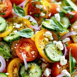 - 3 medium ripe tomatoes, diced - 1 large cucumber, peeled and diced - 1/2 red onion, finely chopped - 1/4 cup fresh basil leaves, torn - 1/4 cup feta cheese, crumbled - 2 tablespoons olive oil - 1 tablespoon balsamic vinegar - Salt and pepper to taste - 1 teaspoon honey (optional, for sweetness) Fresh ingredients make this salad shine. I love using ripe tomatoes. They bring a sweet and juicy burst to each bite. Cucumbers add a cool crunch that balances the flavors well. Choose a large cucumber for the best texture. Red onion gives a hint of sharpness. It brightens the dish and adds color. Fresh basil leaves bring an aromatic note. The torn leaves release their oils, making the salad fragrant. Feta cheese adds creaminess and a salty kick. It pairs well with the other ingredients. For the dressing, I mix olive oil and balsamic vinegar. This simple blend enhances the fresh produce. Salt and pepper bring out the flavors. A touch of honey can add sweetness if you like. You can find the full recipe below to make this vibrant dish! - Combine diced tomatoes and cucumbers in a bowl. - Add finely chopped red onions and torn basil leaves. Start by selecting ripe tomatoes. Their bright color and firm texture ensure great flavor. Dice them into small pieces. Next, peel and dice your cucumber. A large cucumber gives a nice crunch. Finely chop half a red onion. This will add a mild sweetness. Finally, take fresh basil leaves and tear them into smaller pieces for easy mixing. - Whisk together olive oil, balsamic vinegar, salt, and pepper. - Incorporate honey for added sweetness (optional). In a small bowl, whisk together two tablespoons of olive oil and one tablespoon of balsamic vinegar. Add a pinch of salt and a dash of pepper to taste. If you want a touch of sweetness, add one teaspoon of honey. This step elevates the flavor and balances the acidity. - Pour the dressing over the salad mix and toss gently. - Sprinkle feta cheese on top and lightly toss again. Pour the dressing over the salad mix. Use a spatula to toss gently. This keeps the veggies intact. Next, sprinkle a quarter cup of crumbled feta cheese on top. Toss lightly once more to combine everything. Let the salad sit for about ten minutes. This allows the flavors to meld together beautifully. For the full recipe, check the details above. - Choose firm, ripe tomatoes for maximum flavor. - Opt for a crisp cucumber for texture. When you select your tomatoes, look for ones that feel heavy for their size. The skin should be smooth and shiny. This choice ensures you get the juiciest flavor. For cucumbers, pick ones that are firm and have a bright color. Soft spots mean they may not be fresh. These tips help your salad shine. - Allow the salad to sit for 10 minutes to meld flavors. - Customize dressing with herbs like oregano or dill. After mixing your salad, let it rest for ten minutes. This waiting time helps all the tastes blend nicely. If you want to kick it up a notch, add fresh herbs like oregano or dill to your dressing. These herbs bring a new layer of flavor that makes your salad even more delicious. - Serve chilled for a refreshing appetizer. - Pair with grilled meats or as a side dish. I love serving this salad cold. It makes a perfect appetizer on a hot day. You can also pair it with grilled chicken or fish. The fresh taste balances well with smoky flavors. If you want to impress your guests, this vibrant salad is a great choice for any meal. For the full recipe, check out the link. {{image_2}} You can make your salad more filling by adding protein. Grilled chicken gives a nice smoky flavor. Chickpeas are a great choice for a vegetarian option. Just toss them in with your fresh veggies. Want a twist? Swap feta cheese for mozzarella. Mozzarella adds a creamy texture. You can also add sliced olives or diced avocados. These additions bring richness and a new taste. Make this salad more exciting by using seasonal fruits. In summer, try adding ripe avocados or sweet peaches. They give a fresh, juicy kick. Roasted vegetables can also change the game. They add warmth and depth to your salad. To keep your fresh tomato cucumber salad at its best, place it in an airtight container. Store it in your refrigerator. This will help maintain its crispness and flavor. Try to eat it within 1-2 days for the best taste. Freezing this salad is not a good idea. The texture of tomatoes and cucumbers changes once frozen. They can become mushy when thawed. Enjoy the salad fresh for the best experience. If you have leftover salad mix, don’t waste it! You can use it in wraps or grain bowls. It adds a refreshing touch to your meals. Mix it with some grains or proteins for a quick lunch. This way, you enjoy the flavors again while reducing food waste. To make a fresh tomato cucumber salad, start by gathering your ingredients. Dice three medium ripe tomatoes and one large cucumber. Finely chop half a red onion and tear a quarter cup of fresh basil leaves. In a large mixing bowl, combine the diced tomatoes and cucumber. Add the chopped red onion and basil. In a small bowl, whisk together two tablespoons of olive oil, one tablespoon of balsamic vinegar, salt, and pepper. For sweetness, add one teaspoon of honey. Pour this dressing over the salad and toss gently. Finally, sprinkle a quarter cup of crumbled feta cheese on top. Let it sit for about 10 minutes to blend the flavors. You can find the full recipe above. If you want to change the cheese, try goat cheese instead. It has a creamy texture and tangy flavor. You can also skip cheese altogether for a vegan salad. This way, you keep the salad fresh and light. To add spice, consider diced jalapeños. They give a nice kick. You can also sprinkle a pinch of red pepper flakes on top. Adjust the amount to fit your taste. This adds heat and excitement to your fresh salad mix. This refreshing tomato cucumber salad is easy to make and packed with flavor. You learned how to prepare fresh veggies, make a simple dressing, and customize your dish. Remember to use ripe ingredients for the best taste. Try serving it chilled or pairing it with grilled meats. This salad is versatile, so feel free to add proteins or experiment with flavors. Store leftovers in the fridge for a few days or repurpose them in wraps. Enjoy this healthy dish that brightens any meal!