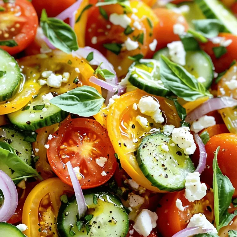 - 3 medium ripe tomatoes, diced - 1 large cucumber, peeled and diced - 1/2 red onion, finely chopped - 1/4 cup fresh basil leaves, torn - 1/4 cup feta cheese, crumbled - 2 tablespoons olive oil - 1 tablespoon balsamic vinegar - Salt and pepper to taste - 1 teaspoon honey (optional, for sweetness) Fresh ingredients make this salad shine. I love using ripe tomatoes. They bring a sweet and juicy burst to each bite. Cucumbers add a cool crunch that balances the flavors well. Choose a large cucumber for the best texture. Red onion gives a hint of sharpness. It brightens the dish and adds color. Fresh basil leaves bring an aromatic note. The torn leaves release their oils, making the salad fragrant. Feta cheese adds creaminess and a salty kick. It pairs well with the other ingredients. For the dressing, I mix olive oil and balsamic vinegar. This simple blend enhances the fresh produce. Salt and pepper bring out the flavors. A touch of honey can add sweetness if you like. You can find the full recipe below to make this vibrant dish! - Combine diced tomatoes and cucumbers in a bowl. - Add finely chopped red onions and torn basil leaves. Start by selecting ripe tomatoes. Their bright color and firm texture ensure great flavor. Dice them into small pieces. Next, peel and dice your cucumber. A large cucumber gives a nice crunch. Finely chop half a red onion. This will add a mild sweetness. Finally, take fresh basil leaves and tear them into smaller pieces for easy mixing. - Whisk together olive oil, balsamic vinegar, salt, and pepper. - Incorporate honey for added sweetness (optional). In a small bowl, whisk together two tablespoons of olive oil and one tablespoon of balsamic vinegar. Add a pinch of salt and a dash of pepper to taste. If you want a touch of sweetness, add one teaspoon of honey. This step elevates the flavor and balances the acidity. - Pour the dressing over the salad mix and toss gently. - Sprinkle feta cheese on top and lightly toss again. Pour the dressing over the salad mix. Use a spatula to toss gently. This keeps the veggies intact. Next, sprinkle a quarter cup of crumbled feta cheese on top. Toss lightly once more to combine everything. Let the salad sit for about ten minutes. This allows the flavors to meld together beautifully. For the full recipe, check the details above. - Choose firm, ripe tomatoes for maximum flavor. - Opt for a crisp cucumber for texture. When you select your tomatoes, look for ones that feel heavy for their size. The skin should be smooth and shiny. This choice ensures you get the juiciest flavor. For cucumbers, pick ones that are firm and have a bright color. Soft spots mean they may not be fresh. These tips help your salad shine. - Allow the salad to sit for 10 minutes to meld flavors. - Customize dressing with herbs like oregano or dill. After mixing your salad, let it rest for ten minutes. This waiting time helps all the tastes blend nicely. If you want to kick it up a notch, add fresh herbs like oregano or dill to your dressing. These herbs bring a new layer of flavor that makes your salad even more delicious. - Serve chilled for a refreshing appetizer. - Pair with grilled meats or as a side dish. I love serving this salad cold. It makes a perfect appetizer on a hot day. You can also pair it with grilled chicken or fish. The fresh taste balances well with smoky flavors. If you want to impress your guests, this vibrant salad is a great choice for any meal. For the full recipe, check out the link. {{image_2}} You can make your salad more filling by adding protein. Grilled chicken gives a nice smoky flavor. Chickpeas are a great choice for a vegetarian option. Just toss them in with your fresh veggies. Want a twist? Swap feta cheese for mozzarella. Mozzarella adds a creamy texture. You can also add sliced olives or diced avocados. These additions bring richness and a new taste. Make this salad more exciting by using seasonal fruits. In summer, try adding ripe avocados or sweet peaches. They give a fresh, juicy kick. Roasted vegetables can also change the game. They add warmth and depth to your salad. To keep your fresh tomato cucumber salad at its best, place it in an airtight container. Store it in your refrigerator. This will help maintain its crispness and flavor. Try to eat it within 1-2 days for the best taste. Freezing this salad is not a good idea. The texture of tomatoes and cucumbers changes once frozen. They can become mushy when thawed. Enjoy the salad fresh for the best experience. If you have leftover salad mix, don’t waste it! You can use it in wraps or grain bowls. It adds a refreshing touch to your meals. Mix it with some grains or proteins for a quick lunch. This way, you enjoy the flavors again while reducing food waste. To make a fresh tomato cucumber salad, start by gathering your ingredients. Dice three medium ripe tomatoes and one large cucumber. Finely chop half a red onion and tear a quarter cup of fresh basil leaves. In a large mixing bowl, combine the diced tomatoes and cucumber. Add the chopped red onion and basil. In a small bowl, whisk together two tablespoons of olive oil, one tablespoon of balsamic vinegar, salt, and pepper. For sweetness, add one teaspoon of honey. Pour this dressing over the salad and toss gently. Finally, sprinkle a quarter cup of crumbled feta cheese on top. Let it sit for about 10 minutes to blend the flavors. You can find the full recipe above. If you want to change the cheese, try goat cheese instead. It has a creamy texture and tangy flavor. You can also skip cheese altogether for a vegan salad. This way, you keep the salad fresh and light. To add spice, consider diced jalapeños. They give a nice kick. You can also sprinkle a pinch of red pepper flakes on top. Adjust the amount to fit your taste. This adds heat and excitement to your fresh salad mix. This refreshing tomato cucumber salad is easy to make and packed with flavor. You learned how to prepare fresh veggies, make a simple dressing, and customize your dish. Remember to use ripe ingredients for the best taste. Try serving it chilled or pairing it with grilled meats. This salad is versatile, so feel free to add proteins or experiment with flavors. Store leftovers in the fridge for a few days or repurpose them in wraps. Enjoy this healthy dish that brightens any meal!