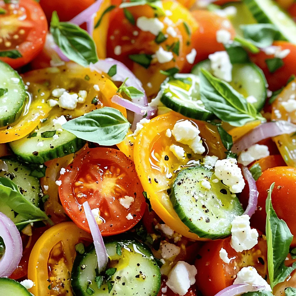 - 3 medium ripe tomatoes, diced - 1 large cucumber, peeled and diced - 1/2 red onion, finely chopped - 1/4 cup fresh basil leaves, torn - 1/4 cup feta cheese, crumbled - 2 tablespoons olive oil - 1 tablespoon balsamic vinegar - Salt and pepper to taste - 1 teaspoon honey (optional, for sweetness) Fresh ingredients make this salad shine. I love using ripe tomatoes. They bring a sweet and juicy burst to each bite. Cucumbers add a cool crunch that balances the flavors well. Choose a large cucumber for the best texture. Red onion gives a hint of sharpness. It brightens the dish and adds color. Fresh basil leaves bring an aromatic note. The torn leaves release their oils, making the salad fragrant. Feta cheese adds creaminess and a salty kick. It pairs well with the other ingredients. For the dressing, I mix olive oil and balsamic vinegar. This simple blend enhances the fresh produce. Salt and pepper bring out the flavors. A touch of honey can add sweetness if you like. You can find the full recipe below to make this vibrant dish! - Combine diced tomatoes and cucumbers in a bowl. - Add finely chopped red onions and torn basil leaves. Start by selecting ripe tomatoes. Their bright color and firm texture ensure great flavor. Dice them into small pieces. Next, peel and dice your cucumber. A large cucumber gives a nice crunch. Finely chop half a red onion. This will add a mild sweetness. Finally, take fresh basil leaves and tear them into smaller pieces for easy mixing. - Whisk together olive oil, balsamic vinegar, salt, and pepper. - Incorporate honey for added sweetness (optional). In a small bowl, whisk together two tablespoons of olive oil and one tablespoon of balsamic vinegar. Add a pinch of salt and a dash of pepper to taste. If you want a touch of sweetness, add one teaspoon of honey. This step elevates the flavor and balances the acidity. - Pour the dressing over the salad mix and toss gently. - Sprinkle feta cheese on top and lightly toss again. Pour the dressing over the salad mix. Use a spatula to toss gently. This keeps the veggies intact. Next, sprinkle a quarter cup of crumbled feta cheese on top. Toss lightly once more to combine everything. Let the salad sit for about ten minutes. This allows the flavors to meld together beautifully. For the full recipe, check the details above. - Choose firm, ripe tomatoes for maximum flavor. - Opt for a crisp cucumber for texture. When you select your tomatoes, look for ones that feel heavy for their size. The skin should be smooth and shiny. This choice ensures you get the juiciest flavor. For cucumbers, pick ones that are firm and have a bright color. Soft spots mean they may not be fresh. These tips help your salad shine. - Allow the salad to sit for 10 minutes to meld flavors. - Customize dressing with herbs like oregano or dill. After mixing your salad, let it rest for ten minutes. This waiting time helps all the tastes blend nicely. If you want to kick it up a notch, add fresh herbs like oregano or dill to your dressing. These herbs bring a new layer of flavor that makes your salad even more delicious. - Serve chilled for a refreshing appetizer. - Pair with grilled meats or as a side dish. I love serving this salad cold. It makes a perfect appetizer on a hot day. You can also pair it with grilled chicken or fish. The fresh taste balances well with smoky flavors. If you want to impress your guests, this vibrant salad is a great choice for any meal. For the full recipe, check out the link. {{image_2}} You can make your salad more filling by adding protein. Grilled chicken gives a nice smoky flavor. Chickpeas are a great choice for a vegetarian option. Just toss them in with your fresh veggies. Want a twist? Swap feta cheese for mozzarella. Mozzarella adds a creamy texture. You can also add sliced olives or diced avocados. These additions bring richness and a new taste. Make this salad more exciting by using seasonal fruits. In summer, try adding ripe avocados or sweet peaches. They give a fresh, juicy kick. Roasted vegetables can also change the game. They add warmth and depth to your salad. To keep your fresh tomato cucumber salad at its best, place it in an airtight container. Store it in your refrigerator. This will help maintain its crispness and flavor. Try to eat it within 1-2 days for the best taste. Freezing this salad is not a good idea. The texture of tomatoes and cucumbers changes once frozen. They can become mushy when thawed. Enjoy the salad fresh for the best experience. If you have leftover salad mix, don’t waste it! You can use it in wraps or grain bowls. It adds a refreshing touch to your meals. Mix it with some grains or proteins for a quick lunch. This way, you enjoy the flavors again while reducing food waste. To make a fresh tomato cucumber salad, start by gathering your ingredients. Dice three medium ripe tomatoes and one large cucumber. Finely chop half a red onion and tear a quarter cup of fresh basil leaves. In a large mixing bowl, combine the diced tomatoes and cucumber. Add the chopped red onion and basil. In a small bowl, whisk together two tablespoons of olive oil, one tablespoon of balsamic vinegar, salt, and pepper. For sweetness, add one teaspoon of honey. Pour this dressing over the salad and toss gently. Finally, sprinkle a quarter cup of crumbled feta cheese on top. Let it sit for about 10 minutes to blend the flavors. You can find the full recipe above. If you want to change the cheese, try goat cheese instead. It has a creamy texture and tangy flavor. You can also skip cheese altogether for a vegan salad. This way, you keep the salad fresh and light. To add spice, consider diced jalapeños. They give a nice kick. You can also sprinkle a pinch of red pepper flakes on top. Adjust the amount to fit your taste. This adds heat and excitement to your fresh salad mix. This refreshing tomato cucumber salad is easy to make and packed with flavor. You learned how to prepare fresh veggies, make a simple dressing, and customize your dish. Remember to use ripe ingredients for the best taste. Try serving it chilled or pairing it with grilled meats. This salad is versatile, so feel free to add proteins or experiment with flavors. Store leftovers in the fridge for a few days or repurpose them in wraps. Enjoy this healthy dish that brightens any meal!