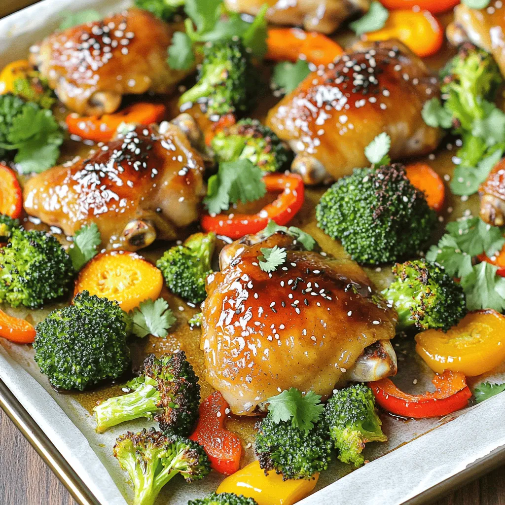 - 4 boneless, skinless chicken thighs - 1/4 cup honey - 1/4 cup soy sauce - 4 cloves garlic, minced - 1 tablespoon grated fresh ginger - 2 cups broccoli florets - 1 bell pepper, sliced - 1 cup carrots, sliced - Olive oil, salt, and pepper - Black sesame seeds - Fresh cilantro To make Honey Garlic Sheet Pan Chicken, you need simple ingredients. First, gather your main ingredients. The chicken thighs give you great flavor and texture. Honey and soy sauce create a sweet and savory glaze. Garlic adds a strong aroma, while ginger gives it a zing. Next, you'll want vibrant veggies. Broccoli, bell peppers, and carrots bring color and nutrients. They roast well and soak up the honey garlic sauce, making them tasty and healthy. For a finishing touch, you can add black sesame seeds and fresh cilantro. They look great and add a bit more flavor. This dish is not only easy to make but also fun to share. You can find the full recipe to guide you step by step. Enjoy cooking! - Preheat your oven to 400°F (200°C). - Line a large baking sheet with parchment paper for easy cleanup. - In a medium bowl, whisk together the honey, soy sauce, minced garlic, ginger, olive oil, and sesame oil until mixed well. - Place the chicken thighs on the baking sheet. Season them with salt and pepper. - Pour half of the honey garlic mixture over the chicken. Make sure they are well coated. - On the same sheet pan, add the broccoli florets, sliced bell pepper, and carrots. - Drizzle a little olive oil over the veggies and sprinkle with salt and pepper. Toss to mix them well. - Bake in the preheated oven for 25-30 minutes. You want the chicken to be cooked through, reaching an internal temperature of 165°F (75°C). The vegetables should be tender. - During the last 5 minutes of cooking, brush the reserved honey garlic mixture over the chicken for that extra glaze. This method gives you a simple yet flavorful dish. For the complete recipe, check out [Full Recipe]. To achieve tender chicken, start with the right cut. I love using boneless, skinless chicken thighs for this recipe. They stay juicy and flavorful. Make sure not to overcook them. Use a meat thermometer to check for doneness; it should reach 165°F. For perfectly roasted vegetables, cut them into similar sizes. This way, they cook evenly. Toss them with olive oil and seasonings before placing them on the pan. Adding spices or herbs can make a big difference. Consider using crushed red pepper for heat or fresh thyme for a hint of earthiness. You can also add rosemary for a nice touch. Marinating the chicken boosts the flavor even more. Let it sit for at least 30 minutes, or overnight if you can. The longer the chicken marinates, the deeper the flavor will be. Different ovens may have slight variations in cooking times. If you have a convection oven, reduce the temperature by 25°F for better results. Always keep an eye on the chicken as it cooks. Check its doneness at about 25 minutes. If it isn't done yet, continue baking. You want to make sure the chicken is fully cooked and the vegetables are tender. {{image_2}} You can change the protein in this dish for fun. If you want a plant-based option, use tofu. Firm tofu works best as it holds its shape. Just cut it into cubes and follow the same steps. You can also use shrimp for a quick twist. Cook shrimp until they turn pink. They won’t need as long in the oven. If you prefer more flavor, try bone-in chicken. The bones add richness to the dish. Bake the chicken for a little longer, about 35-40 minutes. Check the internal temperature to ensure it reaches 165°F (75°C). You can mix in different vegetables too. Zucchini, asparagus, or sweet potatoes are great choices. Cut them into even pieces for even cooking. Seasonal veggies, like squash in fall, work well too. Use what you have on hand. This recipe is flexible and fun. Want a kick? Add chili sauce to the honey mix. Start with one tablespoon and taste. You can always add more for extra heat. If you want a different flavor, try teriyaki sauce instead of soy sauce. It gives a sweet and savory twist. Just keep the same amount for balance. You can find the full recipe [here](#). To keep your Honey Garlic Sheet Pan Chicken fresh, store any leftovers in the fridge. Place the chicken and veggies in an airtight container. Make sure to cool them first. They will last about 3-4 days in the fridge. For longer storage, consider freezing. Place the chicken and vegetables in freezer bags. Remove as much air as possible to avoid freezer burn. These can last up to 3 months in the freezer. When reheating, I suggest using the oven. This method helps keep the chicken juicy and the veggies crisp. Preheat the oven to 350°F (175°C). Spread the chicken and veggies on a baking sheet. Heat for about 10-15 minutes. If you're in a hurry, you can use the microwave. Just be careful not to overcook it. Heat in short bursts, checking often to keep the texture nice. This dish pairs well with many sides. Rice or quinoa work great. You can also serve it with a simple salad. Try mixing leafy greens with a light dressing. Roasted potatoes or steamed rice are also excellent options. They will soak up the honey garlic sauce nicely. For a fun twist, add some crusty bread on the side to complete your meal. Check out the Full Recipe for more ideas on what to serve! Yes, you can use chicken breasts. They are leaner than thighs. However, they may dry out more easily. Thighs stay moist and tender during cooking. If you choose breast, watch the cooking time closely. To adjust sweetness, change the honey amount. Use less honey for less sweetness. You can add more honey for a sweeter taste. Start with a small amount, then taste the sauce. This helps you find the perfect balance. Yes, this dish is great for meal prep. Cook a big batch and store it. Keep the chicken and veggies in airtight containers. They stay fresh in the fridge for up to four days. Reheat in the oven for best results. For more tips, check the Full Recipe. This blog post covered a simple and tasty chicken recipe. You learned about key ingredients, step-by-step cooking, and tips for perfect flavor. I shared many ways to customize the dish, from different proteins to flavorful sauces. Storing tips help you keep leftovers fresh. Now, you can easily make this meal any time and enjoy it your way. Cooking should be fun and delicious. So, get in the kitchen and try it out!