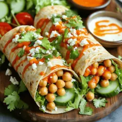 The main ingredients for Buffalo Ranch Chickpea Wraps are simple yet crucial. You need: - 1 can (15 oz) chickpeas, drained and rinsed - 2 tablespoons buffalo sauce (adjust to taste) - 2 tablespoons ranch dressing (or vegan ranch) - 1 tablespoon olive oil - 1/2 teaspoon garlic powder - 1/2 teaspoon onion powder - Salt and pepper to taste - 4 large spinach or whole wheat tortillas - 1 cup shredded lettuce - 1 cup diced tomatoes - 1/2 cup sliced cucumbers - 1/4 cup crumbled feta cheese (optional) - Fresh cilantro or parsley for garnish Using high-quality ingredients makes a big difference. Fresh chickpeas taste better and hold their shape. A good buffalo sauce adds that perfect kick. A creamy ranch dressing balances the heat. Fresh veggies make your wraps vibrant and crunchy. You can customize these wraps to fit your taste. Here are some tasty options: - Avocado slices for creaminess - Pickled jalapeños for extra heat - Black olives for a briny touch - Shredded carrots for added crunch For vegan or gluten-free options, swap the ranch dressing with a plant-based version. Use gluten-free tortillas to keep it safe for everyone. These tweaks can create a wrap that suits your needs and cravings. Start by preparing your chickpeas. Open a can of chickpeas and drain them well. Rinse them under cool water to remove any excess salt. In a bowl, use a fork or potato masher to smash the chickpeas. You want them a bit chunky, so leave some whole. This adds texture to your wrap. Next, mix the buffalo sauce and ranch dressing. In a small bowl, combine 2 tablespoons of buffalo sauce with 2 tablespoons of ranch dressing. Add 1 tablespoon of olive oil, 1/2 teaspoon of garlic powder, and 1/2 teaspoon of onion powder. Season with salt and pepper. Stir until everything is blended. Pour this mixture over the smashed chickpeas, and mix well. Taste it and adjust the flavor if needed. Now, let’s assemble the wraps. Take a large tortilla and lay it flat on a clean surface. Spread a generous portion of the buffalo chickpea mixture down the center of the tortilla. Top the chickpeas with shredded lettuce, diced tomatoes, sliced cucumbers, and crumbled feta cheese if you like. To fold the wrap, bring the sides of the tortilla in toward the center. Then, roll it from the bottom up. Make sure to tuck in the filling as you roll. Repeat this step for the other tortillas. If you want to add more flavor, consider grilling the wraps. Heat a skillet over medium heat. Place the wraps seam-side down in the pan. Grill each wrap for about 2-3 minutes, or until golden brown. Flip and grill the other side until it has nice grill marks. This step adds a delicious crunch and warmth to your wraps. Enjoy your Buffalo Ranch Chickpea Wraps! For the complete recipe, check out the Full Recipe. To make your wraps just right, start with spice levels. If you like heat, add more buffalo sauce. If you prefer mild, reduce the sauce. You can also mix in some honey for sweetness. For extra crunch, consider adding sliced bell peppers or shredded carrots. These add texture and color. You can also try crispy chickpeas. Just roast them with olive oil and spices until they pop! Serve your wraps with a fresh side salad. A simple salad with greens, cucumbers, and cherry tomatoes works great. You can also add some tortilla chips for a fun crunch. Pair your meal with a cold drink. I suggest a sparkling water with lemon or a light beer. These drinks balance the spice nicely. Store any leftovers in an airtight container in the fridge. They stay fresh for about three days. To reheat, use a microwave or skillet until warm. You can make the filling ahead of time, too. Just mix everything and store it in the fridge. When ready, assemble your wraps quickly for a tasty meal! For the full recipe, check the recipe section above. {{image_2}} You can mix up the protein in your Buffalo Ranch Chickpea Wraps. Try adding cooked chicken for a heartier meal. Tempeh is a great choice for a nutty flavor. Tofu works well if you want a soft texture. For spice lovers, add diced jalapeños or a dash of cayenne pepper to the chickpeas. These options let you explore new tastes while keeping it delicious. If you want a plant-based wrap, simply use vegan ranch dressing. Just swap the regular ranch for a vegan version. You can also skip the feta cheese or use a plant-based cheese. This makes the wrap vegan-friendly. Feel free to add other veggies like bell peppers or avocado for more flavor and nutrients. These changes keep the wraps fresh and exciting. Tortillas aren’t your only option. You can use lettuce leaves instead of tortillas for a low-carb choice. Romaine or butter lettuce works best. You can also try other types of wraps, like whole grain or gluten-free versions. Each wrap type can give your meal a new twist and keep it fun. Enjoy experimenting with different wraps to find your favorite! To keep your Buffalo Ranch Chickpea Wraps fresh, wrap them in plastic. You can also place them in an airtight container. This helps keep the wraps from drying out. Store them in the fridge. They stay good for about 3 days. If you have leftover filling, it can last 4 to 5 days in the fridge. Always check for any off smells or changes in color before eating. You can freeze these wraps for later. Wrap them tightly in plastic or foil. You can also use freezer bags. For best results, freeze them unwrapped. This helps prevent sogginess. When you are ready to eat, thaw them in the fridge overnight. To reheat, place the wrap in a skillet over medium heat. Cook for 2 to 3 minutes on each side until warm. This method keeps the wrap tasty and crispy. Food safety is key when storing chickpea-based dishes. Always cool down your wraps before placing them in the fridge. Store them within two hours of making. Look for signs of spoilage, like a bad smell or mold. If the wraps or filling look off, it's best to throw them away. Always trust your senses; they help keep you safe! Yes, you can make Buffalo Ranch Chickpea Wraps ahead of time. Just prepare the chickpea filling and store it in the fridge. Use an airtight container to keep it fresh. The wraps can stay in the fridge for two to three days. When you're ready to eat, assemble the wraps with fresh veggies. This keeps them crunchy and tasty. These wraps pair well with a variety of sides. You can serve carrot sticks, celery, or sliced bell peppers. A fresh salad is also a great choice. For dips, try extra ranch dressing or hummus. These sides add more colors and flavors to your meal. Absolutely! You can make these wraps your own. If you're vegan, use a plant-based ranch. Want more protein? Add grilled chicken or tofu. Feel free to toss in other veggies like avocado or bell peppers. Tailor it to your taste and dietary needs. Buffalo Ranch Chickpea Wraps are a healthy choice. Each wrap has about 300 calories. They offer protein from chickpeas and healthy fats from olive oil. You also get fiber from veggies. This makes them filling and nutritious. Enjoy your meal while staying on track with your health goals. Buffalo Ranch Chickpea Wraps offer great taste and flexibility. We covered essential ingredients and how to prepare chickpeas. You learned tips for perfecting your wraps and tasty side dishes to serve. The meal prep advice helps save time in the kitchen. Don't forget the variations for different diets and preferences! Enjoy experimenting with flavors, fillings, and wraps. These wraps are quick, tasty, and good for you. Make them your own and share with friends and family!