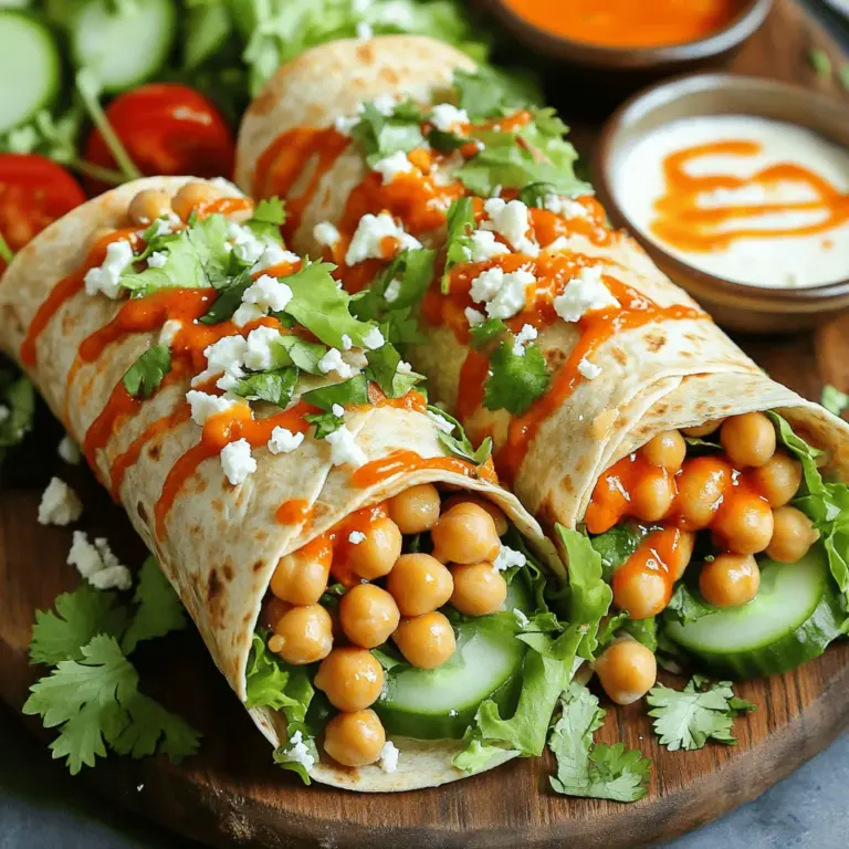 The main ingredients for Buffalo Ranch Chickpea Wraps are simple yet crucial. You need: - 1 can (15 oz) chickpeas, drained and rinsed - 2 tablespoons buffalo sauce (adjust to taste) - 2 tablespoons ranch dressing (or vegan ranch) - 1 tablespoon olive oil - 1/2 teaspoon garlic powder - 1/2 teaspoon onion powder - Salt and pepper to taste - 4 large spinach or whole wheat tortillas - 1 cup shredded lettuce - 1 cup diced tomatoes - 1/2 cup sliced cucumbers - 1/4 cup crumbled feta cheese (optional) - Fresh cilantro or parsley for garnish Using high-quality ingredients makes a big difference. Fresh chickpeas taste better and hold their shape. A good buffalo sauce adds that perfect kick. A creamy ranch dressing balances the heat. Fresh veggies make your wraps vibrant and crunchy. You can customize these wraps to fit your taste. Here are some tasty options: - Avocado slices for creaminess - Pickled jalapeños for extra heat - Black olives for a briny touch - Shredded carrots for added crunch For vegan or gluten-free options, swap the ranch dressing with a plant-based version. Use gluten-free tortillas to keep it safe for everyone. These tweaks can create a wrap that suits your needs and cravings. Start by preparing your chickpeas. Open a can of chickpeas and drain them well. Rinse them under cool water to remove any excess salt. In a bowl, use a fork or potato masher to smash the chickpeas. You want them a bit chunky, so leave some whole. This adds texture to your wrap. Next, mix the buffalo sauce and ranch dressing. In a small bowl, combine 2 tablespoons of buffalo sauce with 2 tablespoons of ranch dressing. Add 1 tablespoon of olive oil, 1/2 teaspoon of garlic powder, and 1/2 teaspoon of onion powder. Season with salt and pepper. Stir until everything is blended. Pour this mixture over the smashed chickpeas, and mix well. Taste it and adjust the flavor if needed. Now, let’s assemble the wraps. Take a large tortilla and lay it flat on a clean surface. Spread a generous portion of the buffalo chickpea mixture down the center of the tortilla. Top the chickpeas with shredded lettuce, diced tomatoes, sliced cucumbers, and crumbled feta cheese if you like. To fold the wrap, bring the sides of the tortilla in toward the center. Then, roll it from the bottom up. Make sure to tuck in the filling as you roll. Repeat this step for the other tortillas. If you want to add more flavor, consider grilling the wraps. Heat a skillet over medium heat. Place the wraps seam-side down in the pan. Grill each wrap for about 2-3 minutes, or until golden brown. Flip and grill the other side until it has nice grill marks. This step adds a delicious crunch and warmth to your wraps. Enjoy your Buffalo Ranch Chickpea Wraps! For the complete recipe, check out the Full Recipe. To make your wraps just right, start with spice levels. If you like heat, add more buffalo sauce. If you prefer mild, reduce the sauce. You can also mix in some honey for sweetness. For extra crunch, consider adding sliced bell peppers or shredded carrots. These add texture and color. You can also try crispy chickpeas. Just roast them with olive oil and spices until they pop! Serve your wraps with a fresh side salad. A simple salad with greens, cucumbers, and cherry tomatoes works great. You can also add some tortilla chips for a fun crunch. Pair your meal with a cold drink. I suggest a sparkling water with lemon or a light beer. These drinks balance the spice nicely. Store any leftovers in an airtight container in the fridge. They stay fresh for about three days. To reheat, use a microwave or skillet until warm. You can make the filling ahead of time, too. Just mix everything and store it in the fridge. When ready, assemble your wraps quickly for a tasty meal! For the full recipe, check the recipe section above. {{image_2}} You can mix up the protein in your Buffalo Ranch Chickpea Wraps. Try adding cooked chicken for a heartier meal. Tempeh is a great choice for a nutty flavor. Tofu works well if you want a soft texture. For spice lovers, add diced jalapeños or a dash of cayenne pepper to the chickpeas. These options let you explore new tastes while keeping it delicious. If you want a plant-based wrap, simply use vegan ranch dressing. Just swap the regular ranch for a vegan version. You can also skip the feta cheese or use a plant-based cheese. This makes the wrap vegan-friendly. Feel free to add other veggies like bell peppers or avocado for more flavor and nutrients. These changes keep the wraps fresh and exciting. Tortillas aren’t your only option. You can use lettuce leaves instead of tortillas for a low-carb choice. Romaine or butter lettuce works best. You can also try other types of wraps, like whole grain or gluten-free versions. Each wrap type can give your meal a new twist and keep it fun. Enjoy experimenting with different wraps to find your favorite! To keep your Buffalo Ranch Chickpea Wraps fresh, wrap them in plastic. You can also place them in an airtight container. This helps keep the wraps from drying out. Store them in the fridge. They stay good for about 3 days. If you have leftover filling, it can last 4 to 5 days in the fridge. Always check for any off smells or changes in color before eating. You can freeze these wraps for later. Wrap them tightly in plastic or foil. You can also use freezer bags. For best results, freeze them unwrapped. This helps prevent sogginess. When you are ready to eat, thaw them in the fridge overnight. To reheat, place the wrap in a skillet over medium heat. Cook for 2 to 3 minutes on each side until warm. This method keeps the wrap tasty and crispy. Food safety is key when storing chickpea-based dishes. Always cool down your wraps before placing them in the fridge. Store them within two hours of making. Look for signs of spoilage, like a bad smell or mold. If the wraps or filling look off, it's best to throw them away. Always trust your senses; they help keep you safe! Yes, you can make Buffalo Ranch Chickpea Wraps ahead of time. Just prepare the chickpea filling and store it in the fridge. Use an airtight container to keep it fresh. The wraps can stay in the fridge for two to three days. When you're ready to eat, assemble the wraps with fresh veggies. This keeps them crunchy and tasty. These wraps pair well with a variety of sides. You can serve carrot sticks, celery, or sliced bell peppers. A fresh salad is also a great choice. For dips, try extra ranch dressing or hummus. These sides add more colors and flavors to your meal. Absolutely! You can make these wraps your own. If you're vegan, use a plant-based ranch. Want more protein? Add grilled chicken or tofu. Feel free to toss in other veggies like avocado or bell peppers. Tailor it to your taste and dietary needs. Buffalo Ranch Chickpea Wraps are a healthy choice. Each wrap has about 300 calories. They offer protein from chickpeas and healthy fats from olive oil. You also get fiber from veggies. This makes them filling and nutritious. Enjoy your meal while staying on track with your health goals. Buffalo Ranch Chickpea Wraps offer great taste and flexibility. We covered essential ingredients and how to prepare chickpeas. You learned tips for perfecting your wraps and tasty side dishes to serve. The meal prep advice helps save time in the kitchen. Don't forget the variations for different diets and preferences! Enjoy experimenting with flavors, fillings, and wraps. These wraps are quick, tasty, and good for you. Make them your own and share with friends and family!