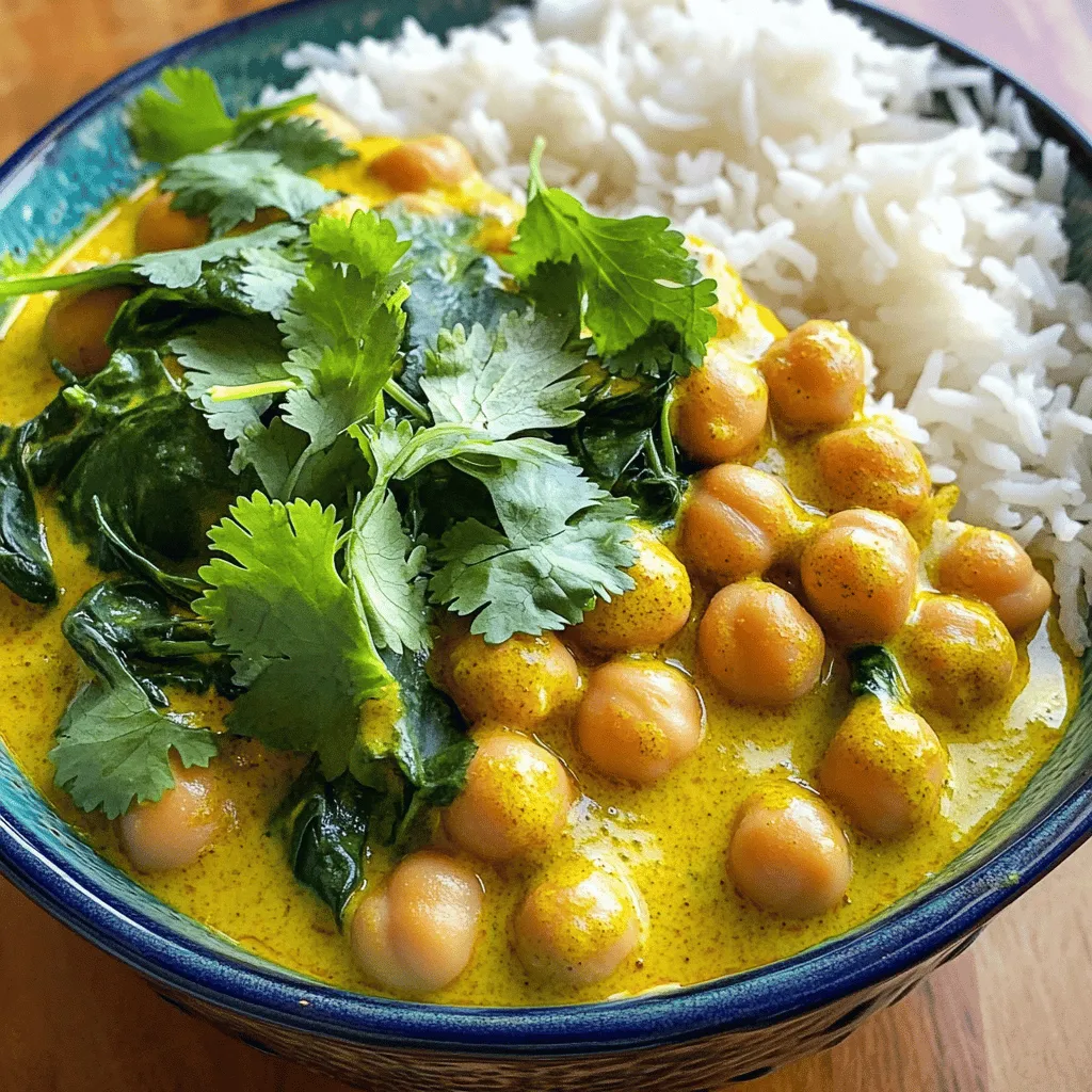For a tasty chickpea curry, you need some key items. Here’s what you will need: - 2 cups canned chickpeas, rinsed and drained - 1 medium onion, finely chopped - 3 cloves garlic, minced - 1-inch piece of ginger, grated - 1 can (14 oz) coconut milk - 2 tablespoons tomato paste - 1 teaspoon turmeric powder - 1 teaspoon cumin seeds - 1 teaspoon coriander powder - 1 teaspoon garam masala - 1 tablespoon olive oil - 1 cup fresh spinach - Salt and pepper to taste - Fresh cilantro for garnish - Cooked basmati rice or naan, for serving These ingredients work together to create a rich and creamy dish. You can add more flavors to your chickpea curry. Here are some ideas: - Chili powder or fresh chilies for heat - Bell peppers or carrots for extra texture - Lemon juice or zest for brightness - Peas or potatoes for heartiness Feel free to mix and match these add-ins based on your taste. Chickpeas are packed with protein and fiber. They help keep you full and satisfied. Coconut milk adds healthy fats, making the dish creamy. Onions and garlic boost flavor and provide antioxidants. Spinach adds vitamins, making this meal healthy. Overall, this chickpea curry not only tastes great but is good for you, too. For the full recipe, check out the detailed instructions above. Start by heating olive oil in a large pot over medium heat. Add cumin seeds and let them cook for about 30 seconds. You want them to smell nice and fragrant. Then, toss in the chopped onion. Sauté it until it gets soft and translucent, around 5 to 7 minutes. Next, add the minced garlic and grated ginger. Cook these for 1 to 2 minutes until they become aromatic. This step builds a great base for your curry. Now it's time to add spices. Mix in turmeric, coriander powder, and tomato paste. Stir well for about 2 minutes. This helps the spices release their flavors. You want the color to brighten up, showing that they are well combined. This is where your curry gets its warm flavor and rich color. Next, add the rinsed chickpeas and pour in the coconut milk. Bring this mixture to a gentle simmer. Season with salt and pepper to taste. Let it simmer for about 15 to 20 minutes. This will let all the flavors blend together. Finally, stir in the fresh spinach and garam masala. Cook for another 5 minutes until the spinach wilts. Taste the curry and adjust the seasoning if needed. Your chickpea delight curry is now ready to serve hot! For the full recipe, check out the complete cooking instructions. To make the best chickpea curry, choose fresh ingredients. Fresh spices add more flavor. I recommend using canned chickpeas for easy prep. Rinse them well to remove extra salt. Sauté the onions until they’re soft and sweet. This step builds a strong base. Don't rush the cooking; let the spices bloom. You can easily adjust spice levels in your chickpea curry. If you like it spicy, add more garam masala or fresh chili. For a milder dish, use less chili and more coconut milk. Taste as you go; this helps you find the right balance. Remember, you can always add but can’t take away! Cooking techniques matter for flavor. Start with a hot pot to get a good sear on your onions. Use a wooden spoon to scrape up any bits stuck to the pot. This adds depth to your curry. Simmering the curry gently allows flavors to meld. For a thicker sauce, let it cook longer. Try the Full Recipe for more details on these techniques. {{image_2}} You can easily make chickpea curry vegan. Use plant-based coconut milk for creaminess. This dish already uses chickpeas, which are naturally vegan. You can also add tofu for extra protein. Try adding more veggies like bell peppers or zucchini. They add color and nutrition. Chickpea curry is naturally gluten-free. Just be sure to check all labels. The spices and ingredients should not have gluten. Serve it with rice or gluten-free naan. This way, everyone can enjoy the meal without worry. Chickpea curry varies by region. In India, you might find more spices like mustard seeds or curry leaves. In North Africa, they may add dried fruits for sweetness. Middle Eastern recipes often include tahini or lemon juice. Each version offers unique flavors and textures to explore. For the full recipe, check out Chickpea Delight Curry . Store leftover chickpea curry in an airtight container. Let it cool down to room temperature first. This helps keep the flavors fresh. You can keep it in the fridge for up to three days. If you want it to last longer, consider freezing it. To reheat chickpea curry, use a small pot on low heat. Stir it often to avoid sticking. You can also microwave it. Place it in a bowl, cover loosely, and heat for 2-3 minutes. Check if it’s hot throughout before serving. Freezing chickpea curry is simple. Pour it into freezer-safe bags or containers. Leave some space at the top for expansion. Label the bags with the date. You can freeze chickpea curry for up to three months. When ready to use, thaw it overnight in the fridge before reheating. This way, you enjoy a tasty meal anytime. For the full recipe, see the sections above. You can serve chickpea curry with basmati rice or naan. Both pair well with the rich flavors. For a complete meal, add a side of cucumber salad or yogurt. These cool dishes balance the spices. You could also enjoy it with quinoa or cauliflower rice for a twist. Yes, you can use dried chickpeas. Start by soaking them overnight. This softens them for cooking. After soaking, boil them until tender, which takes about 1 to 1.5 hours. This method adds a deeper flavor to your curry. Just remember to adjust your cooking times, as dried chickpeas take longer to cook than canned. Homemade chickpea curry lasts about 3 to 5 days in the fridge. Keep it in an airtight container to maintain freshness. If you notice any off smell or change in texture, it's best to discard it. Enjoy your chickpea curry while it’s fresh for the best taste! For longer storage, consider freezing it. For the complete cooking instructions, check out the Full Recipe. To make Chickpea Delight Curry, start with the ingredients. You need: - 2 cups canned chickpeas, rinsed and drained - 1 medium onion, finely chopped - 3 cloves garlic, minced - 1-inch piece of ginger, grated - 1 can (14 oz) coconut milk - 2 tablespoons tomato paste - 1 teaspoon turmeric powder - 1 teaspoon cumin seeds - 1 teaspoon coriander powder - 1 teaspoon garam masala - 1 tablespoon olive oil - 1 cup fresh spinach - Salt and pepper to taste - Fresh cilantro for garnish - Cooked basmati rice or naan, for serving Now, let's cook! First, heat olive oil in a large pot over medium heat. Add cumin seeds and sauté for about 30 seconds until fragrant. Next, add the chopped onion. Sauté until it turns translucent, about 5-7 minutes. Stir in the minced garlic and grated ginger, cooking for another 1-2 minutes until fragrant. Then, mix in turmeric, coriander powder, and tomato paste. Stir well for about 2 minutes to combine the spices. Add the chickpeas and pour in the coconut milk. Bring the mixture to a gentle simmer. Season with salt and pepper, and let it simmer for about 15-20 minutes. After that, stir in the fresh spinach and garam masala. Cook for another 5 minutes until the spinach wilts. Taste and adjust seasoning if needed. Serve the chickpea curry hot, garnished with fresh cilantro, alongside basmati rice or naan. Each serving of Chickpea Delight Curry is packed with nutrients. Here’s what you get: - Calories: 350 - Protein: 12g - Carbohydrates: 35g - Fiber: 10g - Fat: 18g This dish is rich in plant-based protein, making it a great choice for vegans and vegetarians. It also offers healthy fats from the coconut milk. You can easily customize this curry to your taste. Here are some ideas: - Add more veggies: Include bell peppers, zucchini, or carrots for extra nutrition. - Spice it up: Add chili powder or fresh green chilies if you like heat. - Herbs: Fresh basil or mint can add a unique flavor twist. - Protein swap: Try adding tofu or chicken for different protein options. Feel free to experiment and make this dish your own! For the full recipe, refer back to the details above. Chickpea curry is easy and tasty. We discussed the key ingredients, step-by-step cooking, and useful tips. You learned how to adjust spice levels and explore variations based on your needs. Storing leftovers is simple, allowing you to enjoy your curry later. Always remember, you can customize the flavors to suit your taste. Make your own chickpea curry, and enjoy a healthy meal that fits your lifestyle. Taste the joy in every bite!