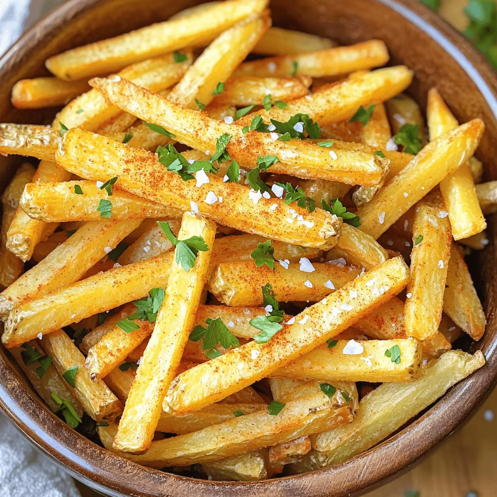 - 4 large russet potatoes - 2 tablespoons olive oil - 1 teaspoon garlic powder - 1 teaspoon paprika - 1 teaspoon sea salt - 1/2 teaspoon black pepper - 1 tablespoon fresh parsley, chopped (for garnish) To make crispy air fryer French fries, you need simple, fresh ingredients. Start with russet potatoes. They have the right starch for crispiness. Olive oil helps the fries brown nicely. The garlic powder and paprika add great flavor. Sea salt and black pepper bring out the taste. Finally, fresh parsley adds a pop of color. Gather these ingredients and have fun cooking! For the complete details, check the Full Recipe. Start by washing the russet potatoes under cold water. Use a scrub brush to remove dirt. Next, peel the potatoes with a vegetable peeler. This helps the fries get crispy. Now, cut the potatoes into even strips. Aim for about 1/4 inch thick pieces. Even sizes help them cook uniformly. Soaking the cut potatoes in cold water is key. This step removes excess starch, which can cause sogginess. Let them soak for at least 30 minutes. After soaking, drain the potatoes well. Use a clean kitchen towel to pat them dry. Make sure they are completely dry. Moisture will ruin the crispiness. In a large mixing bowl, toss the dried potato strips with olive oil. Use about 2 tablespoons of oil. Then, add 1 teaspoon each of garlic powder, paprika, sea salt, and 1/2 teaspoon of black pepper. Mix well until every strip is evenly coated. This ensures great flavor in every bite. Preheat your air fryer to 375°F (190°C) for about 5 minutes. This helps get a nice golden color. Place the seasoned fries in the air fryer basket in a single layer. If needed, cook in batches. Cook the fries for 15-20 minutes. Shake the basket halfway through cooking. This helps them cook evenly. Look for a golden brown color and a crispy texture. To get fries that are crispy, soak the potato strips in cold water. I recommend soaking them for at least 30 minutes. This helps remove starch, which can make fries soggy. After soaking, drain the potatoes and pat them dry. Moisture will ruin your crispiness, so make sure they are really dry. Enhancing flavors is easy. You can add spices like cayenne pepper for heat or onion powder for depth. Try mixing different spices to create your own blend. A good mix could include Italian herbs for a twist. Experiment and find what you love! French fries taste great with dipping sauces. Ketchup is a classic choice, but you might like mayo or ranch dressing too. For side dishes, pair your fries with a fresh salad or a burger. These options will make your meal complete! {{image_2}} You can easily switch up the flavors of your fries. One fun option is adding cheese seasoning. Just sprinkle some cheese powder on the fries before you air fry them. This gives a rich, cheesy taste. Another option is to make spicy fries. You can add chili powder for a kick. Just mix it in with the other seasonings. This will make your fries stand out. If you're looking for a healthier option, sweet potatoes work great. They add a nice sweetness and color to your fries. They also pack more nutrients than regular russet potatoes. Another way to lower fat is by baking instead of air frying. Simply coat your fries lightly with olive oil and bake them in the oven. This method still gives you a tasty result with less fat. To keep your leftover fries fresh, store them in the fridge. Use airtight containers. This helps prevent them from becoming soggy. I recommend glass or plastic containers with tight lids. They work best for keeping your fries crisp. If you plan to eat them later, try to store them within two hours of cooking. To reheat your fries and keep them crispy, use the air fryer again. Set it to 350°F (175°C). Place the fries in the basket and heat for about 5-7 minutes. This method brings back their crunch. Avoid using the microwave. It makes fries soggy and soft. If you must use the microwave, heat them for a short time on low power, but only as a last resort. Soak the potatoes for at least 30 minutes. This time helps to remove extra starch. Less starch means crispier fries. If you soak too long, they can become too soft. So, stick to the 30-minute rule for the best results. Yes, you can use frozen fries in an air fryer. They cook quickly and are easy to use. Fresh fries taste better, as they are crunchier. Frozen fries may not achieve the same crispiness. If you choose frozen, check the cooking time on the package. Olive oil is a great choice for air frying. It adds flavor and helps achieve a nice crisp. Other good options are avocado oil and canola oil. Each has a high smoke point, making them safe for cooking. Choose an oil that suits your taste and diet. Fries may not be crispy due to excess moisture. Always dry your potatoes well after soaking. Also, avoid overcrowding the basket. Air needs to circulate for even cooking. Lastly, check your cooking time and temperature. If they are too thick, they may need longer to cook. To make crispy air fryer fries, we covered key steps. You learned how to prepare and soak potatoes. We mixed them with flavor-packed seasonings and cooked them to golden perfection. Remember, soaking helps with crispiness, while drying is just as important. Explore adding your favorite spices or try sweet potatoes for variety. Store any leftovers in the fridge and reheat to keep them crispy. With these tips, you'll whip up perfect fries every time. Enjoy your delicious creations!