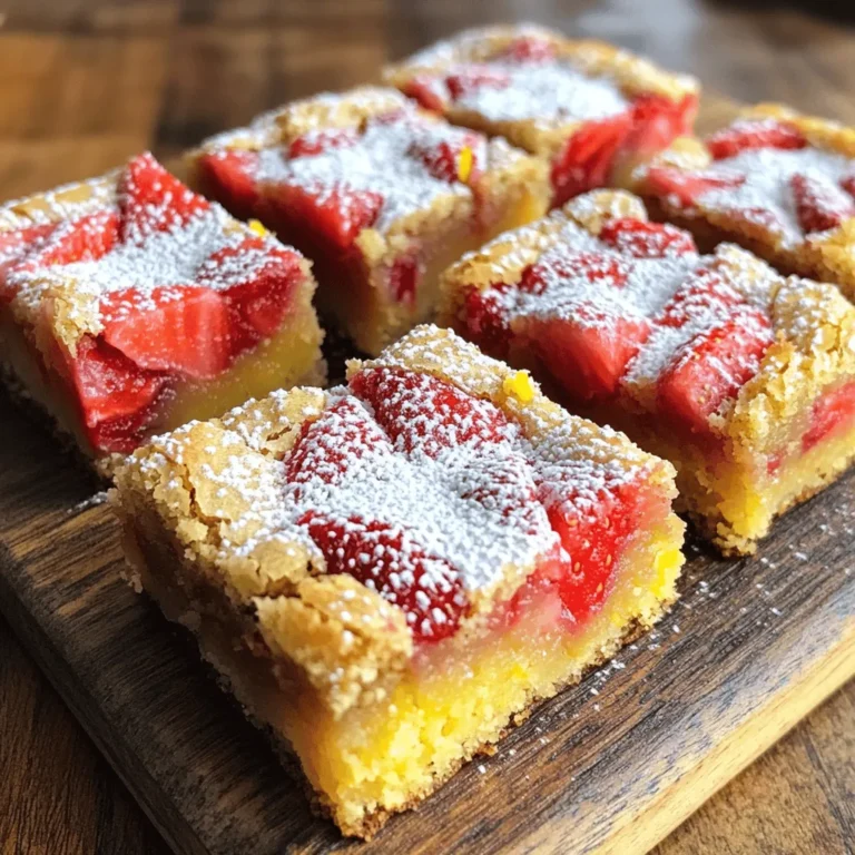 To make your strawberry lemon blondies, gather these key ingredients: - 1 cup unsalted butter, melted - 1 cup brown sugar - 1/2 cup granulated sugar - 3 large eggs - 2 teaspoons vanilla extract - 2 cups all-purpose flour - 1 teaspoon baking powder - 1/2 teaspoon salt - Zest of 1 lemon - 1 cup fresh strawberries, diced - 1/2 cup lemon juice (freshly squeezed) These ingredients create a sweet and tangy treat that is easy to bake. You can add extra taste with these optional ingredients: - Powdered sugar for dusting - A pinch of cinnamon for warmth - Chopped nuts for crunch These additions can make your blondies even more special. If you need to swap some ingredients, here are my suggestions: - Use coconut oil instead of butter for a dairy-free option. - Replace brown sugar with coconut sugar for a healthier choice. - Use almond flour instead of all-purpose flour for gluten-free blondies. These swaps can help fit your diet while keeping the flavor. You can find the full recipe for more details on how to make these delicious strawberry lemon blondies. First, gather all your ingredients. This makes the process smooth and fun. You will need: - 1 cup unsalted butter, melted - 1 cup brown sugar - 1/2 cup granulated sugar - 3 large eggs - 2 teaspoons vanilla extract - 2 cups all-purpose flour - 1 teaspoon baking powder - 1/2 teaspoon salt - Zest of 1 lemon - 1 cup fresh strawberries, diced - 1/2 cup lemon juice (freshly squeezed) - Powdered sugar for dusting (optional) Next, preheat your oven to 350°F (175°C). This ensures your blondies bake evenly. Grease a 9x13 inch pan or line it with parchment paper to make removal easy. In a large bowl, mix the melted butter, brown sugar, and granulated sugar. Stir until well combined. Then, add the eggs and vanilla extract. Whisk until everything blends well. In another bowl, whisk together the flour, baking powder, salt, and lemon zest. This helps distribute the dry ingredients evenly. Gradually add this mixture to the wet ingredients. Mix until just combined to avoid tough blondies. Now, gently fold in the diced strawberries and lemon juice. Be careful not to overmix; you want those strawberries to stay intact. Pour the batter into your prepared pan, spreading it evenly. Bake for 25 to 30 minutes. Check doneness by inserting a toothpick into the center. It should come out clean. Avoid overbaking for that fudgy texture. Let the blondies cool in the pan for about 10 minutes. This makes them easier to handle. Then, transfer them to a wire rack to cool completely. Once cooled, dust with powdered sugar if you like. Cut into squares and enjoy! For a treat, serve them warm with a scoop of vanilla ice cream. For the full recipe, check out the details above. To get the best texture in your strawberry lemon blondies, start with room-temperature eggs. Cold eggs can cause the batter to be uneven. Mix the butter and sugars well, but don't overmix the batter after you add the flour. This helps keep them soft and chewy. Bake until just set; a toothpick should come out with a few moist crumbs, not clean. This keeps your blondies fudgy and delightful. To amp up the flavor, use fresh strawberries and real lemon juice. Fresh fruit gives a bright taste. You can also add a pinch of sea salt to enhance the sweetness. If you want a twist, try adding a bit of almond extract. It pairs well with strawberries and lemon. For a zesty kick, increase the lemon zest slightly. This will give your blondies a refreshing burst of flavor. One common mistake is overbaking. This dries out the blondies, so watch them closely. Another mistake is not measuring the flour correctly, which can lead to a dry texture. Use a kitchen scale if you can. Make sure to fold the strawberries gently into the batter. Overmixing can break them down too much. Lastly, be patient when cooling them. Cutting them too soon can cause them to fall apart. For the full recipe, check out the complete details above. {{image_2}} You can switch up the fruit in these blondies. Try raspberries for a tart twist. Blueberries add a sweet burst of flavor. Even peaches can work well in the summer. Use whatever fruit you like. Just make sure to chop it small. This keeps the texture even and light. If you prefer less sweetness, reduce the brown sugar. You can cut it by a half cup. This change keeps the blondies tasty but less sugary. For more sweetness, add a bit more sugar. Taste the batter before baking to find your perfect balance. Making these blondies gluten-free is simple. Substitute all-purpose flour with almond or oat flour. Both work well and add unique flavors. Be sure to check your baking powder too. Some brands may contain gluten. Enjoy a delicious treat that fits your needs! For the complete recipe, see the Full Recipe section. To keep your strawberry lemon blondies fresh, use an airtight container. This will stop moisture from getting in. You can also wrap them in plastic wrap. If you want to keep them longer, freeze them. Just slice them first for easy use later. When stored at room temperature, these blondies last for about three days. If you store them in the fridge, they can stay good for about a week. In the freezer, they can last for up to three months. Just remember to label them with the date! To reheat, take a blondie out and let it sit at room temperature for a few minutes. You can warm it in the microwave for about 10-15 seconds. This brings back the soft, gooey center. If you prefer a crispy top, pop it in the oven at 350°F for a few minutes. Enjoy your sweet treat! For the complete recipe, check out the Full Recipe section. Yes, you can use frozen strawberries. Just make sure to thaw and drain them first. This helps keep the batter from getting too wet. Frozen berries also change the texture slightly. They may not hold their shape like fresh strawberries. But they still add great flavor. To check if the blondies are done, insert a toothpick into the center. If it comes out clean, the blondies are ready. If you see wet batter, bake for a few more minutes. Aim for a slight golden edge. This means they are cooked but still fudgy inside. Yes, you can make these blondies ahead of time. They taste great after a day or two. Just store them in an airtight container. Keep them at room temperature. For longer storage, freeze them. Wrap each piece in plastic wrap, then place in a freezer bag. They will last for up to three months. In this blog post, we covered essential and optional ingredients for your recipe. We explained how to prepare ingredients and the baking process. You learned tips for perfect texture and flavor, along with common mistakes to avoid. We explored different variations and storage tips, ensuring your treats last. In the end, I hope you feel ready to bake with confidence. Enjoy crafting delicious blondies your way!