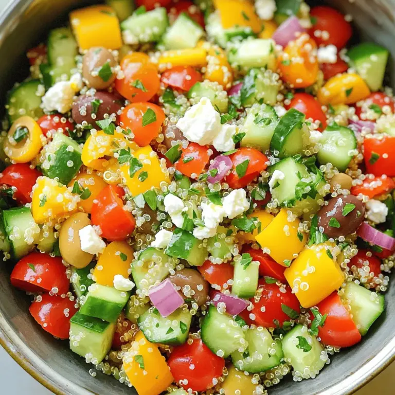 To make a great Mediterranean quinoa salad, you need fresh and tasty ingredients. Here’s what you should gather: - 1 cup quinoa, rinsed - 2 cups vegetable broth - 1 bell pepper (red or yellow), diced - 1 cucumber, diced - 1 cup cherry tomatoes, halved - 1/4 red onion, finely chopped - 1/2 cup Kalamata olives, pitted and sliced - 1/2 cup feta cheese, crumbled - 1/4 cup fresh parsley, chopped - 1/4 cup olive oil - 2 tablespoons lemon juice - 1 teaspoon dried oregano - Salt and pepper to taste These ingredients work together to create a colorful dish. The quinoa acts as a fluffy base, while veggies add crunch. Feta cheese brings creaminess and a salty kick. You can make your salad even better by adding more ingredients. Some tasty options include: - Chickpeas for extra protein - Avocado for creaminess - Sun-dried tomatoes for a sweet touch - Artichoke hearts for a unique flavor - Fresh mint or basil for a fresh twist Feel free to mix and match according to your taste. These add-ins can enhance the salad's flavor and texture, making it more fun to eat. Using seasonal ingredients can make your salad taste even fresher. Here are some ideas: - Spring: Add asparagus or radishes for a crisp bite. - Summer: Try zucchini or fresh corn for sweetness. - Fall: Use roasted butternut squash for warmth. - Winter: Include kale or Brussels sprouts for a hearty feel. These seasonal choices not only boost flavor but also keep your salad exciting all year long. For the full recipe, check out [Full Recipe]. How to Rinse and Prepare Quinoa To start, measure one cup of quinoa. Place it in a fine mesh strainer. Rinse it under cold water for about two minutes. This helps remove the bitter coating. Now, add the rinsed quinoa to a medium saucepan. Pour in two cups of vegetable broth. Bring the mix to a boil over medium-high heat. Once it boils, lower the heat. Cover the pot and let it simmer for about 15 minutes. The quinoa should absorb all the broth and look fluffy. Remove it from the heat, let it cool slightly, and fluff it with a fork. Mixing the Vegetables and Dressing In a large bowl, gather your fresh veggies. Dice one bell pepper and one cucumber. Halve one cup of cherry tomatoes. Finely chop a quarter of a red onion. Slice half a cup of Kalamata olives. Crumble half a cup of feta cheese. Combine all these ingredients in the bowl. In a separate small bowl, whisk together a quarter cup of olive oil and two tablespoons of lemon juice. Add one teaspoon of dried oregano, salt, and pepper to taste. Pour this dressing over your veggies and mix well. Finally, add the cooked quinoa to the large bowl. Toss gently to combine everything. Best Practices for Flavors to Meld After mixing, fold in a quarter cup of chopped parsley. Let your salad rest for at least 30 minutes. This wait allows the flavors to meld together. For serving, use a large dish or individual bowls. Garnish with more parsley and lemon wedges. Drizzle extra olive oil if you want. This salad is fresh, colorful, and bursting with flavor. It’s perfect for any meal. You can find the full recipe for Mediterranean Quinoa Salad in the previous section. You can change this salad to fit your taste. If you want to swap out the feta, try goat cheese or skip cheese altogether. Use different veggies like zucchini or carrots for a fresh twist. You can add beans for protein, too! Chickpeas or black beans work well here. If you like spice, toss in some diced jalapeños or a sprinkle of red pepper flakes. Meal prep makes busy days easier. You can cook the quinoa ahead of time. Store it in the fridge for up to four days. Chop the veggies and keep them in separate containers. This way, you can mix everything when you are ready to eat. You can also prepare the dressing in advance. Just shake it up before adding it to your salad. This can save you time and keep the flavors fresh. Seasoning is key to a tasty salad. Salt and pepper enhance all the flavors. You can also add fresh herbs like basil or mint. A dash of balsamic vinegar adds a sweet tang. If you want more zesty flavor, add more lemon juice. Taste as you go to find the right balance. A well-seasoned salad makes every bite delicious. For more details, check out the Full Recipe. {{image_2}} You can easily change up this salad. For a vegetarian twist, add chickpeas. They boost protein and fiber. For meat lovers, grilled chicken is a great choice. It adds heartiness and flavor. Just chop the chicken into bite-sized pieces. Mix it in after you combine the veggies. Both options make the salad filling and delicious. This salad is naturally gluten-free. Quinoa is a great option for those with gluten issues. To make it vegan, skip the feta cheese. You can add avocado instead. This adds creaminess and healthy fats. For a different taste, try roasted nuts or seeds. They add crunch and flavor without animal products. The dressing can change the whole salad. While olive oil and lemon juice work great, feel free to experiment. Try a lemongrass dressing for a fresh taste. Tahini adds a nutty flavor that pairs well with the veggies. Balsamic vinegar brings sweetness and depth. Choose a dressing that matches your mood or meal. You can find the full recipe for more ideas. To store your Mediterranean quinoa salad, place it in an airtight container. Make sure the lid seals tightly. This keeps the salad fresh and prevents odors from other foods. Refrigerate the container right away. It is best to eat leftovers within three to five days. Avoid letting the salad sit out at room temperature for too long. When reheating quinoa salad, keep the ingredients fresh. You can eat it cold for a bright, crisp taste. If you prefer it warm, heat it gently in a pan. Add a splash of water or olive oil to prevent sticking. Stir often and heat just until warm. This way, you keep the flavors intact. Mediterranean quinoa salad stays fresh in the fridge for about three to five days. After this time, the vegetables may lose their crunch. If you notice any off smells or sliminess, it's best to toss it. Always check for freshness before enjoying leftovers. Keeping track of dates helps you enjoy this tasty dish at its best. Yes, you can use different vegetables in this salad. Feel free to swap bell peppers with zucchini or add carrots. You could also use spinach instead of parsley. This salad is flexible, so use what you like or have on hand. Each choice brings new flavors and colors! Absolutely! Quinoa salad is great for meal prepping. Make a big batch and store it in the fridge. It will last for 3-5 days. The flavors will even get better as the salad sits. Just remember to keep the dressing separate until serving for the best taste. You can serve many dishes with Mediterranean quinoa salad. Here are some tasty ideas: - Grilled chicken or shrimp for added protein. - Hummus and pita for a fun side. - Roasted vegetables for a warm touch. - A light soup, like tomato basil, to complete the meal. These options enhance the salad and make a balanced plate. Enjoy your meal! This article covered how to make a Mediterranean quinoa salad. We discussed key ingredients, cooking tips, and serving ideas. You learned how to customize your salad and store leftovers safely. Embrace this tasty salad as a healthy option. Enjoy its flavors now and feel good about eating well!