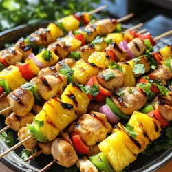 To make grilled pineapple chicken skewers, you need the following ingredients: - 1 lb chicken breast, cut into 1-inch cubes - 1 cup fresh pineapple chunks - 1 red bell pepper, cut into squares - 1 green bell pepper, cut into squares - 1 small red onion, cut into squares - 3 tablespoons soy sauce - 2 tablespoons honey - 1 tablespoon olive oil - 2 cloves garlic, minced - 1 teaspoon fresh ginger, grated - Salt and pepper to taste - Skewers (soaked in water if wooden) When preparing your ingredients, measure carefully. Use a sharp knife to cut the chicken and veggies into uniform pieces. This helps them cook evenly. For the marinade, whisk the soy sauce, honey, olive oil, garlic, ginger, salt, and pepper in a bowl until smooth. Marinate the chicken for at least 30 minutes for best flavor. If you have more time, marinate it up to 2 hours. This allows the flavors to soak in better. If you can’t find fresh pineapple, try using canned pineapple in juice. Drain it well before use. You can also swap chicken breast with chicken thighs for a juicier taste. For a vegetarian option, use firm tofu or mushrooms. For a fun twist, add zucchini or cherry tomatoes for extra color and flavor. First, we need to make the marinade. In a medium bowl, mix together soy sauce, honey, olive oil, minced garlic, grated ginger, salt, and pepper. This mix gives the chicken great flavor. Next, add the chicken cubes to the bowl. Make sure each piece gets covered in the marinade. Cover the bowl and place it in the fridge for at least 30 minutes. For even better flavor, let it marinate for up to 2 hours. This step is key for juicy, tasty chicken. While the chicken marinates, it’s time to prep the veggies and pineapple. Cut the red and green bell peppers and red onion into squares. Aim for similar sizes so they cook evenly. Also, cut your pineapple into chunks. Once everything is ready, grab your skewers. If you use wooden skewers, soak them in water for 30 minutes to prevent burning. This helps them last on the grill. Now, let’s fire up the grill! Preheat it to medium-high heat. While it heats, assemble your skewers. Alternate chicken, pineapple, and veggies on each skewer. This mix gives a colorful, tasty result. Once the grill is hot, oil the grates to stop sticking. Place the skewers on the grill and cook for about 12-15 minutes. Turn them occasionally for even cooking. The chicken should reach an internal temperature of 165°F. For extra flavor, brush on any leftover marinade during the last few minutes. When done, take them off the grill and let them rest for a few minutes. This helps keep them juicy. Check out the Full Recipe for detailed instructions. To get those beautiful grill marks, preheat your grill to medium-high heat. Oil the grates lightly to stop sticking. Place the skewers on the grill without moving them for about 4-5 minutes. Flip and repeat. The high heat creates the marks, making your dish look amazing. To keep chicken juicy, marinate it for at least 30 minutes. The soy sauce adds moisture and flavor. Use chicken breast, but don’t overcook it. Aim for an internal temperature of 165°F. Letting the skewers rest for a few minutes after grilling also helps lock in the juices. You can boost flavor by adding spices. Consider using smoked paprika or chili powder for a kick. Fresh herbs like cilantro or basil can also add a fresh touch. If you want a sweet twist, brush the skewers with a little honey during grilling. Check out the Full Recipe for more flavor ideas. {{image_2}} You can swap chicken for other proteins. Try shrimp for a lighter taste. Beef works great, too, adding a rich flavor. Tofu is perfect for a plant-based choice. Just make sure to adjust your marinating time for each type. Shrimp needs less time, while beef may need a bit more. For a vegetarian twist, use hearty vegetables. Zucchini, mushrooms, and eggplant grill well. You can also add firm tofu or tempeh for protein. If you're vegan, replace honey with maple syrup. This keeps the sweet flavor while being plant-friendly. These options still give you that great grilled taste. Get creative with your marinades! Try adding lime juice for a fresh zing. Teriyaki sauce can bring a sweet and savory kick. You can use a mix of herbs like thyme or basil for extra flavor. Experimenting with spices like cumin or paprika adds depth. Each change gives your skewers a new twist. For more ideas, check out the Full Recipe. After enjoying your grilled pineapple chicken skewers, you may have some left. To store them, let the skewers cool to room temperature. Then, place them in an airtight container. This keeps them fresh for up to three days in the fridge. If you want to save them longer, consider freezing. For freezing, remove the skewers from their container. Wrap them tightly in plastic wrap, then aluminum foil. This prevents freezer burn and keeps the flavors intact. Store them in the freezer for up to three months. When you’re ready to eat, thaw them in the fridge overnight. To reheat the skewers, you have a few options. You can use an oven, stovetop, or microwave. For the oven, preheat it to 350°F. Place the skewers on a baking sheet and heat for about 10-15 minutes. For the stovetop, heat a pan over medium heat and warm the skewers for about 5-7 minutes. If you use a microwave, cover the skewers with a damp paper towel and heat in short bursts until warm. These methods help keep the chicken juicy and the pineapple sweet. For the full recipe, check back to the main article! You should marinate the chicken for at least 30 minutes. This gives the chicken time to absorb flavors. For even better taste, try marinating for up to 2 hours. This longer soak adds depth and richness to your skewers. Yes, you can use canned pineapple in this recipe. However, fresh pineapple works best for flavor and texture. Canned pineapple is softer and has added juice. If you use it, drain well to avoid excess moisture. Grilled pineapple chicken skewers pair well with many side dishes. Here are a few ideas: - Rice: Jasmine or coconut rice adds a nice touch. - Salad: A light green salad with lemon vinaigrette complements the meal. - Grilled Vegetables: Grilled corn or zucchini enhances the summer vibe. - Dipping Sauces: Try a tangy barbecue sauce or a sweet chili sauce for extra flavor. For the full recipe, check the recipe section above. This blog post covered key tips for making delicious grilled chicken skewers. You learned about ingredients, how to prepare them, and the steps to grill them perfectly. I shared tips for keeping chicken juicy and ways to make it extra tasty. You also discovered variations, like alternatives for proteins and vegetarian options. Remember to store leftovers correctly for later enjoyment. Now you can impress your friends and family with your grilling skills! Enjoy the process and savor every bite. Happy cooking!